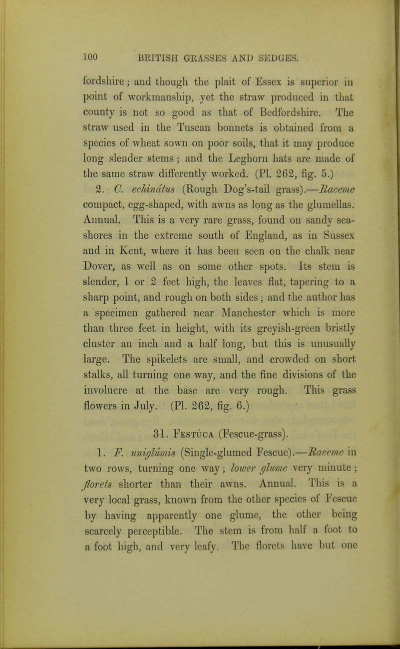 fordsliire; and though the plait of Essex is superior in point of workmanship, yet the straw produced in that county is not so good as that of Bedfordshire. The straw used in the Tuscan bonnets is obtained from a species of wlieat sown on poor soils, that it may produce long slender stems; and the Leghorn hats are made of the same straw differently worked. (PL 262, fig. 5.) 2. C. ecJdndtus (Rough Dog's-tail grass).—Raceme compact, egg-shaped, with awns as long as the glumellas. Annual. This is a very rare grass, fomid on sandy sea- shores in the extreme south of England, as in Sussex and in Kent, where it has been seen on the chalk near Dover, as well as on some other spots. Its stem is slender, 1 or 2 feet high, the leaves flat, tapering to a sharp point, and rough on both sides; and the author has a specimen gathered near Manchester which is more than three feet in height, with its greyish-green bristly cluster an inch and a half lono;, but this is unusuallv large. The spikelets are small, and crowded on short stalks, all turning one way, and the fine divisions of the involucre at the base are very rough. This grass flowers in July. (PI. 262, fig. 6.) 31. Festuca (Pescue-grass). 1. F. (Siugle-glumed Pescue).—Raceme m two rows, turning one way; lower glume very minute; florets shorter than their awns. Annual. This is a very local grass, known from the other species of Fescue by having apparently one glume, the other being scarcely perceptible. The stem is from half a foot to a foot high, and very leafy. The florets have but one