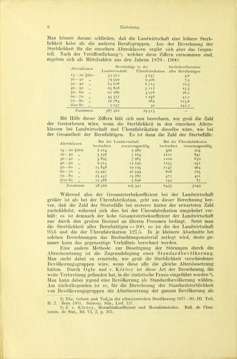 Man könnte daraus schließen, daß die Landwirtschaft eine höhere Sterb- hchlceit habe als die anderen Berufsgruppen. Aus der Bei'echnung der Sterblichl^eit für die einzelnen Altersklassen ergibt sich aber das Gegen- teil. Nach der Veröffentlichung!), welcher diese Ziffern entnommen sind, ergeben sich als Mittelzahlen aus den Jahren 1879—1900: Altersklassen Berufstätige in der Sterbekoeffizienten Landwirtschaft Uhrenfabrikation aller Berufstätigen 15—20 Jahre 53 972 3 637 4,6 20-30 „ 79 590 9 406 7,5 30—40 „ 64 608 6 713 10,3 40—50 „ 65 808 5 112 15,5 50—60 „ 61 286 3078 26,1 60—70 „ 43 377 1 248 51,1 70—80 16784 289 IIS/' über 80 2 037 30 241,2 Zusammen 387 462 29 513 Mit Hilfe dieser Ziffern läßt sich nun berechnen, wie groß die Zahl der Gestorbenen wäre, wenn die Sterblichkeit in den einzelnen Alters- klassen liei Landwirtschaft und Uhrenfabrikation dieselbe wäre, wie bei der Gesamtheit der Berufstätigen. Es ist dann die Zahl der Sterbefälle: Bei der Landwirtschaft Bei der Uhrenfabrikation beobachtet erwartungsmäßig beobachtet erwartungsmäßig 15 — 20 Jahre 2214 2980 306 204 20—30 „ 5 238 7 164 1211 847 30—40 „ 5895 7985 1109 830 40—50 „ 9514 12240 • 1233 951 50—60 „ 15 848 19 195 1147 964 60—70 „ 23 927 26 599 808 765 70—80 25 442 23 282 472 401 über 80 „ 10488 5896 149 87 Zusammen 98 566 105 341 6435 5049 Während also der Gesamtsterbekoeffizient bei der Landwirtschaft größer ist als bei der Uhrenfabrikation, geht aus diesei- Berechnung her- vor, daß die Zahl der Sterbefälle l)ei ersterer hinter der erwarteten Zahl zurückbleibt, während sich dies bei der Uhrenfabrikation umgekehrt ver- hält; es ist demnach der hohe Gesamtsterbekoeftizient der Landwirtschaft nur durch den großen Bestand an älteren Personen bedingt. Setzt man die Sterblichkeit aller Berufstätigen = 100, so ist die der Landwirtschaft 93,6 und die der Uhrenfabrikation 127,5. In je kleinere Abschnitte bei solchen Bei'echnungen das Beobachtungsmaterial zerlegt wird, desto ge- nauer kann das gegenseitige Verhältnis berechnet werden. Eine andere Methode zur Beseitigung der Störungen durch die Altersbesetzung ist die Zugrundelegung einer Standardbevölkerung. Man sucht dabei zu ermitteln, wie groß die Sterblichkeit verschiedener Bevölkerungsgruppen wäre, wenn diese alle die gleiche Altersbesetzung hätten. Durch Ogle und v. Körösy ist diese Art der Berechnung, die weite Verbreitung gefunden hat, in die statistische Praxis eingeführt worden -). Man kann dabei irgend eine Bevölkerung als Standardbevölkerung wählen. Am nächstliegenden ist es, für die Berechnung der Standardsterblichkeit von Bevölkerungsgruppen die Alterbesetzung der ganzen Bevölkerung als 2) Ehe, Gebtirt nnd Tod^in der sdiweizerischen Bevölkerung 1877—90, III. Teil, H. 2. Bern 1903. Schweiz. Stat, Lief. 137. 2) J. V. Körösy, Mortalitätkoeffizient und Mortalitätsindex. Bull, de l'Inst. intern, de Stat., Bd. VI, 2, p. 305.