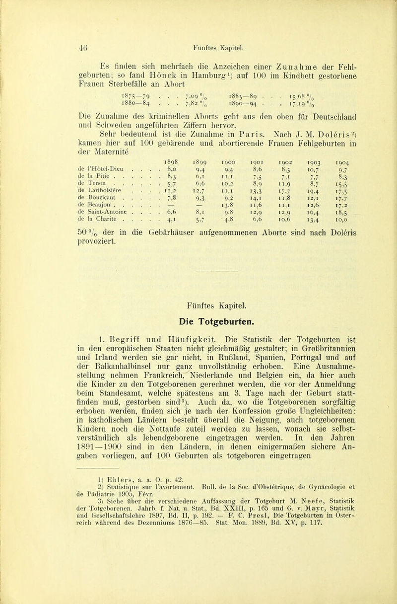 Es finden sich raelirfach die Anzeichen einer Zunahme der Fehl- geburten; so fand Hönck in Hamburg i) auf 100 im Kindbett gestorbene Frauen Sterbefälle an Abort 1875—79 . . . 7,09 »/„ 1885-89 . . . 15,68% 1880-84 • • • 7,82% 1890-94 • . . 17,19 7o Die Zunahme des kriminellen Aborts geht aus den oben für Deutschland und Schweden angeführten Ziffern hervor. Sehr bedeutend ist die Zunahme in Paris. Nach J. M. Doleris^) kamen hier auf 100 gebärende und abortierende Frauen Fehlgeburten in der Maternite i8g8 1899 1900 igoi 1902 1903 1904 de l'Hotel-Dieu .... 8,0 9,4 9,4 8,6 8,5 10,7 9,7 de la Pitie 8,3 b,i ii,i 7,5 7,1 7,7 8,3 de Tenon 5,7 6,6 10,2 8,9 11,9 8,7 15,5 de Lariboisiere .... 11,2 12,7 11,1 13,3 17,7 19,4 17,5 de Boucicaut 7,8 9,3 9,2 14,1 11,8 12,1 17,7 de Beaujon — — 13,8 11,6 11,l 12,6 17,2 de Saint-Antoine .... 6,6 8,i 9,8 12,9 12,9 16,4 18,5 de la Charite 4,1 5,7 4,8 6,6 10,6 13,4 io,o 50% der in die Gebärhäuser aufgenommenen Aborte sind nach Doleris provoziert. Fünftes Kapitel. Die Totgeburten. 1. Begriff und Häufigkeit. Die Statistik der Totgeburten ist in den europäischen Staaten nicht gleichmäßig gestaltet; in Großbritannien und Irland werden sie gar nicht, in Rußland, Spanien, Portugal und auf der Balkanhalbinsel nur ganz unvollständig erhoben. Eine Ausnahme- stellung nehmen Frankreich, Niederlande und Belgien ein, da hier auch die Kinder zu den Totgeborenen gerechnet werden, die vor der Anmeldung beim Standesamt, welche spätestens am 3. Tage nach der Geburt statt- finden muß, gestorben sind'^). Auch da, wo die Totgeborenen sorgfältig erhoben werden, finden sich je nach der Konfession große Ungleichheiten: in katholischen Ländern besteht tiberall die Neigung, auch totgeborenen Kindern noch die Nottaufe zuteil werden zu lassen, wonach sie selbst- verständlich als lebendgeborene eingetragen werden. In den Jahren 1891 —1900 sind in den Ländern, in denen einigermaßen sichere An- gaben vorliegen, auf 100 Geburten als totgeboren eingetragen 1) Ehlers, a. a. 0. p. 42. 2) Statistique sur ravortement. Bull, de la Soc. d'Obst^trique, de Gynäcologie et de Pädiatrie 1905, F6vr. 3) Siehe über die verschiedene Auffassung der Totgeburt M. Neefe, Statistik der Totgeborenen. Jahrb. f. Nat. u. Stat., Bd. XXIIl, p. 165 und G. v. Mayr, Statistik und Gesellschaftslehre 1897, Bd. II, p. 192. - F. C. Presl, Die Totgeburten in Öster- reich während des Dezenniums 1876—85. Stat. Mon. 1889, Bd. XV, p. 117.