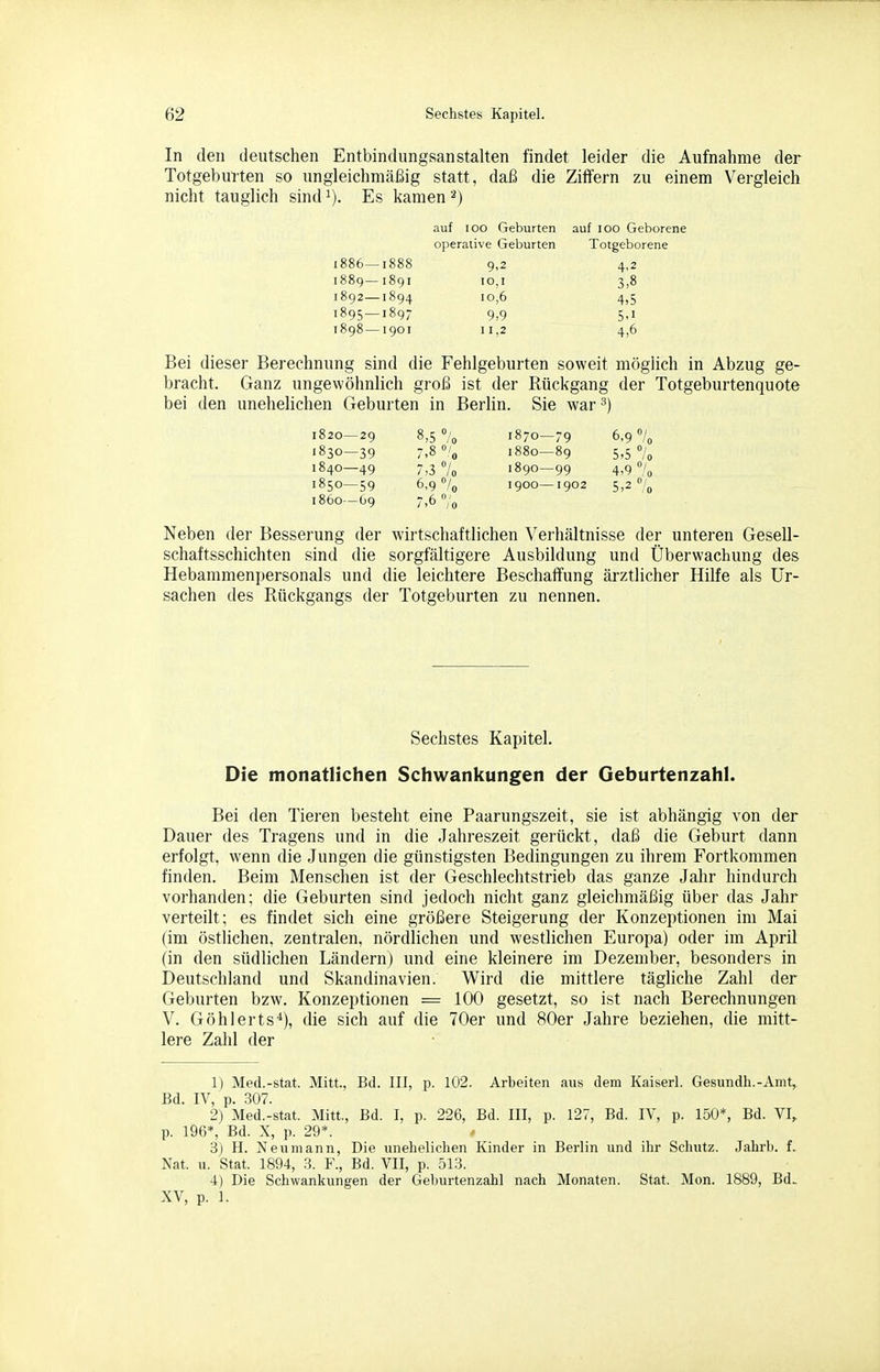 In den deutschen Entbindungsanstalten findet leider die Aufnahme der Totgeburten so ungleichmäßig statt, daß die Ziffern zu einem Vergleich nicht tauglich sind^). Es kamen ^j auf loo Geburten auf loo Geborene operative Geburten Totgeborene 1886—1888 9,2 4,2 1889—1891 10,1 3,8 1892—1894 10,6 4,5 1895 —1897 9,9 5,1 1898—1901 11,2 4,6 Bei dieser Berechnung sind die Fehlgeburten soweit möglich in Abzug ge- bracht. Ganz ungewöhnlich groß ist der Rückgang der Totgeburtenquote bei den unehelichen Geburten in Berlin. Sie war 3) 1820-29 8,5% 1870-79 6,9 7o 1830-39 7,8% 1880-89 5,5 7o 1840—49 7,3 /„ 1890—99 4,9% 1850—59 6,9% 1900—1902 5,2% 1860 -69 7,6 7o Neben der Besserung der wirtschaftlichen Verhältnisse der unteren Gesell- schaftsschichten sind die sorgfältigere Ausbildung und Überwachung des Hebammenpersonals und die leichtere Beschaffung ärztlicher Hilfe als Ur- sachen des Rückgangs der Totgeburten zu nennen. Sechstes Kapitel. Die monatlichen Schwankungen der Geburtenzahl. Bei den Tieren besteht eine Paarungszeit, sie ist abhängig von der Dauer des Tragens und in die Jahreszeit gerückt, daß die Geburt dann erfolgt, wenn die Jungen die günstigsten Bedingungen zu ihrem Fortkommen finden. Beim Menschen ist der Geschlechtstrieb das ganze Jahr hindurch vorhanden; die Geburten sind jedoch nicht ganz gleichmäßig über das Jahr verteilt; es findet sich eine größere Steigerung der Konzeptionen im Mai (im östlichen, zentralen, nördlichen und westlichen Europa) oder im April (in den südlichen Ländern) und eine kleinere im Dezember, besonders in Deutschland und Skandinavien. Wird die mittlere tägliche Zahl der Geburten bzw. Konzeptionen = 100 gesetzt, so ist nach Berechnungen V. Göhl er ts*), die sich auf die 70er und 80er Jahre beziehen, die mitt- lere Zahl der 1) Med.-stat. Mitt, Bd. III, p. 102. Arbeiten aus dem Kaiserl. Gesundh.-Amt, Bd. IV, p. 307. 2) Med.-stat. Mitt, Bd. I, p. 226, Bd. III, p. 127, Bd. IV, p. 150*, Bd. VI,, p. 196*, Bd. X, p. 29*. 3) H. Neu mann, Die unehelichen Kinder in Berlin und ihr Schutz. Jahrb. L Nat. u. Stat. 1894, 3. F., Bd. VII, p. 513. 4) Die Schwankungen der Geburtenzahl nach Monaten. Stat. Mon. 1889, Bd- XV, p. 1.