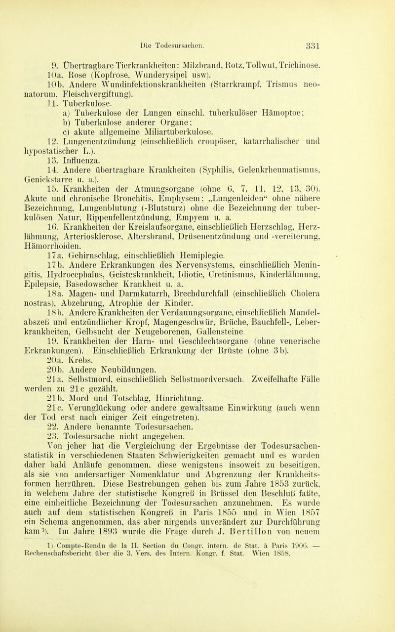 9. Übertragbare Tierkrankheiten: Milzbrand. Rotz, Tollwut, Trichinose. 10a. Rose (Kopfrose. Wunderysipel usw). 10b. Andere Wundinfektionskrankheiten (Starrkrampf, Trismus neo- natorum, Fleischvergiftung). 11. Tuberkulose. a) Tuberkulose der Lungen einschl. tuberkulöser Hämoptoe; b) Tuberkulose anderer Organe; c) akute allgemeine Miliartuberkulose. 12. Lungenentzündung (einschließlich croupöser, katarrhalischer und hypostatischer L.). 13. Influenza. 14. Andere übertragbare Krankheiten (Syphilis, Gelenkrheumatismus, Genickstarre u. a.). 15. Krankheiten der Atmungsorgane (ohne 6, 7, 11, 12, 13, 30). Akute und chronische Bronchitis, Emphysem: „Lungenleiden ohne nähere Bezeichnung, Lungenblutung (-Blutsturz) ohne die Bezeichnung der tuber- kulösen Natur, Rippenfellentzündung, Empyem u. a. 16. Krankheiten der Kreislaufsorgane, einschließlich Herzschlag, Herz- lähmung, Arteriosklerose, Altersbrand, Drüsenentzündung und -Vereiterung, Hämorrhoiden. 17 a. Gehirnschlag, einschließlich Hemiplegie. 17 b. Andere Erkrankungen des Nervensystems, einschließlich Menin- gitis, Hydrocephalus, Geisteskrankheit, Idiotie, Cretinismus, Kinderlähmung, Epilepsie, Basedowscher Krankheit u. a. 18 a. Magen- und Darmkatarrh, Brechdurchfall (einschließlich Cholera nostras), Abzehrung, Atrophie der Kinder. 18 b. Andere Krankheiten der Verdauungsorgane, einschließlich Mandel- abszeß und entzündlicher Kropf, Magengeschwür, Brüche, Bauchfell-, Leber- krankheiten, Gelbsucht der Neugeborenen, Gallensteine 19. Krankheiten der Harn- und Geschlechtsorgane (ohne venerische Ei'krankungen). Einschließlich Erkrankung der Brüste (ohne 3 b). 20a. Krebs. 20b. Andere Neubildungen. 21a. Selbstmord, einschließlich Selbstmordversuch. Zweifelhafte Fälle werden zu 21c gezählt. 21b. Mord und Totschlag, Hinrichtung. 21c. Verunglückung oder andere gewaltsame Einwirkung (auch wenn der Tod erst nach einiger Zeit eingetreten). 22. Andere benannte Todesursachen. 23. Todesursache nicht angegeben. Von jeher hat die Vergleichung der Ergebnisse der Todesursachen- statistik in verschiedenen Staaten Schwierigkeiten gemacht und es wurden daher bald Anläufe genommen, diese wenigstens insoweit zu beseitigen, als sie von andersartiger Nomenklatur und Abgrenzung der Krankheits- formen herrühren. Diese Bestrebungen gehen bis zum Jahre 18.53 zurück, in welchem Jahre der statistische Kongreß in Brüssel den Beschluß faßte, eine einheitliche Bezeichnung der Todesursachen anzunehmen. Es wurde auch auf dem statistischen Kongreß in Paris 1855 und in Wien 1857 ein Schema angenommen, das aber nii-gends unverändert zur Durchführung kam 1). Im Jahre 1893 wurde die Frage durch J. Berti Hon von neuem 1) Compte-Rendu de la II. Section du Congr. intern, de Stat. ä, Paris 1906. — Rechenschaftsbericht über die 3. Vers, des Intern. Kongr. f. Stat. Wien 1858.