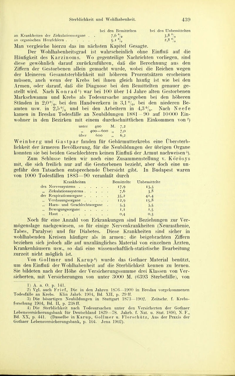 bei den Bemittelten bei den Unbemittelten an Krankheiten der Zirkulationsorgane . . ],k /o 3,8 /o an organischen Herzfehlern 5,' /o /o Man vergleiche liierzii das im nächsten Kapitel Gesagte. Der Wohlhabenheitsgrad ist wahrscheinlich ohne Einfluß auf die Häutigkeit des Karzinoms. Wo gegenteilige Nachrichten vorliegen, sind diese gewöhnlich darauf zurückzuführen, daß die Berechnung aus den Ziffern der Gestorbenen allein gemacht wurde, wobei flie Reichen wegen der kleineren Gesamtsterl)lichkeit mit höheren Prozentsätzen erscheinen müssen, auch wenn der Krebs bei ihnen gleich häufig ist wie bei den Armen, oder darauf, daß die Diagnose bei den Bemittelten genauer ge- stellt wird. Nach KonradM war bei 100 über 14 Jahre alten Gestorbenen Markschwamm und Krebs als Todesursache angegeben bei den höheren Ständen in 2,0%, bei den Handwerkern in 3,1 7o, bei den niederen Be- amten usw. in 2,5 7o und bei den Arbeitern in 4,3%. Nach Neefe kamen in Breslau Todesfälle an Neubildungen 1881 90 auf 10000 Ein- wohner in den Bezirken mit einem durchschnittlichen Einkommen von unter 400 M. 7,2 ,, 400—600 ,, 7,0 über 600 „ 6,2 Weinberg und Gasti)ar fanden für Gebärmiitterkrebs eine Übersterb- lichkeit der ärmeren Bevölkerung, für die Neubildungen der übrigen Organe konnten sie bei beiden Geschlechtern keinen Einfluß der Armut nachweisen^). Zum Schlüsse teilen wir noch eine Zusammenstellung v. Kö'rösys mit, die sich freilich nur auf die Gestorbenen bezieht, aber doch eine un- gefähr den Tatsachen entsprechende Übersicht gibt. In Budapest waren von 1000 Todesfällen 1883—90 veranlaßt durch Krankheiten Bemittelte Unbemittelte des Nervensystems 17,9 13,3 ,, Zirkulationssystems 7,6 3,8 der Respirationsorgane 35,2 41,4 Verdauungsorgane 12,9 15,8 ,, Harn- und Geschlechtsorgane . 5,3 3,5 ,, Bewegungsorgane 1,1 1,5 .. Haut 0,4 0,3 Noch für eine Anzahl von Erkrankungen sind Beziehungen zur Ver- mögenslage nachgewiesen, so für einige Nervenkrankheiten (Neurasthenie, Tabes, Paralyse) und für Diabetes. Diese Krankheiten sind sicher in wohlhabenden Kreisen häuhger als in armen; die beigebrachten Ziffern beziehen sich jedoch alle auf unzulängliches Material von einzelnen Ärzten, Krankenhäusern usw., so daß eine wissenschaftlich-statistische Bearbeitung zurzeit nicht möglich ist. Von Gollmer und Karup^) wurde das Gothaer Material benützt, um den Einfluß der Wohlhabenheit auf die Sterblichkeit kennen zu lernen. Sie bildeten nach der Höhe der Versicherungssumme drei Klassen von Ver- sicherten, mit Versicherungen von unter 3000 M. ((3393 Sterbefälle), von 1) A. a. 0. p. 141. 2) Vgl. auch Frief, Die in den Jahren 1876—1900 in Breslau vorgekommenen Todesfälle an Krebs. Klin Jahrb. 1904, Bd. XII, p. 29 ff. 3) Die bösartigen Neubildungen in Stuttgart 1873 —1902. Zeitschr. f. Krebs- forschung 1904, Bd. II, p. 238 ff. 4) Die Sterblichkeit nach Todesursachen unter den Versicherten der Gothaer Lehensversicherungsbank für Deutschland 1829—78. Jahrb. f. Nat. u. Stat. 1890, N. F., Bd. XX, p. 441. (Dasselbe in Karup, Gollmer u. Florschütz, Aus der Praxis der Gothaer Lebensversicherungsbank, p. 1U4. Jena 19U2).
