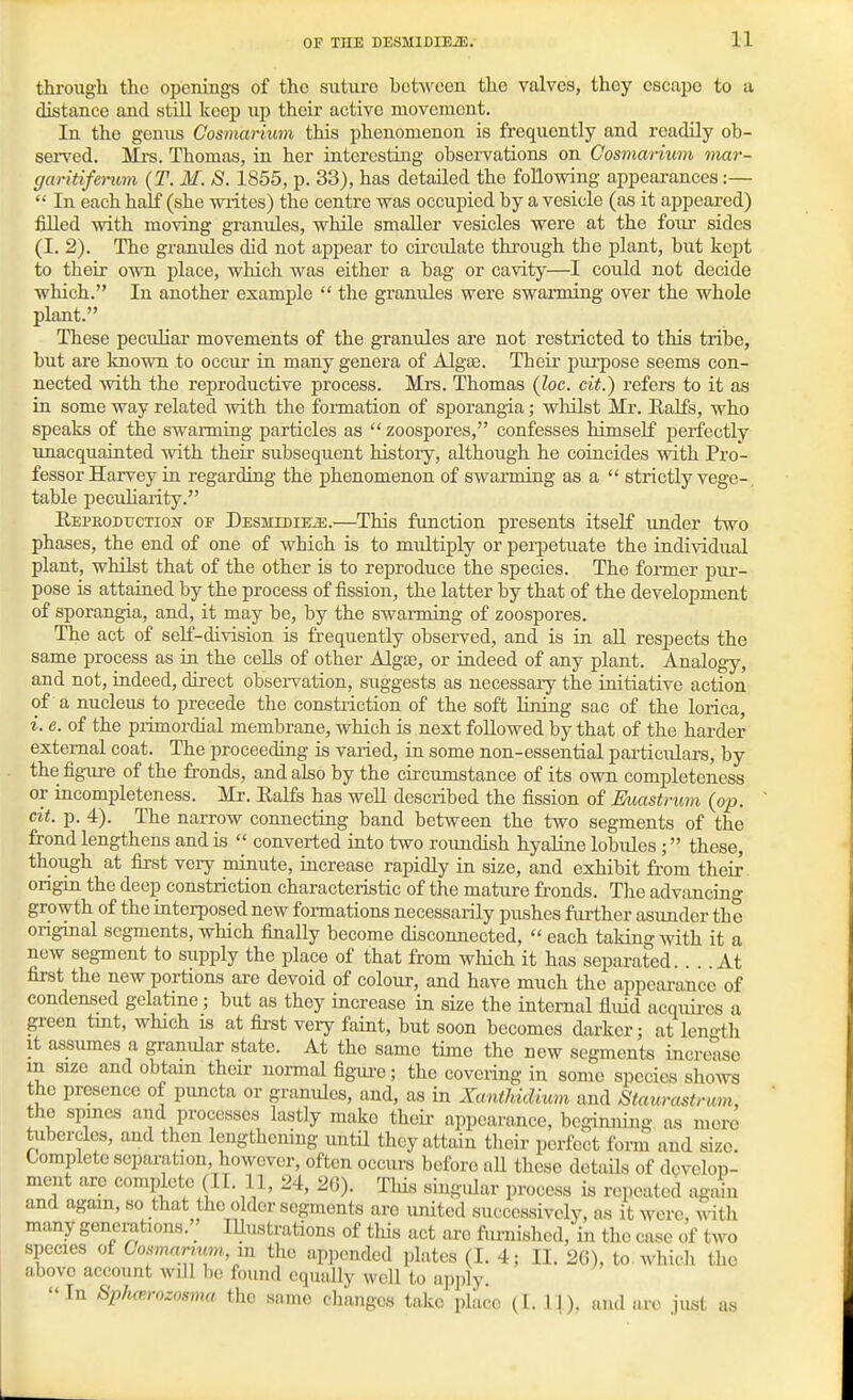 through the openings of the sutm-e between the valves, they escape to a distance and still keep up their active movement. In the genus Cosmarium this phenomenon is frequently and readily ob- sei-ved. Mrs. Thomas, in her interesting obsei-vations on Cosmarium mar- (jarltifenim (T. M. S. 1855, p. 33), has detailed the following appearances:—  In each half (she wiites) the centre was occupied by a vesicle (as it appeared) filled with moving granules, while smaller vesicles were at the four sides (I. 2). The granules did not appear to cii'culate through the plant, but kept to their own place, which was either a bag or cavity—I could not decide which. In another example  the granules were swarming over the whole plant. These peculiar movements of the granules are not restricted to this tribe, but are known to occm- in many genera of Algae. Their piu'pose seems con- nected with the reproductive process. Mrs. Thomas (Zoc. cit.) refers to it as in some way related with the formation of sporangia; whilst Mr. Ealfs, who speaks of the swarming particles as  zoospores, confesses himself perfectly unacquainted with their subsequent history, although he coincides with Pro- fessor Harvey in regarding the phenomenon of swarming as a  strictly vege- table peculiarity. EEPEODUCTioif Ojf DESMlDIEiE.—TMs function presents itself under two phases, the end of one of which is to multiply or perpetuate the iadividual plant, whilst that of the other is to reproduce the species. The fonner pur- pose is attained by the process of fission, the latter by that of the development of sporangia, and, it may be, by the swarming of zoospores. The act of self-division is frequently observed, and is in all respects the same process as iu the cells of other Algse, or indeed of any plant. Analogy, and not, iadeed, direct obsei-vation, suggests as necessary the initiative action of a nucleus to precede the constriction of the soft lining sac of the lorica, i. e. of the piimordial membrane, which is next followed by that of the harder external coat. The proceeding is varied, iu some non-essential particulars, by thefigaire of the fronds, and also by the circumstance of its own completeness or incompleteness. Mr. Ealfs has well described the fission of Euastnmi {op. cit. p. 4). The narrow connecting band between the two segments of the frond lengthens and is  converted into two roundish hyaline lobiiles ; these, thoiigh at first very minute, increase rapidly in size, and exhibit from their origin the deep constriction characteristic of the mature fr'onds. The advancing growth of the interposed new fonnations necessarily pushes further asunder the ong-mal segments, which fiLnally become disconnected,  each taking with it a new segment to supply the place of that from which it has separated. . At first the new portions are devoid of colour, and have much the appearance of condensed gelatme; but as they increase in size the internal fluid acquii-cs a green tint, which is at first very faint, but soon becomes darker; at length It assumes a granular state. At the same time the new segments increase m size and obtain their normal figui-e; the coveiing in some species shows the presence of puncta or granules, and, as in XmitJvidimn and Stawastnim, the spines and processes lastly make their appearance, beginning as mere tubercles, and then lengthening until they attain their perfect form and size. Complete separation, however, often occiu-s before aU these details of develop- ment are complete (II. 11, 24, 26). This singidar process is repeated again and again, so that the older segments are united successively, as it were, with many generations. Illustrations of this act are fiu-nished, in the case of two species of Co.s.marium m the appended plates (I. 4; II. 2G), to Avhich tiic above account will be found equally well to apply In Sphcerozosma the same changes take place (L. i;), and arc just as