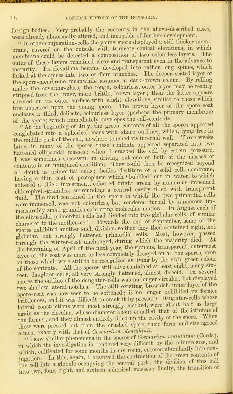 foreign bodies. Very probably the contents, in the above-described cases, were already abnormally altered, and incaimble of further development.  In other conjugation-cells the young spore displayed a still thicker mem- brane, covered on the outside with truncate-conical elevations, in which membrane could be detected a composition of two colourless layers. The outer of these layers remained clear and transparent even in the advance to maturity. Its elevations became developed into rather long spines, which forked at the apices into two or four branches. The deeper-seated layer of the spore-membrane meanwhile assumed a dark-brown colour. By roUing under the covering-glass, the tough, colourless, outer layer may be readily stripped from the inner, more brittle, broATO layer ; then the latter appears covered on its outer surface with slight elevations, similar to those which fii-st appeared upon the yoimg spore. The brown layer of the spore-coat encloses a third, delicate, colomiess layer (perhaps the primary membrane of the spore) which immediately envelopes the cell-contents.  At the beginning of July, the green contents of all the spores appeared conglobated into a spherical mass with sharp outlines, which, lying free m the middle part of the cell, nowhere touched its internal wall. Thi-ee weeks later in many of the spores these contents appeared separated into two flattened eUipsoidal masses; Avhen I cracked the ceU by careful pressure, I was sometimes successful in driving out one or both of the masses of contents in an uninjured condition. They could then be recognized beyond all doubt as primordial ceUs; bodies destitute of a solid cell-membrane, havino- a thin coat of protoplasm which ' bubbled' out in water, to which adhered a thick investment, coloured bright green by numerous imbedded chlorophyll-granules, surrounding a central cavity filled with transparent fluid The fluid contained in the spore in which the two primordial cells were immersed, was not coloui-less, but rendered turbid by numerous im- measurably smaU granules exhibiting molecular motion. In August each ot the ellipsoidal primordial ceUs had divided into two globular ceUs, of similar character to the mother-ceU. Towards the end of September, some of the spores exhibited another such division, so that they then contained eight, not globular, but strongly flattened primordial ceUs. Most, howeveT, passed through the winter-rest imchanged, during which the majonty died. At the beginning of Api-U of the next year, the spinous, transparent, outermost layer of the coat was more or less completely decayed on aU the spores, even on those which were stiU to be recognized as living by the vivid green colour of the contents. All the spores still alive contained at least eight, many srx- teen daughter-ceUs, aU very strongly flattened, ahnost discoid In several spores the outline of the daughter-ceUs was no longer cu-cular, but displayed two shallow lateral notches. The still-existing, brownish, inner layer of the spore-coat was now seen to be softened; it no longer exhibited ite fomcr brittleness. and it was difScult to crack it by pressure. Daughter-ceUs whose lateral constrictions were most strongly marked, were about half as largo again as the circular, whose diameter about equaUed that of the isthnius ot the former, and they almost entirely fiUed up the cavity of the spore. W Hen these were pressed out from the crushed spore, their form and size agreed almost exactly Avith that of Cosmarium Me^iec/hinii. ,n a \  1 saw simUar phenomena in the spores of Cosmmmm uncMatum (Lordaj, in which the investigation is rendered very difficult by the mmute size, and which cultivated for some months in my room, entered abimdantly into con- iugation. In this, again, I observed the contraction of the green contents o the cell into a globule occupying the central part; the division of this ball into two four, eight, and sixteen spherical masses ; finally, the transition ot