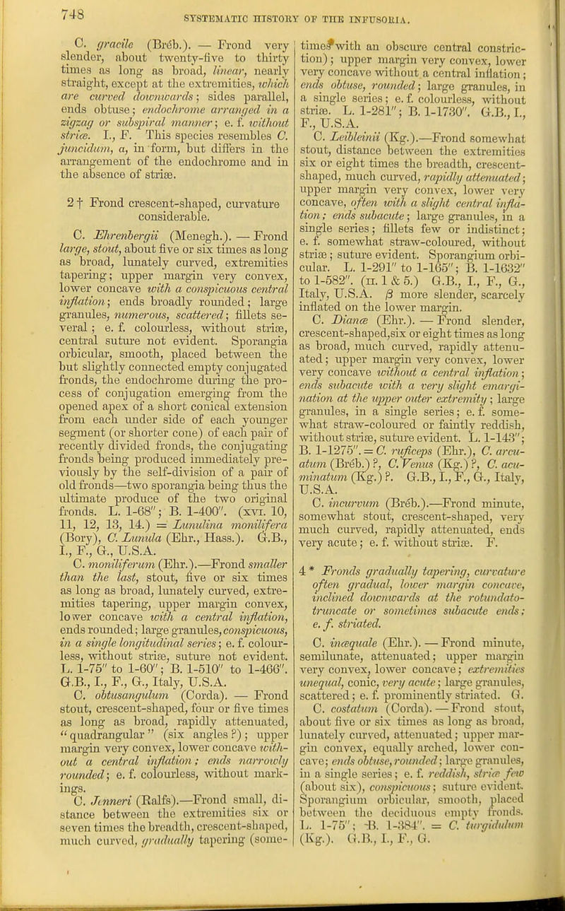 0. c/racile (Brdb.). — Frond very slender, about twonty-five to thirty times as long as broad, linear, nearly straight, except at tlie extremities, ivliich are curved doivnioards; sides parallel, ends obtuse; endochrome arnuu/ed in a zigzag or suhspiral manner; e. f. ivithout strice. I., F. This species resembles C. juncidum, a, in form, but differs in the aiTangement of the endochrome and in the absence of striae. 21 Frond crescent-shaped, curvature considerable. C. Ekrenhergii (Menegh.^. — Frond lai-ge, stout, about five or six times as long as broad, lunately curved, exti'emities tapeiing; upper margin very convex, lower concave with a conspicuous central infiation; ends broadly rounded; large gramdes, numerous, scattered; fillets se- veral ; e. f. colom-less, without striae, central sutm-e not evident. Sporangia orbicular, smooth, placed between the but slightly connected empty conjugated fronds, the endochrome during the pro- cess of conjugation emerging from the opened apex of a short couical extension from each imder side of each younger segment (or shorter cone) of each pau of recently divided fi-onds, the conjugating fi'onds tieing produced immediately pre- viously by the self-division of a parr of old fi'onds—two sporangia being thus the idtimate produce of the two original fronds. L. 1-68; B. 1-400. (x^^[. 10, 11, 12, 13, 14.) = Lunulina monilifera (Bory), C. Lumda (Ehr., Hass.). G.B., I., F., G., U.S.A. C. moniliferum (Ehr.).—Frond sinaller than the tost, stout, five or six times as long as broad, limately curved, exti-e- mities tapering, upper margin convex, lower concave loith a central inflation, ends rounded; large gramdes, conspicuous, in a single longitudinal series; e. f. colour- less, without striae, sutm'e not evident. L. 1-75 to 1-60; B. 1-510 to 1-466. G.B., I., F., G., Italy, U.S.A. C. ohtusangulum (Corda). — Frond stout, crescent-shaped, four or five times as long as broad, rapidly attenuated,  quadrangular  (six angles ?) ; upper margin very convex, lower concave xoith- out a central inflation; etuis narroivhj rounded; e. f. colourless, without mark- ings. C. Jinneri (Ralfs).—Frond small, di- stance between the extremities six or .seven times thebreadtli, crescent-shaped, much curved, gradually tapering (some- time^with an obscure central constric- tion) ; upper margin very convex, lower very concave witliout a central inflation; ends obtuse, rounded; large granules, in a single series; e. f. colourless, without striae. L. 1-281; B. 1-1730. G.B., I., F., U.S.A. C. Leibleinii (Kg.).—Frond somewhat stout, distance between the extremities six or eight times the breadth, crescent- shaped, much cui-ved, rapidly atte?iuated; upper margin very convex, lower very concave, ofte?i with a slight central infla- tion ; ends subactde; large granules, in a single series; fillets few or indistinct; e. f. somewhat straw-coloured, Avithout striae; sutm-e evident. Sporangium orbi- cular. L. 1-291 to 1-165; B. 1-1632 to 1-582. (n. 1 & 5.) G.B., I., F., G., Italy, U.S.A. /3 more slender, scarcely inflated on the lower margin. C. Diance (Ehr.). — Frond slender, crescent-shaped,8ix or eight times as long as broad, much curved, rapidly attenu- ated ; upper margin very convex, lower very concave without a central inflation ; ends subacute with a very slight eniargi- nation at the upper outei- extremity; lai'ge granules, in a single series; e. f. some- what straw-coloured or faintly reddish, witliout striae, sutm-e evident. L. 1-143; B. 1-1275. = a ruflceps (Ehi-.), C. arcu- atum (Breb.) ?, C. Venus (Kg.) ?, C. acu- minatum (Kg.) ?. G.B., I., F., G., Italy, U.S.A. C. incurvum (Breb.).—Frond minute, somewhat stout, crescent-shaped, very much curved, rapidly attenuated, ends very acute; e. f. without stiiae. F. 4 * Fronds gradually tapering, curvature often gradual, lower nuirgin concave, inclined downwards at the rotundato- truncate or sometimes subacute ends; e. f. striated. C. incequale (Ehr.). — Frond minute, semilunate, attenuated; upper margin very convex, lower concave; extremities unequal, conic, very acute; large gramdes, scattered; e. f. prominently stiiated. G. G. costatum (Corda).—Frond stout, about five or six tunes as long as bro.id, lunately ciu'ved, attenuated; upper mar- gin convex, equally arched, lower con- cave; ends obtuse, rounded; large granules, iu a single series; e. f. reddish, stria: few (about six), conspicuous; suture evident. Sporangium orbicular, smooth, placed between the deciduous empty fronds. L. 1-75; -B. 1-384. = C. i'urgiduhtm (Kg.). G.B., I., F., G.