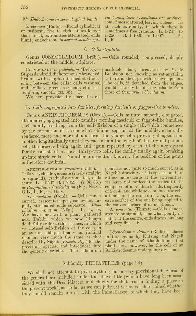 2 * Endochrome in several spiral bands. S. obscura (Ralfs).—Frond cylindrical or fusiform, five to eight times longer than broad, extremities attenuated, ends blimt; endochrome in several slender spi- ral bands, their revolutions ttoo or three, sometimes scattered, leaving a clear space at each extremity, in which tliere is sometimes a free granule. L. 1-247 to 1-226; B. 1-1020 to 1-907. G.B., I., F. C. Cells stipitate. Genus COSMOCLADIUiyi (Breb.). — Cells rounded, compressed, deeply constricted at the middle, stipitate. CosMOCLADiUM pulchellum (Bv6h.\— Stipes dendroid, dichotomously branched, hyaline, with a slight intermediate thick- ening between the cells; cells terminal and axillary, green, segments elliptico- renifoim, smooth (m. 63). F. We here provisionally place this re- markable plant, discovered by M. de Brebisson, not Icnowing as yet anything as to its mode of gi-owth or development. The cells, if detached from the stipes, woidd scarcely be distinguishable fi'om those of Cosmarium bioculatwn. D. Cells aggregated into families, forming fasciculi or faggot-like bundles. Genus AlSnaSTEODESMFS (Corda).—CeEs minute, smooth, elongated, attenuated, aggregated into families forming fasciculi or faggot-Kke bimdles, each family resulting from the self-division of a single cell, which commences by the formation of a somewhat oblique septum at the middle, eventuaUy rendered more and more oblique from the young cells groAving alongside one another longitudinally untU they each attain the length of the original parent- cell, the process being again and again repeated by each till the aggregated family consists of at most thirty-two cells, the family finally again breaking up into single cells. No other propagation known ; the position of the genus is therefore doubtful. Ankistrodksmus falcatus (Ralfe).— Cells very slender, arcuate (rarely straight or sigmoid), gradually attenuated, ends acute. L. 1-550; B. 1-7353. (i.35,36.) z= Rhaphidium fasciculatum (Kg., Nag.). G.B., I., F., G., Italy. A. convolutus (Corda). — Cells much curved, crescent-shaped, somewhat ra- pidly attenuated, ends subacute. = ^/i«- phidiuni minulum (Nfig.). I., F., G. We have met with a plant (gathered near Dublin) which we now (though doubtfully) refer to this species, in which we noticed self-division of the cells, in an at first oblique, finally longitudinal manner, very much the same as that described by Niigeli (Einzell. Alg.) for the preceding species, and uitroduced into the generic character. The cells in our plant are not quite so much curved as in Nageli's drawing of this species, and are rather more acute at the exti-emities: we have not noticed the fascicidi to be composed of more than 8 cells, fi'equeutly of 2 or 4; and while so combined the cells all look in the same direction, the con- cave sm'face of the one being applied to the convex smface of its ueighboui-. A. cuntortus (Thuret).—Cells slender, arcuate or sigmoid, somewhat gently in- flated at the centi-e, ends di'awu out long and very fine. F. [Scenodesmus duplex (Ralfs) is placed in this genus by Kiitzing and Niigeli under the name'of Rhaphidium; that plant may, however, be the cell of an Ankistrodesmus undergoing division.] Subfamily PEDIASTRE^ (page 24). We shall not attempt to give anytliing but a very provisional diagnosis of the o-cnera here included under the above title (which have long been asso- ciate°d with the Desmidiaccse, and chiefly for that reason fincUng a place m the present work), as, .so far as we can judge, it is not yet dotcrmincd whether they .should remain united with the PabucUaecaj, to which they have been