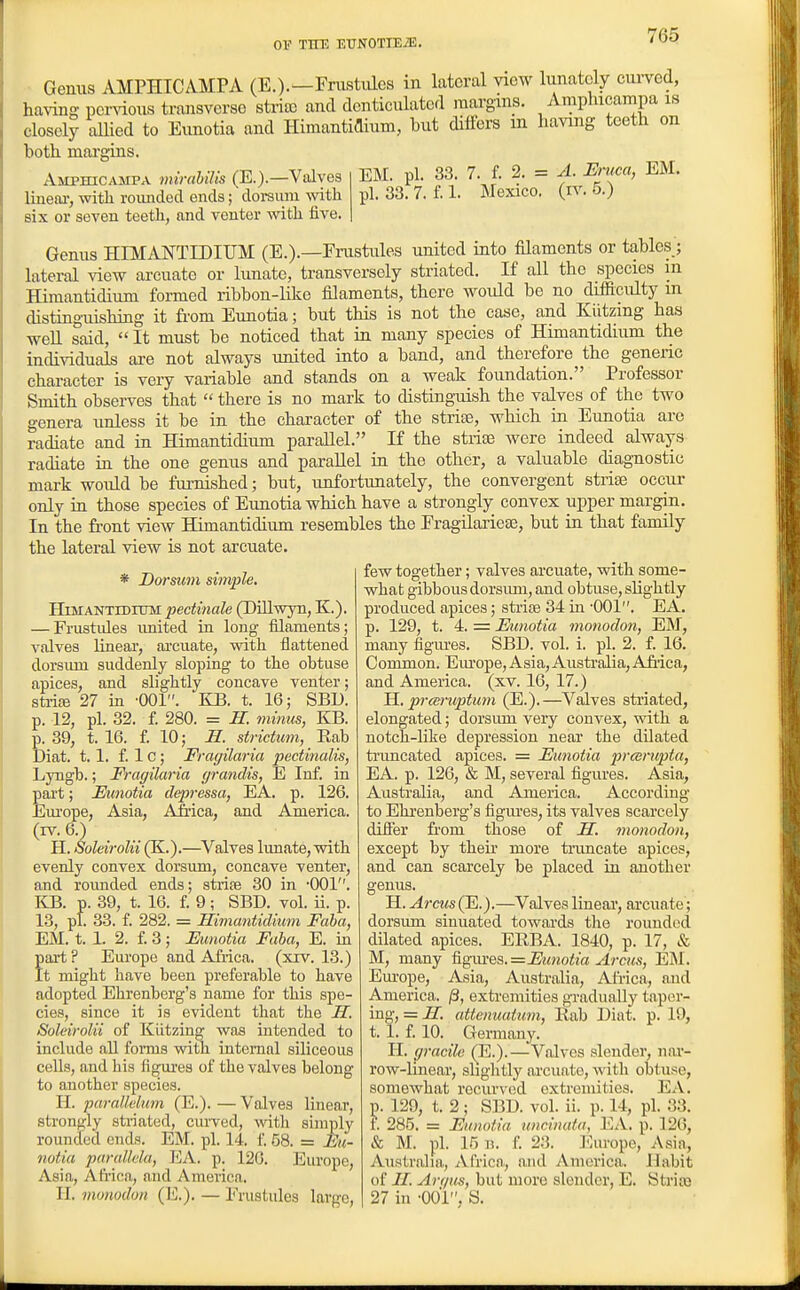 Genus AMPHICA.MPA (E.).—rriistiilcs in lateral view Innately curved, ha™g pervious transverse stria3 and denticulated margins. Amphicampa is closely allied to Eunotia and Himantiflium, but differs m having teeth on both margias. EM. pi. 33. 7. f. 2. = A. Eruca, EM. pi. 33. 7. £ 1. Mexico, (iv. 5.) Amphicampa mirahilis (E.).—Valves lineni-, with rounded ends; dorsum wth six or seven teeth, and venter with five. Genus HIMANTIDIUM (E.).—Fnistules united into filaments or tables; lateral \dew arcuate or lunate, transversely striated. If all the species m Himantidium formed ribbon-like filaments, there would be no difiiculty m distinguishing it from Eunotia; but this is not the case, and Kiitzmg has weU. said,  It must be noticed that in many species of Himantidium the individuals are not always united into a band, and therefore the generic character is very variable and stands on a weak foundation. Professor Smith observes that  there is no mark to distinguish the valves of the two genera unless it be in the character of the striae, which in Eunotia arc radiate and in Himantidium parallel. If the striae Avere indeed always radiate in the one genus and parallel in the other, a valuable diagnostic mark would be furnished; but, unfortunately, the convergent striae occur only in those species of Eunotia which have a strongly convex upper margin. In the front view Himantidium resembles the EragHaiieae, but ia that family the lateral view is not arcuate. * Dorsum simple. niMANTrDmM pectinale (Dillwyn, K.). — Frustules imited in long filaments; valves linear, ai'cuate, with flattened dorsum suddenly sloping to the obtuse apices, and slightly concave venter; striffi 27 in -001. KB. t. 16; SBU. p. 12, pi. 32. f. 280. = H. minus, KB. p. 39, t. 16. f. 10; S. stridum, Rab Diat. 1.1. f. 1 C; Fragilm-ia pectinalis, Lyngb.; Fragilaria (jrandis, E Inf. in part; Eunotia depressa, EA. p. 126. jEm-ope, Asia, Africa, and America. (IV. 6.) H. Soleirolii (K.).—^Valves lunate, with evenly convex dorsum, concave venter, and rounded ends; stiire 30 in -001. KB. p. 39, t. 16. f. 9; SBD. vol. ii. p. 13, pi. 33. f. 282. = Himantidium Faba, EM. t. 1. 2. f. 3; Eunotia Faba, E. m fai-t ? Europe and Africa, (xrv. 13.) t might have been preferable to have adopted Ehrenberg's name for this spe- cies, since it is evident that the H. Soleirolii of Kiitzing was intended to include all foims with internal siliceous cells, and his figures of the valves belong to another species. H. purnlldum (E.). — Valves linear, stronfi:ly striated, curved, with simply rounded ends. EM. pi. 14. f. 58. = Eu- notia paruUela, EA. p. 126. Europe, Asia, Africa, and America. II. monodon (E.). — Frustules large, few together; valves arcuate, with some- what gibbous dorsimi, and obtuse, slightly produced apices; striae 34 in '001. EA. p. 129, t. 4. = Eunotia monodon, EM, many figiues. SBD. vol. i. pi. 2. f. 16. Common. Em-ope, Asia, Australia, Afiica, and America, (xv. 16, 17.) Jl. prceruptum (E.).—Valves sti'iated, elongated; dorsum very convex, with a notch-like depression near the dilated truncated apices. = Eunotia preerupta, EA. p. 126, & M, several figures. Asia, Austi'alia, and America. According to Ehrenberg's figiues, its valves scarcely differ from those of H. monodon, except by their more tiimcate apices, and can scarcely be placed in another genus. H. Arcus(Ei.).—Valves linear, arcuate; dorsum sinuated towards the rounded dilated apices. ERBA. 1840, p. 17, & M, many figm'es. =Eunotia Arcus, EM. Em-ope, Asia, Austi-alia, Africa, and America. j3, extremities gi-adually taper- ing, = II. attenuatum, Rab Diat. p. 19, 1.1. f. 10. Germany. II. gracile (E.).—Valves slender, nai*- row-linear, slightly ai'cuate, with obtuse, somewhat recurved extremities. EA. ]j. 129, t. 2; SBD. vol. ii. p. 14, pi. 33. t. 285. = Eunotia uncinata, EA. p. 12G, & M. |il. 15 n. f 28. I']urope, Asia, Austr.iha, Africa, and America. Habit of II. Arr/us, but more slender, E. Strigs 27 in -OOl. S.