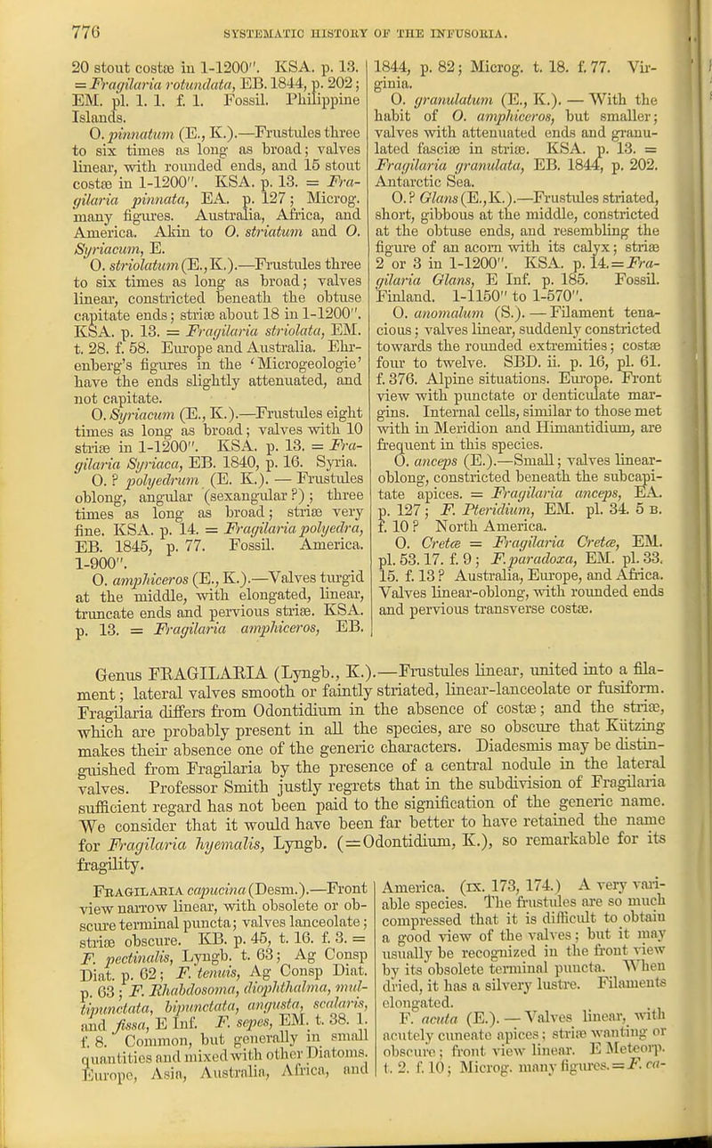 20 Stout costffi iu 1-1200. KSA. p. 13. = Fragilaria rotundata, EB. 1844, p. 202; EM. pi. 1. 1. f. 1. Fossil. Philippine Islands. O.pinnatum (E., K.).—Frustules three to six times as long- as broad; valves linear, vsdth rounded ends, and 15 stout costc^ in 1-1200. KSA. p. 13. = Fra- gilaria pinnata, EA. p. 127; Microg. many figui-es. Australia, Afi-ica, and America. Akin to 0. striatum and 0. Syriacum, E. 0. striolatuin(Ei.,'K.).—Fi'ustules three to six times as long as broad; valves linear, constricted beneath the obtuse capitate ends; strise about 18 in 1-1200. KSA. p. 13. = Fragilaria striolata, EM. t. 28. f. 58. Europe and Australia. Ehr- enberg's figures in the 'Microgeologie' have the ends slightly attemiated, and not capitate. 0. Syriacum (E., K.).—Frustides eight times as long as broad; valves with 10 strias m 1-1200. KSA. p. 13. = Fra- gilaria Syriaca, EB. 1840, p. 16. Syria. 0. ? polyeclrum (E. K.). — Frustides oblong, angular (sexangadar ?); three times as long as broad; stiias very fine. KSA. p. 14. = Fracjilaria polyedra, EB. 1845, p. 77. Fossil. America. 1-900. 0. amphice)-os (B., K.).—Valves tm-gid at the middle, with elongated, linear, truncate ends and pervious sti-ife. KSA. p. 13. = Fragilaria amphiceros, EB. 1844, p. 82; Microg. t. 18. f. 77. Vir- ginia. 0. yranulatum (E., K.). — With the habit of O. ampliiceros, but smaller; valves with attenuated ends and gi-anu- latcd fasciae in striae. KSA. p. 13. = Frayilaria yranidata, EB. 1844, p. 202. Antarctic Sea. 0.? Glam(E.,}L.).—Frustules striated, short, gibbous at the middle, constricted at the obtuse ends, and resembling the figure of an acom with its calyx; stria3 2 or 3 in 1-1200. KSA. p. 14. = i^/-«- c/ilaria Glans, E Inf. p. 185. Fossil. Finland. 1-1150 to 1-570. 0. anomalum (S.).—Filament tena- cious ; valves linear, suddenly constricted towards the roxmded extremities; costal four to twelve. SBD. ii. p. 16, pi. 61. f. 376. Alpine situations. Em-ope. Front view with punctate or denticulate mar- gins. Internal cells, similar to those met with in Meridion and Himantidium, are frequent in this species. 0. anceps (E.).—SmaU; valves linear- oblong, constricted beneath the subcapi- tate apices. = Frayilaria anceps, EA. p. 127; F. Pteridimn, EM. pi. 34. 5 b. f. 10 ? North America. 0. Cretce = Frayilaria Cretce, EM. pi. 53.17. f. 9; F.paradoxa, EM. pi. 33. 15. f. 13 ? Australia, Eiu-ope, and Africa. Valves linear-oblong, with roimded ends and pervious transverse costae. Genus FEAGILAEIA (Lyngb., K.).—Fnistules linear, united into a fila- ment; lateral valves smooth, or faintly striated, linear-lanceolate or fusiform. Fragilaria differs from Odontidium in the absence of costiE; and the stnve, which are probaHy present in all the species, axe so obscure that Kiitzing makes their absence one of the generic characters. Diadesmis may be distin- guished from Fragilaria by the presence of a eenti-al nodule in the lateral valves. Professor Smith justly regrets that in the subdivision of Fragilaria sufficient regard has not been paid to the signification of the generic name. We consider that it would have been far better to have retained the name for Fmgilaria hyemalis, Lyngb. (=Odontidium, K.), so remarkable for its fragility. Fbagilakia capucina (Desm.).—Fi'ont view naiTow linear, with obsolete or ob- scm'e terminal puncta; valves lanceolate; stiiJB obscure. KB. p. 45, 1.16. f. 3. = F. pedinalis, Lyngb. t. 63; Ag Consp Diat. p. 62; -F. tenuis, Ag Consp Dnxt. p. 63; F. Rhahdosoma, diophthalma, mul- tipunctata, bipunctata, anyvsta, scalaris, and iissa, E Inf. F. sq>es, EM._ t. 38. 1. f. 8. Common, but generally m small quantities and mixed with other Diatoms. Europe, Asia, Australia, Africa, and America, (rx. 173, 174.) A very van- able species. The fi-ustides are so much compressed that it is difficidt to obtain a good view of the valves; but it may usually be recognized iu the front view by its obsolete terminal puncta. TMien di'ied, it has a silvery lustre. Filaments elongated. F. acuta (E.).—Valves linear, with acutely cuneato apices; stri.-e wanting or obscure ; front view linear. E ]\Iet€orp. t. 2. f. 10; Microg. many (igiu-es. = -f-f