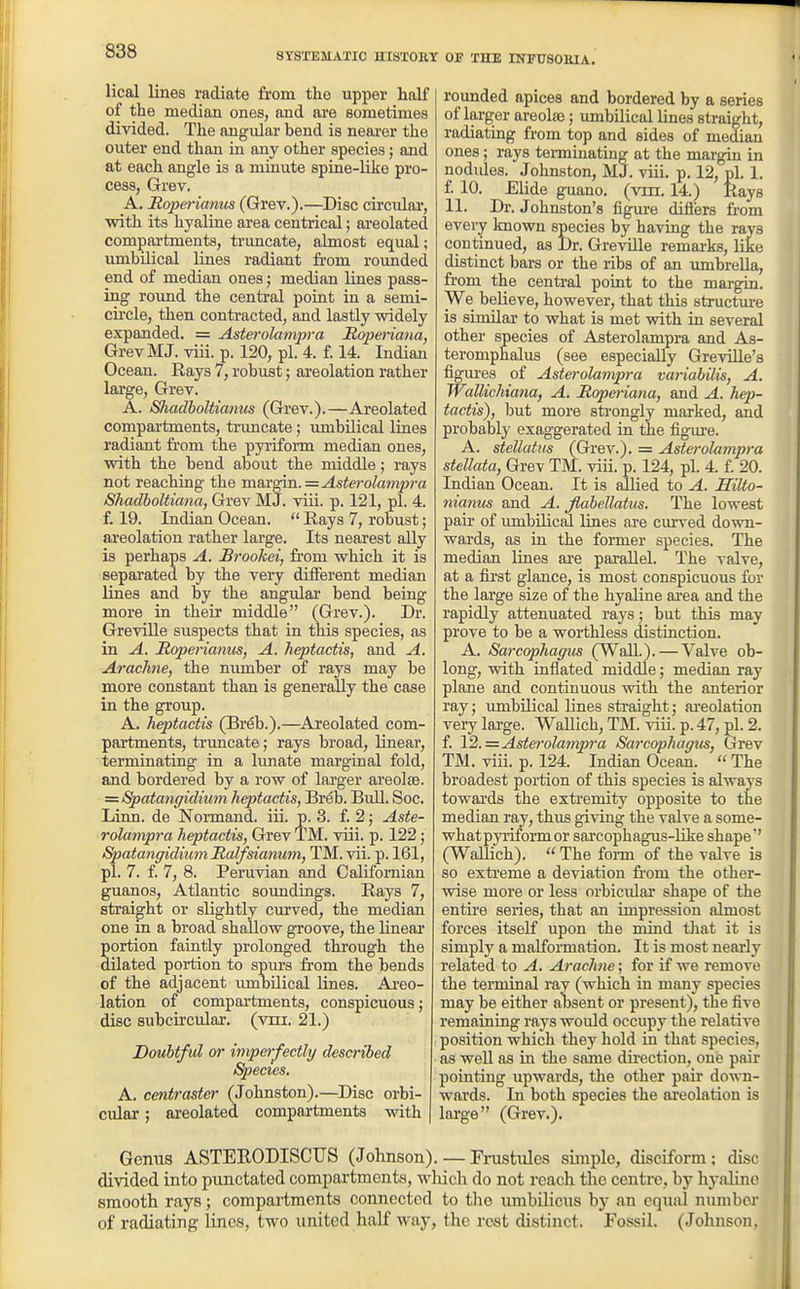 SYSTEMATIC HISTOEY OF THE INFUSOIUA. Heal lines radiate from the upper half of the median ones, and are sometimes divided. The angular bend is nearer the outer end than in any other species; and at each angle is a minute spine-like pro- cess, Grev. A. Roperianus (Grev.).—Disc circular, with its hyaline area centrical; areolated compartments, truncate, almost equal; umbilical lines radiant from rounded end of median ones; median lines pass- ing round the central point in a semi- circle, then contracted, and lastly widely expanded. = Asterolampra jRoperiana, GrevMJ. viii. p. 120, pi. 4. i. 14. Indian Ocean. Rays 7, robust; areolation rather large, Grev. A. Sliadboltianus (Grev.).—Ai'eolated compartments, truncate; umbilical lines radiant from the pyrifonn median ones, with the bend about the middle; rays not reaching the margin. =^sto-o^am^ra Shadboltiana, Grev MJ. viii. p. 121, pi. 4. f. 19. Indian Ocean.  Rays 7, robust; areolation rather large. Its nearest ally is perhaps A. Brookei, fi-om which it is separated by the very diiFerent median lines and by the angulai- bend being more in their middle (Grev.). Dr. Greville suspects that in this species, as in A. Roperianiis, A. heptactis, and A. Arachne, the nimiber of rays may be more constant than is generally the case in the group. A. heptactis (Breb.).—Areolated com- partments, truncate; rays broad, linear, terminating in a lunate marginal fold, and bordered by a row of larger areolae. = Spatangidium heptactis, Br6b. Bull. Soc. Linn, de Normand. iii. p. 3. f. 2; Aste- rolampra heptactis, Grev TM. viii. p. 122; Spatangidium Rolf sianum, TM. vii. p. 161, pi. 7. f. 7, 8. Peruvian and Californian guanos, Atlantic soundings. Rays 7, straight or slightly curved; the median one m a broad shallow groove, the linear portion faintly prolonged through the dUated portion to sp^u■s from the bends of the adjacent imibilical lines. Areo- lation of compartments, conspicuous; disc subcircular. (vni. 21.) Doubtful or impm-fectly described Species, A. centraster (Johnston).—Disc orbi- cular ; areolated compartments with roimded apices and bordered by a series of larger areola?; umbilical lines straight, radiating from top and sides of median ones; rays tenninating at the margin in nodides. Johnston, MJ. viii. p. 12, pi. 1. £ 10. Elide guano, (vm. 14.) Kays 11. Dr. Johnston's figure difiers from every known species by having the rays continued, as Dr. Greville remarks, like distinct bars or the ribs of an imibrella, from the central point to the margin. We believe, however, that this structure is similar to what is met with in several other species of Asterolampra and As- teromphalus (see especially GreviUe's figui'es of Asterolampra variabilis, A. Wallichiatia, A. Roperiana, and A. hep- tactis), but more sta-ongly marked, and probably exaggerated in the figui-e. A. stellatus (Grev.). = Asterolampra stellata, Grev TM. viii. p. 124, pi. 4. t 20. Indian Ocean. It is allied to A. Hilto- nianus and A. Jlabellatus. The lowest pair of umbilical lines are curved down- wards, as in the former species. The median lines are parallel. The valve, at a iirst glance, is most conspicuous for the large size of the hyaline ai-ea and the rapidly attenuated rays; but this may prove to be a worthless distinction. A. Sa7-cophagus (Wall.).—Valve ob- long, with inflated middle; median ray plane and continuous with the anterior ray; umbilical lines sti-aight; ai'eolation very lai'ge. WaUich, TM. viii. p. 47, pi. 2. f. 12. = Asterolampra Sarcophagus, Grev TM. viii. p. 124. Indian Ocean.  The broadest portion of this species is always towards the extremity opposite to the median ray, thus giving the valve a some- what pyriform or sarcophagus-Uke shape'' (Wallich).  The fonn of the valve is so exti'eme a deviation from the other- wise more or less orbicidar shape of the entire series, that an impression almost forces itself upon the mind that it is simplj^ a malformation. It is most nearly related to A. Arachne; for if we remove the teiininal ray (which in many species may be either absent or present), the five remaining rays would occupy the relative position which they hold in that species, as well as in the same dii-ection, one pair pointing upwards, the other pair down- wards. In both species the ai'eolation is large (Grev.). Genus ASTEKODISCUS (Johnson). — rrustules simple, disciform; disc divided into punctated compartments, which do not reach the centre, by hyaline smooth rays; compai-tments connected to the umbilicus bj- an equal number of radiating lines, two united half way, the rest distinct. Fossil. (Johnson,