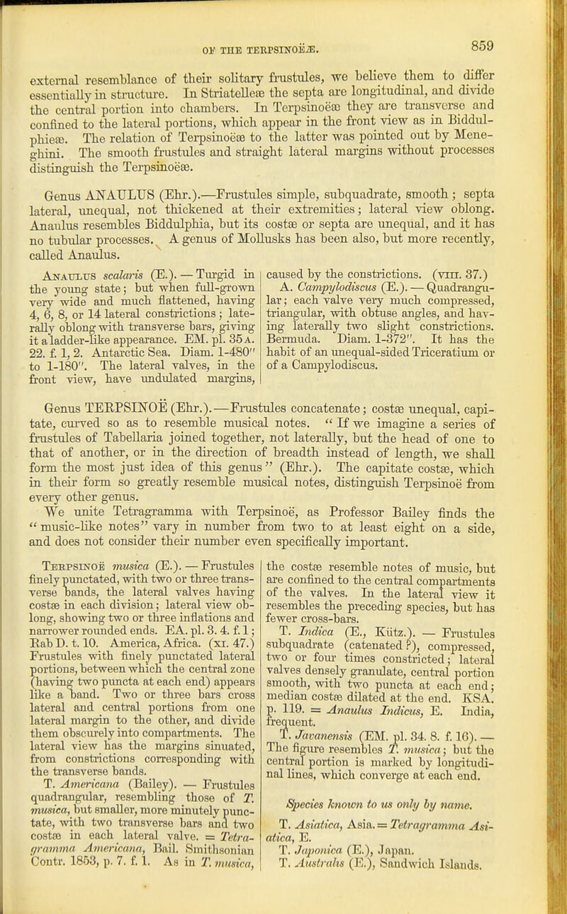 01' THE TEEPSINOEiE. external resemblance of their solitary frustules, we believe them to differ essentially in structure. In Striatelleae the septa ai'e longitudinal, and divide the central portion into chambers. In Terpsinoea) they are transverse and confined to the lateral portions, which appear in the front view as in Biddul- phieffi. The relation of Tei-psinoese to the latter was pointed out by Mene- ghini. The smooth frustules and straight lateral margins without processes distinguish the Terpsinoeae. Genus ANATJLUS (Ehr.).—Frustules simple, subquadrate, smooth ; septa lateral, imequal, not thickened at their extremities; lateral view oblong. Ananlus resembles Biddulphia, but its costae or septa are unequal, and it has no tubulai- processes. A genus of MoUusks has been also, but more recently, called Anaulus. Anaultjs scalaris (E.). — Tm-gid in the yoimg state; but when full-grown very wide and much flattened, having 4, 6, 8, or 14 lateral constrictions; late- rally oblong with transverse bars, giving it a ladder-like appearance. EM. pi. 35 a. 22. f. 1, 2. Antarctic Sea. Diam. 1-480 to 1-180. The lateral valves, in the front view, have imdulated margins. caused by the constrictions, (vm. 37.) A. Campylodiscus (E.). — Quadrangu- lar ; each valve veiy much compressed, triangular, with obtuse angles, and hav- ing laterally two slight constrictions. Bermuda. Diam. 1-372. It has the habit of an imequal-sided Triceratium or of a Campylodiscus. Genus TEEPSIKOE (Ehr.).—Fi-ustules concatenate; costse unequal, capi- tate, curved so as to resemble musical notes.  If we imagine a series of frustules of Tabellaria joined together, not laterally, but the head of one to that of another, or in the direction of breadth instead of length, we shall form the most just idea of this genus  (Ehr.). The capitate costae, which in their form so greatly resemble musical notes, distinguish Terpstaoe from every other genus. We unite Tetragramma with Terpsinoe, as Professor Bailey finds the music-Hke notes vary ia number from two to at least eight on a side, and does not consider their number even specifically important. Tebpsinoe musica (E.). — Frustules finely pimctated, with two or three trans- verse oands, the lateral valves having costse in each division; lateral view ob- long, showing two or three inflations and narrower rounded ends. EA. pi. 3. 4. f. 1; Eab D. 1.10. America, Africa, (xi. 47.) Frustules with finely punctated lateral portions, between which the central zone (having two pimcta at each end) appears like a band. Two or three bars cross lateral and central portions from one lateral margin to the other, and divide them obscurely into compartments. The lateral view has the margins sinuated, from constrictions corresponding with the ti'ansverse bands. T. Americana (Bailey). — Fmstules quadrangvilar, resembling those of T. musica, but smaller, more minutely punc- tate, with two transverse bars and two costse in each lateral valve. = Tetra- gramma Americana, Bail. Smithsonian Contr. 1853, p. 7. f. 1. As in T. musica, the costfe resemble notes of music, but ai-e confined to the central compaiiments of the valves. In the lateral view it resembles the preceding species, but has fewer cross-bars. T. Indica (E., Kiitz.). — Frustides subquadi-ate (catenated.?), compressed, two or foiu- times constricted; lateral valves densely gi-anulate, central portion smooth, with two puncta at each end; median costse dilated at the end. KSA, p. 119. = Anaultts Indicm, E. India, frequent. T. Javanensis (EM. pi. 34. 8. 116). — The figiu-e resembles 1\ musica; but the central portion is marked by longitudi- nal lines, which converge at each end. Species known to us only by name, T. Asiatica, Asia. = Tetragramma Asi- atica, E. T. Japonica (E.), Japan. T. Ausiruhs (E.), Sandwich Islands.