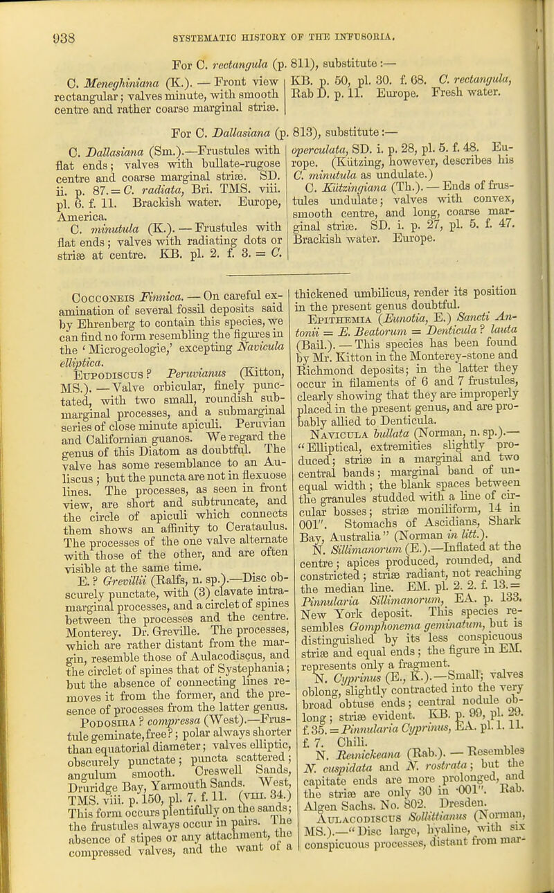 For C. rectangula (p. 811), substitute :— 0. Meneghiniana (K.). — Front view rectangular; valves minute, with smooth centre and rather coarse marginal striae. KB. p. 50, pi. 30. f. 68. C. rectmigula, Rab D. p. 11. Em-ope. Fresh water. For C. Dallasiana (p. C. Dallasiana (Sm.).—Frustules with flat ends; valves with bullate-rugose centre and coarse marginal striae. SD. ii. p. 87. = C. radiata, Bri. TMS. viii. pi. 6. f. 11. Brackish water. Europe, America. C. minutula (K.). — Frustules with flat ends; valves with radiating dots or striae at centre. KB. pi. 2. f. 3. = C. 813), substitute:— operculata, SD. i. p. 28, pi. 5. f. 48. Eu- rope. (Kiitzing, however, describes his C. minutula as vmdulate.) C. Kiitzingiana (Th.). — Ends of fnis- tules mduiate; valves mth convex, smooth centre, and long, coarse mar- ginal striiB. SD. i. p. 27, pi. 5. f. 47. Brackish water. Europe. CoccoNEis Finnica. — On careful ex- amination of several fossil deposits said by Ehrenberg to contain this species, we can find no form resembling the figures in the ' Microgeologie,' excepting Navicula elUptica. EuPODiscus ? Peruvianus (Kitton, JVIS.). —Valve orbicular, finely pimc- tated, with two small, roundish sub- marginal processes, and a submai-ginal series of close minute apiculi. Peruvian and Califomian guanos. We regard the genus of this Diatom as doubtful. The valve has some resemblance to an Au- liscus ; but the puncta are not in flexuose lines. The processes, as seen in front view, are short and subtruncate, and the circle of apiculi which connects them shows an afiinity to Cerataulus. The processes of the one valve alternate with those of the other, and are often visible at the same time. E. ? Cfrevillii (Ralfs, n. sp.).—Disc ob- scurely punctate, with (3) clavate mtra- marginal processes, and a circlet of spmes between the processes and the centre. Monterey. Dr. Greville. The processes, which are rather distant from the mar- gin, resemble those of Aulacodiscus, and the circlet of spines that of Systephania • but the absence of connecting Imes re moves it fi-om the former, and the pre- sence of processes from the latter genus PoDOSiRA ? compressa (West).—Frus tule geminate,free?; polar always shorter than equatorial diameter; valves eUiptic, obscurely punctate ; puncta scattered; angulum smooth. Creswell Sands, Draridge Bay, Yamiouth Sands. West TMS. viii. p. 150, pi. 7. f. 11. (vni. 34.) This form occm-s plentifully on the sands; the frustules always occur m pau-s. l lie absence of stipes or any attachment, the compressed valves, and the want ot a thickened umbilicus, render its position in the present genus doubtful. Epithumia {Eunotia, E.) Sancti An- tonii = E. Beatorum = Denticula ? lauta (Bail.). — This species has been found by Mr. Kitton in the Monterey-stone and Richmond deposits; in the latter they occur in filaments of 6 and 7 frustules, clearly showing that they are improperly placed in the present genus, and are pro- bably allied to Denticula. Navictxla hullata (Norman, n. sp.).— Elliptical, extremities slightly pro- duced; strife in a marginal and two central bands; marginal band of un- equal width; the blank spaces between the gi-anules studded with a line of cir- cular bosses; striae moniliform, 14 m 001. Stomachs of Ascidiaus, Shark Bay, Austi-alia (Norman in litt.). N. SiUimanoru7n (E.).—Inflated at the centi-e; apices produced, rounded, and constricted; sti-ise radiant, not reachmg the median line. EM. pi. 2. 2. f. 13. = Pinnularia Sillimanorum, EA. p. 133. New York deposit. This species re- sembles Gomphone^na geminatum, but is distinguished by its less conspicuous striae and equal ends; the figure m ExU. represents only a fragment. 1^. Cyprinus (E., K.).—Small; valves oblong, slightlv contracted into the very broad obtuse ends; central nodule ob- long; StriiB evident. KB. P- 9^^- P}- f-/- 135. = Pinnularia Cyprinus, EA. pi. 1. li. f. 7. Chili. N. Reinickeana (Rab.). — Resembles N. cuspidata and N. rostrata; but the capitate ends are more prolonged, and the sti-iffi are only 30 in -001. Rab. Algen Sachs. No. 802. Dresden^ Aulacodiscus Sollittianus (^ormau, MS.).—Disc largo, hyaline, with six conspicuous processes, distant from mar-