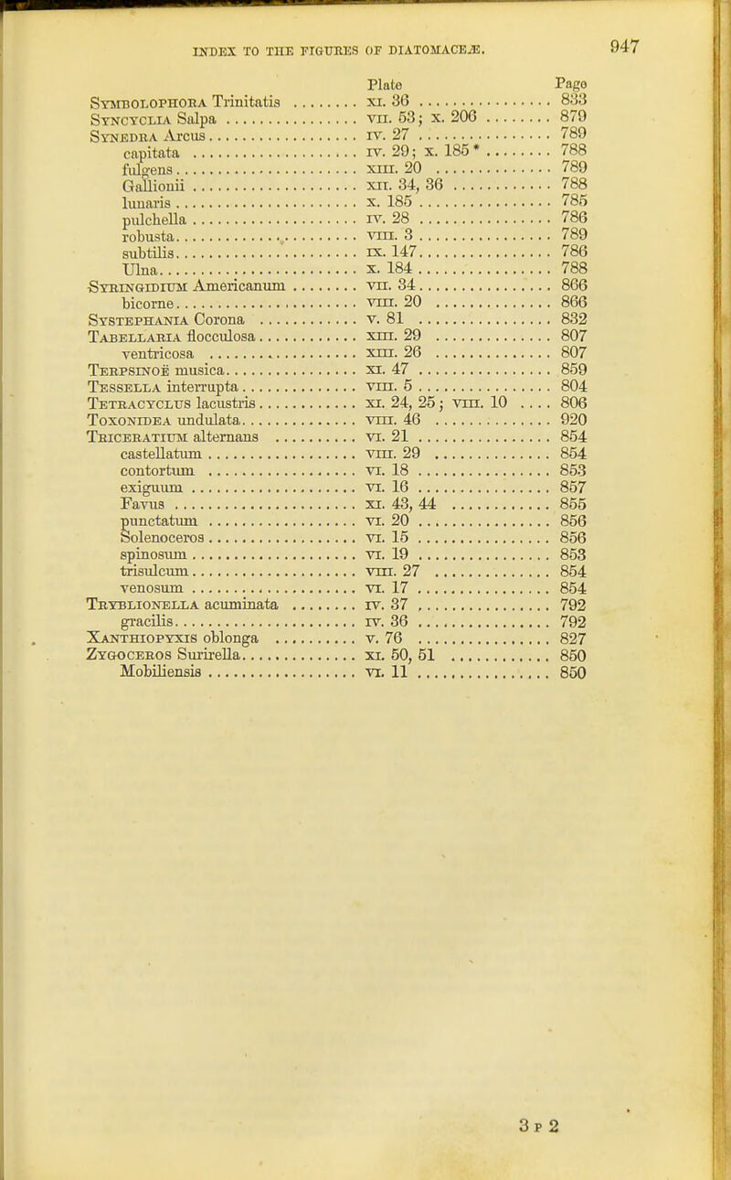 Plate Pago SYirooLOPHOHA Trinitatis xi. 36 833 Stncyclia Salpa vn. 53; x. 206 879 Synedha Arcus rv. 27 789 capitata rr. 29; x. 185* 788 fulgens XIII. 20 789 GaUionii xii. 34, 36 788 lunaris x. 185 785 pulchella iv. 28 786 robusta vra. 3 789 subtilis DC. 147 786 Ulna X. 184 788 SYBiNGiDrcrM Ameiicanmn vn. 34 866 bicorne vm. 20 866 Systephania Corona v. 81 832 Tabellabia flocculosa xm. 29 807 ventricosa xm. 26 807 Tebpsinoe musica xi. 47 859 Tessella inteiTupta vm. 5 804 Tbtracyclus lacustris xx. 24, 25; vm. 10 .... 806 ToxoNiDEA undulata vm. 46 920 Tbicebatium altemans vi. 21 854 casteUatum vm. 29 854 contoi'tum vi. 18 85.3 exiguum vi. 16 857 Faviia XI. 43, 44 855 punctatum vr. 20 856 Solenoceros vi. 15 856 spinosum vr. 19 853 trisulcmn vm. 27 854 venosum vr. 17 854 Tevblionella acuminata iv. 37 , 792 gracilis rv. 36 792 Xauthiopyxis oblonga v. 76 827 Zygk)Cebos Surii-ella xi. 50, 51 850 Mobiliensis vr. 11 850 3p 2