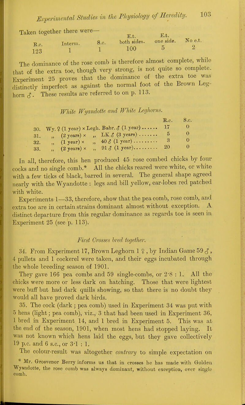 E.t. -E-t. Taken together there were— -Re Interm. S.c. both sides. one side. No e.t. 123' 1 1 ^ ^ The dominance of the rose comb is therefore almost complete, while that of the extra toe, though very strong, is not quite so complete.. Experiment 25 proves that the dominance of the extra toe Avas distinctly imperfect as against the normal foot of the Brown Leg- horn These results are referred to on p. 113. White Wyandotte and White Leghmiis. E.c. S.c. 30. Wy. ? (1 year) x Legh. Babr. <? (1 year) 17 0 31. „ (2 years) x „ LK <? (3 years) 5 0 32. „ (1 year) x „ 40 (1 year) 3 0 33. „ (2 years) X „ 91 ^ (1 year) 20 0 In all, therefore, this hen produced 45 rose combed chicks by four cocks and no single comb.* All the chicks reared were white, or white with a few ticks of black, barred in several. The general shape agreed nearly with the Wyandotte : legs and bill yellow, ear-lobes red patched with white. Experiments 1—33, therefore, show that the pea comb, rose comb, and extra toe are in certain strains dominant almost without exception. A distinct departure from this regular dominance as regards toe is seen in Experiment 25 (see p. 113). First Grosses bred together. 34. From Experiment 17, Brown Leghorn 1 ? , by Indian Game 59 (J,. 4 pullets and 1 cockerel were taken, and their eggs incubated through the whole breeding season of 1901. They gave 166 pea combs and 59 single-combs, or 2'8 : 1. All the chicks were more or less dark on hatching. Those that were lightest were buff but had dark quills showing, so that there is no doubt they would all have proved dark birds. 35. The cock (dark ; pea comb) used in Experiment 34 was put with 5 hens (light; pea comb), viz., 3 that had been used in Experiment 36, 1 bred in Experiment 14, and 1 bred in Experiment 5. This was at the end of the season, 1901, when most hens had stopped laying. It was not known which hens laid the eggs, but they gave collectively 19 p.c. and 6 s.c, or 3-1 : 1. The colour-result was altogether contrary to simple expectation on * Mr. QrosTenor Berry informs us that in crosses he has made with ftoldeu Wyandotte, the rose comb was always dominant, withoxxt exception, over single comb.