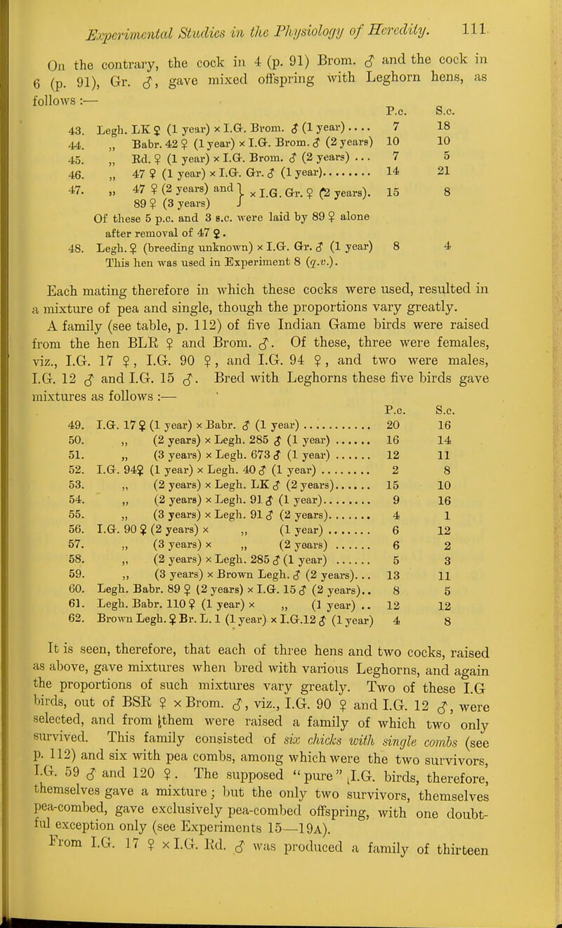 Oil the contrary, the cock in 4 (p. 91) Brom. S ^^nd the cock in 6 (p. 91), Gr. J, gave mixed oftspring with Leghorn hens, as folloAvs:— . „ „ P.O. S.c. 43. Legh. LK $ (1 year) x I.G. Bvom. $ (1 year) .... 7 18 44.. „ Babr. 42 ? (1 year) x I.G. Brom. <? (2 years) 10 10 45. „ Rd. ? (1 year) x I.G. Brom. <? (2 years) ... 7 5 46. „ 47 ? (1 year) x I;G. Gr. <? (1 year) 14 21 47. „ 47 ? (2 years) and \ ^ ^ ^ p ^ years). 15 8 89? (3 years) J Of these 5 p.c. and 3 s.c. were laid by 89 ? alone after removal of 47 J. 48. Legh. ? (breeding unknown) x I.G. Gr. $ (1 year) 8 4 This hen was used in Experiment 8 {q.o.). Each mating therefore in which these cocks were used, resulted in a mixtiu-e of pea and single, though the proportions vary greatly. A family (see table, p. 112) of five Indian Game birds were raised from the hen BLR ? and Brom. J^. Of these, three were females, viz., I.G. 17 ?, I.G. 90 ? , and I.G. 94 ? , and two were males, I.G. 12 ^ and I.G. 15 J. Bred with Leghorns these five birds gave mixtures as follows :— P.c. S.c. 49. I.G. 17 ? (1 year) x Babr. <? (1 year) 20 16 50. „ (2 years) x Legh. 285 $ (1 year) 16 14 51. „ (3 years) x Legh. 673 S (1 year) 12 11 52. I.G. 94? (1 year) x Legh. 40^ (1 year) 2 8 53. „ (2 years) X Legh. LK (J (2 years) 15 10 54. „ (2 years) X Legh. 91 ^ (1 year) 9 16 55. „ (3 years) x Legh. 91 $ (2 years) 4 1 56. I.G. 90 $ (2 years) x „ (1 year) 6 12 57. „ (3 years) x „ (2 years) 6 2 58. „ (2 years) x Legh. 285 $ (1 year) 5 3 59. „ (3 years) x Brown Legh. S (2 yeai-s)... 13 11 60. Legh. Babr. 89 ? (2 years) x I.G. 15 S (2 years).. 8 5 61. Legh. Babr. 110 ? (1 year) x „ (lyear).. 12 12 62. Bro^^^l Legh. $ Br. L. 1 (1 year) x LG.12 $ (1 year) 4 8 It is seen, therefore, that each of three hens and two cocks, raised as above, gave mixtures when bred with various Leghorns, and again the proportions of such mixtures vary greatly. Two of these I.G birds, out of BSR ? x Brom. viz., I.G. 90 ? and LG. 12 were selected, and from |them were raised a family of which two only siu-vived. This family consisted of six chicks with single combs (see p. 112) and six with pea combs, among which were the two survivors I.G. 59 ^ and 120 ?. The supposed pureJ.G. birds, therefore', themselves gave a mixture; but the only two survivors, themselves pea-combed, gave exclusively pea-combed offspring, with one doubt- ful exception only (see Experiments 15—19a). From LG. 17 ? xI.G. Ed. ^ was produced a family of thirteen