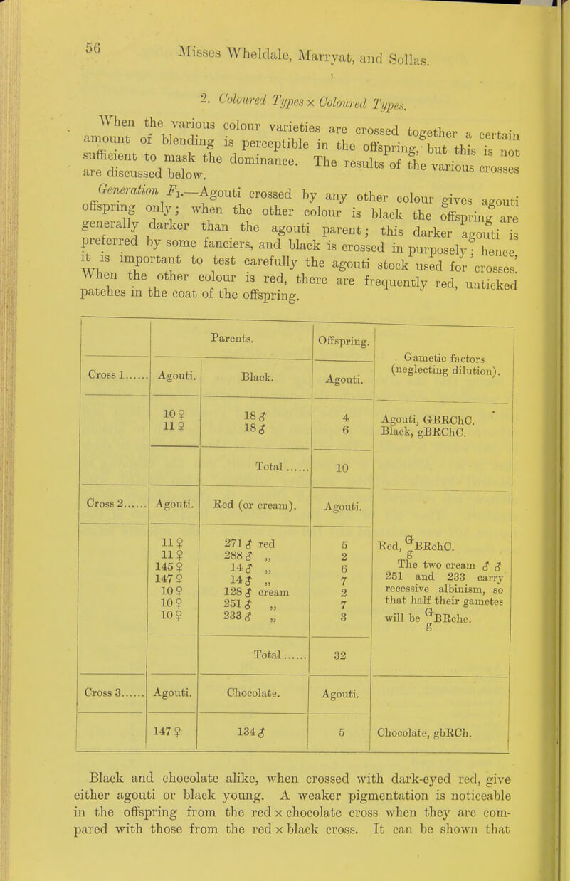 2. Coloured Types x Coloured Types. When the various colour varieties are crossed toireth^r ....f • amount of blending is perceptible in the oZll^^^^ sufficient to n.ask the dominate. The resdlTttt^^^^^^^^^^ are discussed below. vacuus ciosses Generation F^.-Agouti crossed by any other colour gives a^^outi ofispnng only ; when the other colour is black the offspring are generally darker than the agouti parent; this darker agouti is preferred by some fanciers, and black is crossed in purposely hence It IS important to test carefully the agouti stock used for crosses! When the other colour is red, there are frequently red, unticked patches in the coat of the offspring. unucKea Parents. Offspring. (neglecting dilution). Agouti. Black. Agouti. 10? 11? 18 ^ 18 5 4 6 Agouti, G-BEChC. Black, gBRChC. Total 10 Cross 2 , Agouti. Red (or cream). Agouti. Red, ^BRchC. g The two cream ^ ^ 251 and 233 carry recessive albinism, so that half their gametes will be ^BRchc. g 11? 11? 145? 147? 10? 10? 10? 271 <J red 288 <? „ 14<? „ 14 ^ „ 128 $ cream 251 ^ „ 233 <? „ 5 2 6 7 2 7 3 Total 32 Cross 3 Agouti. Chocolate. Agouti. Chocolate, gbRCh. 147? 134 ^ 5 j Black and chocolate alike, when crossed with dark-eyed red, give either agouti or black young. A weaker pigmentation is noticeable in the offspring from the red x chocolate cross when they are com- pared with those from the red x black cross. It can be shown that