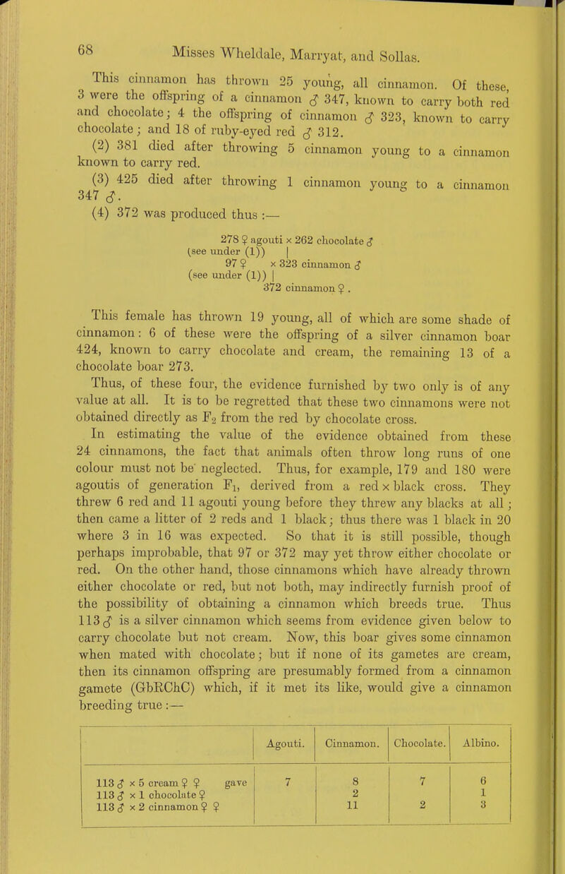 This cinnamon has thrown 25 youi'ig, all cinnamon. Of these 3 were the offspring of a cinnamon ^ 347, known to carry both red and chocolate; 4 the offspring of cinnamon $ 323, known to carry chocolate; and 18 of ruby-eyed red 312. (2) 381 died after throAving 5 cinnamon young to a cinnamon known to carry red. (3) 425 died after throwing 1 cinnamon young to a cinnamon 347 (4) 372 was produced thus :— 278 ? agouti X 262 chocolate <? ^see under (1)) | 97 ? X 323 cinnamon $ (see under (1)) | 372 cinnamon $ . This female has thrown 19 young, all of which are some shade of cinnamon: 6 of these were the offspring of a silver cinnamon boar 424, known to carry chocolate and cream, the remaining 13 of a chocolate boar 273. Thus, of these four, the evidence furnished by two only is of any value at all. It is to be regretted that these two cinnamons were not obtained directly as r2 from the red by chocolate cross. In estimating the value of the evidence obtained from these 24 cinnamons, the fact that animals often throw lone runs of one colour must not be neglected. Thus, for example, 179 and 180 were agoutis of generation Fi, derived from a red x black cross. They threw 6 red and 11 agouti young before they threw any blacks at all; then came a litter of 2 reds and 1 black; thus there was 1 black in 20 where 3 in 16 was expected. So that it is still possible, though perhaps improbable, that 97 or 372 may yet throw either chocolate or red. On the other hand, those cinnamons which have already thrown either chocolate or red, but not both, may indirectly furnish proof of the possibility of obtaining a cinnamon which breeds true. Thus 113 is a silver cinnamon which seems from evidence given below to carry chocolate but not cream. Now, this boar gives some cinnamon when mated with chocolate; but if none of its gametes are cream, then its cinnamon offspring are presumably formed from a cinnamon gamete (GbEChC) which, if it met its like, would give a cinnamon breeding true:— Agouti. Cinnamon. Chocolate. Albino. 113 <? X 5 cream ? ? gave 7 8 7 6 113 <? X 1 chocolate ? 2 1 113 <? X 2 cinnamon 9 ?