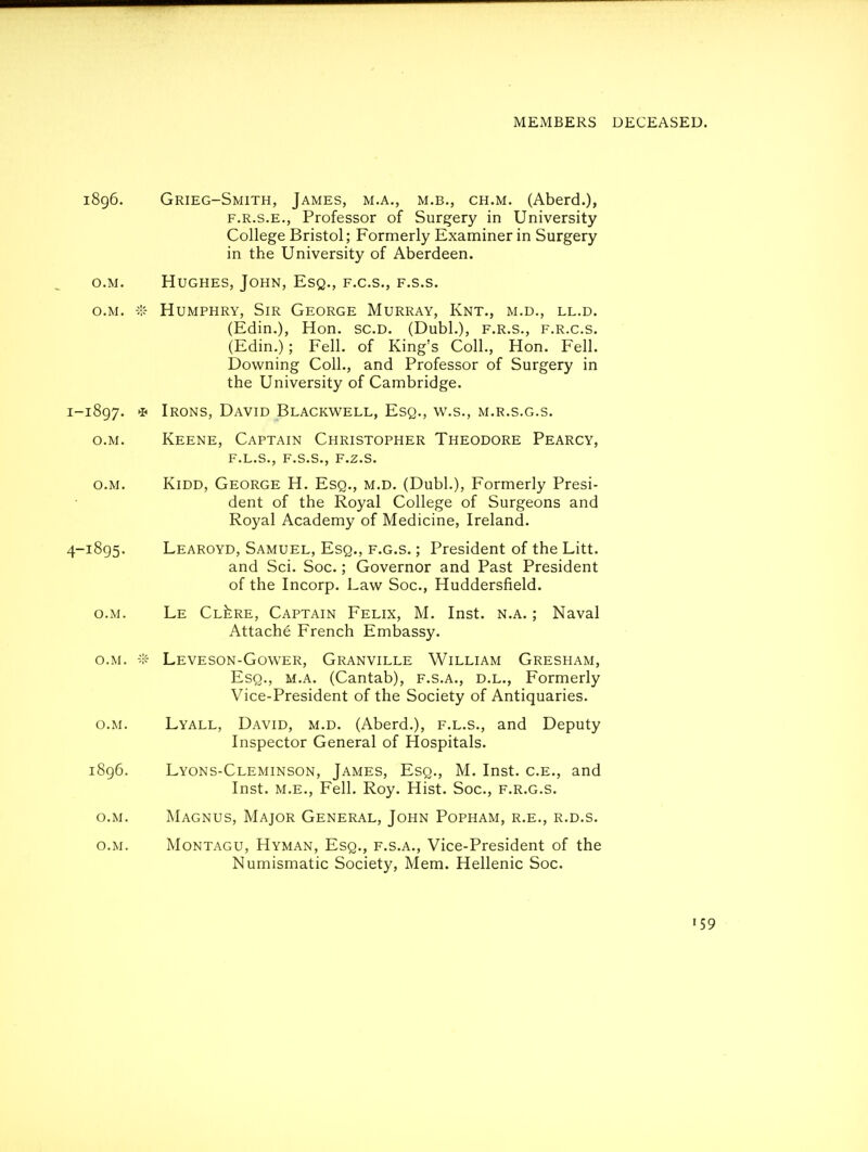 i8g6. Grieg-Smith, James, m.a., m.b., ch.m. (Aberd.), F.R.S.E., Professor of Surgery in University College Bristol; Formerly Examiner in Surgery in the University of Aberdeen. o.M. Hughes, John, Esq., f.c.s., f.s.s. o.M. -;!:- Humphry, Sir George Murray, Knt., m.d., ll.d. (Edin.), Hon. sc.D. (Dubl.), f.r.s., f.r.c.s. (Edin.); Fell, of King's Coll., Hon. Fell. Downing Coll., and Professor of Surgery in the University of Cambridge. 1-1897. * Irons, David Blackwell, Esq., w.s., m.r.s.g.s. o.M. Keene, Captain Christopher Theodore Pearcy, F.L.S., F.S.S., F.Z.S. o.M. KiDD, George H. Esq., m.d. (Dubl.), Formerly Presi- dent of the Royal College of Surgeons and Royal Academy of Medicine, Ireland. 4-1895. Learoyd, Samuel, Esq., f.g.s. ; President of the Litt. and Sci. Soc.; Governor and Past President of the Incorp. Law Soc, Huddersfield. O.M. Le Cl^re, Captain Felix, M. Inst. n.a. ; Naval Attache French Embassy. o.M. Leveson-Gower, Granville William Gresham, Esq., m.a. (Cantab), f.s.a., d.l., Formerly Vice-President of the Society of Antiquaries. O.M. Lyall, David, m.d. (Aberd.), f.l.s., and Deputy Inspector General of Hospitals. 1896. Lyons-Cleminson, James, Esq., M. Inst, c.e., and Inst. M.E., Fell. Roy. Hist. Soc, f.r.g.s. o.M. Magnus, Major General, John Popham, r.e., r.d.s. o.M. Montagu, Hyman, Esq., f.s.a., Vice-President of the Numismatic Society, Mem. Hellenic Soc.