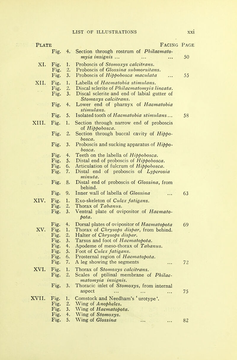 Plate Facing Page 50 55 Fig. 4. Section through rostrum of Philaemato- myia insignis ... V T Al. rig. 1. Proboscis of Stomoxys calcitrans. 2. Prnnn^n*^^ of Crlci^'HiifT '^iihtviriy^ifnyi^ Fig. 3. Proboscis of Hippobosca maculata ■V T T All. Ig. 1. Labella of Hciematobia sttmulans. Fig. o Discal sclerite of PliilciCfHcitotnyid liiiccitcz. Fig. J. Discal sclerite and end of labial gutter of StoiHoxys culcitfcius. Fig. 4. Lower end of pharnyx of Haematobia stimulans. rig- c 0. Isolated tooth of Haematobia stimulans ... XIII. Fig. 1. Section through narrow end of proboscis of Hippobosca. Fig. 2. Section through buccal cavity of Hippo- bosca. Fig. 3. Proboscis and sucking apparatus of Hippo- bosca. Fig. A ^. Teeth on the labella of Hippobosca. Fig. C J. Distal end of proboscis of Hippobosca, Fig. p. O. Articulation of fulcrum of Hippobosca. Fisf. 7. Distal end of proboscis of Lyperosia minuta. Fig. 8. Distal end of proboscis of Glossina, from behind. Fig. 9. Inner wall of labella of Glossina V T A 7 Al V. Fig. 1. Exo-skeleton oi Ctclex fatigans. Fig. 2. itiorax OI labanits. Fig. i. Ventral plate of ovipositor of Haemato- Fig. A 'f. Dorsal plates of ovipositor of Haematopota A V. Fig. 1 1. Thorax of Chrysops dispar, from behind. l^ig. 2. Halter of Chrysops dispar. Fig. i. Tarsus and foot of Haematopota. J- 4, Fig. 5. Foot of Cttlex fatigans. Fig. 6. Prosternal region of Haematopota. Fig. 7. A leg showing the segments AVI. Fig. 1. Thorax of Stomoxys calcitrans. r Ig. 0 Scales of ptilinal membrane of Philae- matomyia insignis. Fig. 3. Thoracic inlet of Stomoxys, from internal aspect XVII. Fig. 1. Comstock and Needham's 'urotype'. Fig. 2. Wing of Anopheles. Fig. 3. Wing of Haematopota. Fig. 4. Wing of Stomoxys, Fig. 5. Wing oi Glossina 58 63 69 72 75 82