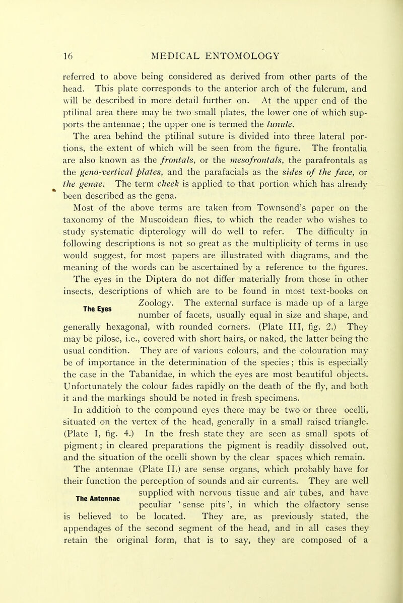 referred to above being considered as derived from other parts of the head. This plate corresponds to the anterior arch of the fulcrum, and will be described in more detail further on. At the upper end of the ptilinal area there may be two small plates, the lower one of which sup- ports the antennae; the upper one is termed the Iiinule. The area behind the ptilinal suture is divided into three lateral por- tions, the extent of which will be seen from the iigure. The frontalia are also known as the frontah, or the mesofrontals, the parafrontals as the geno-vertical plates, and the parafacials as the sides of the face, or the genae. The term cheek is applied to that portion which has already been described as the gena. Most of the above terms are taken from Townsend's paper on the taxonomy of the Muscoidean flies, to which the reader who wishes to study S3'stematic dipterology will do well to refer. The difficulty in following descriptions is not so great as the multiplicity of terms in use would suggest, for most papers are illustrated with diagrams, and the meaning of the words can be ascertained by a reference to the figures. The eyes in the Diptera do not differ materially from those in other insects, descriptions of which are to be found in most text-books on The E es Zoology. The external surface is made up of a large number of facets, usually equal in size and shape, and generally hexagonal, with rounded corners. (Plate III, fig. 2.) They may be pilose, i.e., covered with short hairs, or naked, the latter being the usual condition. They are of various colours, and the colouration may be of importance in the determination of the species; this is especially the case in the Tabanidae, in which the eyes are most beautiful objects. Unfortunately the colour fades rapidly on the death of the fly, and both it and the markings should be noted in fresh specimens. In addition to the compound ej'es there may be two or three ocelli, situated on the vertex of the head, generally in a small raised triangle. (Plate I, fig. 4.) In the fresh state they are seen as small spots of pigment; in cleared preparations the pigment is readily dissolved out, and the situation of the ocelli shown by the clear spaces which remain. The antennae (Plate II.) are sense organs, which probably have for their function the perception of sounds and air currents. They are well supplied with nervous tissue and air tubes, and have The Antennae ^ • , • , • , , ,r peculiar sense pits , in which the olfactory sense is believed to be located. They are, as previously stated, the appendages of the second segment of the head, and in all cases they retain the original form, that is to say, they are composed of a