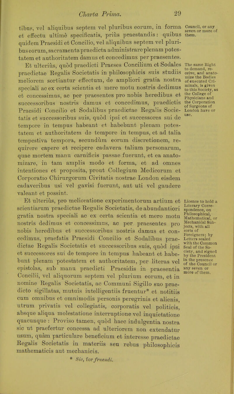 tibnp, vel aliquibus septem vel pliiribus eoruni, in forma Council, or any 5 1 r 1 ... ., seven or more of et effectu ultime specificatis, prius praestandis : quibus them, quidem Praesidi et Concilio, vel aliquibus septem vel pluri- bus eorum, sacramentapraedieta administrai-eplenam potes- tatem et autboritatem damus et concedimus per praesentes. Et u.lterius, quod praedicti Praeses Concilium et Sodales The same Rigiit * to (Icmfind t6~ praedictae Eegalis Societatis in pbilosophicis suis studiis ceive, and'anato- , . , pf , -I T • i.* i. mize the Bodies meliorem sortiantur effectum, de ampliori gratia nostra of executed Ci i- speciali ac ex certa scientia et mere motu nostris dedimus toSsocfe7y,as et concessimus, ac per praesentes pro nobis heredibus et p^ySSns a°nd successoribus nostris damus et concedimus, praedictis the Corporation r-( T T T -n 1 • <?( • °^ Surgeons of Praesidi Concilio et Sodalibus praedictae Regalis Socie- London have or tatis et successoribus suis, quod ipsi et successores sui de tempore in tempus habeant et habebunt plenam potes- tatem et authoritatem de tempore in tempus, et ad talia tempestiva tempera, secundum eorum discretionem, re- quirere capere et recipere cadavera talium personarum, quae mortem manu carnificis passae fuerunt, et ea anato- mizare, in tam amplis mode et forma, et ad omnes intentiones et proposita, prout Collegium Medicorum et Corporatio Chirurgorum Civitatis nostrae London eisdem cadaveribus usi vel gavisi fuerunt, aut uti vel gaudere valeant et possint. Et ulterius, pro melioratione experimentorum artium et Licence to hold a scientiarum praedictae Hegalis Societatis, de abundantiori spomie^nce,°on^ gratia nostra speciali ac ex certa scientia et mero motu Mathematfca]' or nostris dedimus et concessimus, ac per praesentes pro MechanicalSut- ^ ^ r r jects, with all nobis heredibus et successoribus nostris damus et con- sorts of cedimus, praefatis Praesidi Concilio et Sodalibus prae- Letters sealed dictae Eegalis Societatis et successoribus suis, quod ipsi Seai onhe^So et successores sui de tempore in tempus liabeant et habe- by the^presidcnt* bunt plenam potestatem et authoritatem, per literas vel oVthe'councu'^or epistolas, sub manu praedicti Praesidis in praesentia ^^'^ ^^^^ °' f^ TV ' , IT- . more of them. uoncilu, vei aliquorum septem vel plurium eorum, et m nomine Regalis Societatis, ac Communi Sigillo suo prae- dicto sigillatas, mutuis intelUgentiis fruentur* et notitiis cum omnibus et omnimodis personis peregrinis et alienis, utrura privatis vel collegiatis, corporatis vel politicis, absque aliqua molestatione interruptione vel inquietatione quacunque : Proviso tamen, quod haec indulgentia nostra sic ut praefertur concessa ad ulteriorem non extendatur usum, quam particulare beneficium et interesse praedictae Regalis Societatis in materiis seu rebus philosophicis mathematicis aut mechanicis. * Sic, iov fruendi.