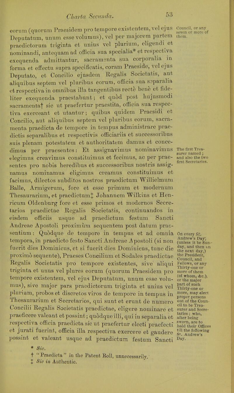 eornm (quorum Praesidem pro tempore existentem, vel ejus Coupon, - any^ Depatatum, unum esse volumus), vel per majorem partem them, praedictorum triginta et unius vel plurium, eligendi et nominandi, antequamad officia sua specialia* etrespectiva exequenda admittantur, sacramsnta sua corporalia in forma et effectu supra specificatU, coram Praeside, vel ejus Deputato, et Ooncilio ejusdem Regalis Societatis, aut aliquibus septem vel pluribus eorum, officia sna s.3para,lia et respectiva in omnibus ilia tangentibus recte bene et fide- liter exequenda praestabunt; et quod post Imjusmodi sacramentaf sic ut praefertur praestita, officia sua respec- tiva exerceant et utantur; quibus quidem Praesidi et Concilio, aut aliquibus septem vel pluribus eorum, sacra- menta praedicta de tempore in tempus administrare prae- dictis separalibus et respectivis officiariis et successoribus suis plenam potestatem et autlioritatem damns et conce- dimus per praesentes: Et assignavimus nominavimus The first Trea- elegimus creavimus constitiiimus et fecimus, ac per prae- and also the two . , •! 1 • • first Secretaries. sentes pro nobis heredibus et siTCcessoribus nostris assig- namus nominamus eligimus creamns constituimus et facimus, dilectos subditos nostros praedictum Willielmnm Balle, Armigerum, fore et esse primum et modernum Thesaurarium, et praedictum^ Johannem Willdns et Hen- ricum Oldenburg fore et esse primes et modernos Secre- taries praedictae Regalis Societatis, continuandos in eisdem officiis usque ad praedictum festum Sancti Andreae Apostoli proximum sequentem post datum prae- sentium : Quodqne de tempore in tempus et ad omnia On every St. tempora, in praedicto f esto Sancti Andreae A postoli (si non (^iH^il be^sun- fuerit dies Dominions, et si fuerit dies Dominicus, tunc die thj'next day)^ proximo sequente), Praeses Concilium et Sodales praedictae President, ' . . . ^ Council, and iiegalis Societatis pro tempore existentes, sive aliqui i'eiiows, or any , T-..-. Thirty-one or trigmta et unus vel plures eorum (quorum Praesidem pro moreofihcm tempore existentem, vel ejus Deputatum, unum esse volu- ottheXj**^'^' mus), sive major pars praedictorum triginta et unius vel TMrt°/-on?or plurium, probos et discretos viros de tempore in tempu^s in ^y elect rill • j_ o . • . ^ proper persons inesaurarium et feecretarios, qui sunt et erunt de numero out of the coun- Concilii Regalis Societatis praedictae, eligere nominare et surer and Secre- praeficere valeant et possint; quodque illi, qui in separalia et aSeS°' respectiva officia praedicta sic ut praefertur electi praefecti how u.ei'r Sfflces et jurati fuerint, officia ilia respectiva exercere et gaudere Andrew'I^^ possint et valeant usque ad praedictum festum Sancti ^^y- # Sic. t Praedicta in the Patent Eoll, unnecessarily. X Sic in Authentic,