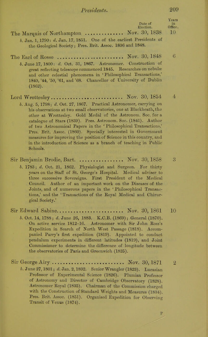 Years Date of in Election. Office. The Marquis of North amp ton Nov. 30, 1838 h. Jan. 1, 1790: d. Jan. 17, 1851. One of the earHest Presidents of the Geological Society; Pres. Brit. Assoc. 1836 and 1848. 10 The Earl of Rosse Nov. 30, ] 848 6 b. June 17, 1800: d. Oct. 31, 1867. Astronomer. Construction of gi-eat reflecting telescope commenced 1845. Researches on nebulte and other celestial phenomena in ' Philosophical Transactions.' 1840, '44, '50, '61, and '68. Chancellor of University of Dublin (1862). Lord Wrottesley Nov. 30, 1854 4 h. Aug. 5, 1798; d. Oct. 27, 1867. Practical Astronomer, carrying on his observations at two small observatories, one at Blackheath, the other at Wrottesley. Grold Medal of the Astronom. Soc. for a catalogue of Stars (1839). Pres. Astronom. Soc. (1841). Author of two Astronomical Papers in the ' Philosophical Transactions.' Pres. Brit. Assoc. (1860). Specially interested in Grovernment measures for improving the position of Science in this country, and in the introduction of Science as a branch of teaching in Public Schools. Sir Benjamin Brodie, Bart Nov. 30,1858 3 I. 1783; d. Oct. 21, 1862. Physiologist and Surgeon. For thirty years on the Staff of St. George's Hospital. Medical adviser to three successive SoA'ereigns. First President of the Medical Council. Author of an important work on the Diseases of the Joints, and of numerous papers in the ' Philosophical Transac- tions,' and the ' Transactions of the Royal Medical and Chirur- gical Society.' Sir Edward Sabine Nov. 30, 1861 10 b. Oct. 14, 1788 ; d. June 26, 1883. K.C.B. (1869) ; General (1870). On active service 1812-16. Astronomer with Sir John Ross's Expedition in Search of North West Passage (1818). Accom- panied Parry's first expedition (1819). Appointed to conduct pendulum experiments in different latitudes (1819), and Joint Commissioner to determine the difference of longitude between the observatories of Paris and Greenwich (1825). Sir George Airy Nov. 30, 1871 2 b. June 27,1801; d. Jan. 2,1892. Senior Wrangler (1823). Lucasian Professor of Experimental Science (1826). Plumian Professor of Astronomy and Director of Cambridge Observatory (1828). Astronomer Royal (1835). Chairman of the Commission charged with tlie Construction of Standard Weights and Measures (1834). Pres. Brit. Assoc. (1851). Organised Expedition for Observing Transit of Venus (1874). P