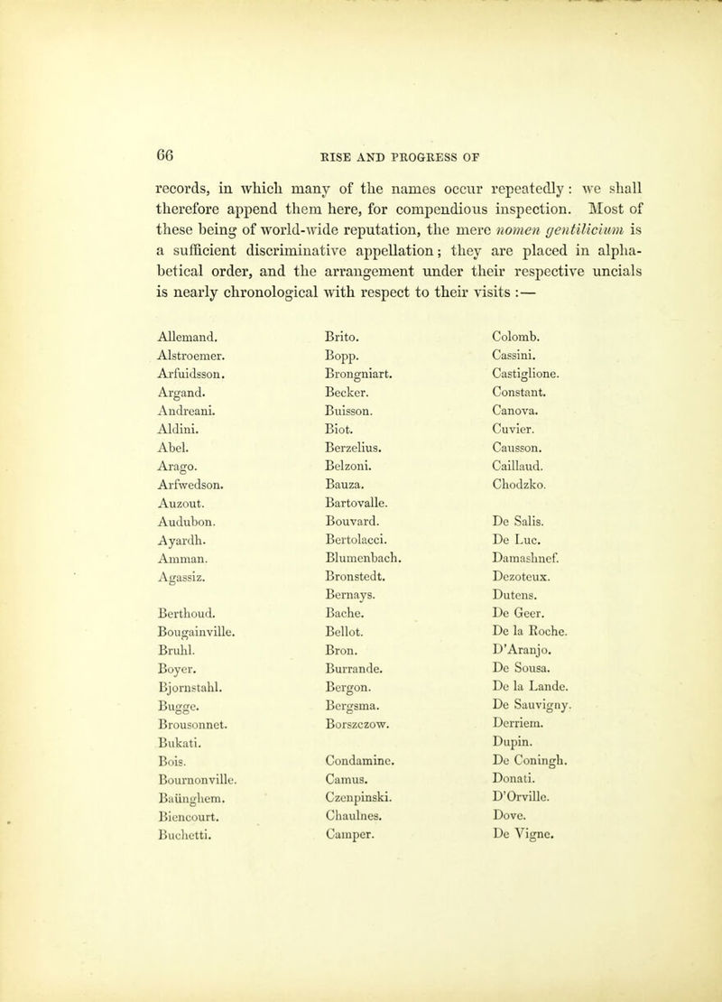 records, in wliicli many of the names occur repeatedly: we shall therefore append them here, for compendious inspection. Most of these heing of world-AFide reputation, the mere nomen (jentilicium is a sufficient discriminative appellation; they are placed in alpha- betical order, and the arrangement under their respective uncials is nearly chronological with respect to their visits :— Allemand. Brito. Colomb. Alstroemer. Bopp. Cassini. Arfuidsson. Brongniart. Castiglione. Argand. Becker. Constant. Andreani. Buisson. Canova. Aldini. Biot. Cuvler. Abel. Berzelius. Causson. Arago. Belzoni. Caillaud. Arfwedson. Bauza, Chodzko. Auzout. Bartovalle. Audubon. Bouvard. De Salis. Ayardh. Bertolacci. De Luc. Amman. Blumenbach. Damaslmef. Agassiz. Bronstedt. Dezoteux. Bernays. Dutens. Berthoud. Bache. De Gccr. Bougainville. Bellot. De la Roche. Bruhl. Bron. D'Aranjo. Boyer. Burrande. Do Sousa. Bjornstahl. Bergon. De la Landc. Bugge. Bergsma. De Sauvigny, Brousonnet. Borszczow. Dcrriem. Bukuti. Dupin. Bois. Condamine. Do Coningh. Bournonville. Camus. Donati. Baiinghcm. Czenpinski. D'OrviUe. Biencourt. Chaulnes. Dove. Buclietti. Camper. De Vignc.