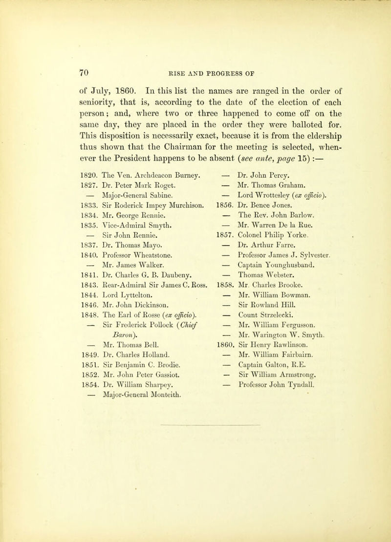 of July, 1860. In this list the names are ranged in the order of seniority, that is, according to the date of the election of each person; and, where two or three happened to come off on the same day, they are placed in the order they were balloted for. This disposition is necessarily exact, because it is from the eldership thus shown that the Chairman for the meeting is selected, when- ever the President happens to be absent {see ante, page 15) :— 1820. The Ven. Archdeacon Burney. 1827. Dr. Peter Mark Roget. — ]\Iajor-General Sabine. 1833. Sir Roderick Impey Murchison. 1834. Mr. George Rennie. 1835. Vice-Adtniral Smyth. — Sir John Rennie. 1837. Dr. Thomas Mayo. 1840. Professor Wheatstone. — Mr. James Walker. 1841. Dr. Charles G. B. Daubeny. 1843. Rear-Admiral Sir James C. Ross. 1844. Lord Lyttelton. 1846. Mr. John Dickinson. 1848. The Earl of Rosse {ex officio). — Sir Frederick Pollock {Chief Baron). — ]\Ir. Thomas Bell. 1849. Dr. Charles Holland. 1851. Sir Benjamin C. Brodie. 1852. Mr. John Peter Gassiot. 1854. Dr. William Sharpey. — Major-General Monteith. — Dr. John Percy. — Mr. Thomas Graham. — Lord Wrottesley {ex officio). 1856. Dr. Bence Jones, — The Rev. John Barlow. — Mr. Warren De la Rue. 1857. Colonel Philip Yorke, — Dr. Arthur Farre. — Professor James J. Sylvester. — Captain Younghusband. — Thomas Webster. 1858. Mr. Charles Brooke. — Mr. William Bowman. — Sir Rowland HiU. — Count Strzelecki. — IMr. William Fergusson. — ]\Ir. Warington W. Smyth. 1860. Sir Henry Rawlinson. — ]\Ir. William Fairbairn. — Captain Galton, R.E. — Sir William Armstrong. — Professor John Tyndall.