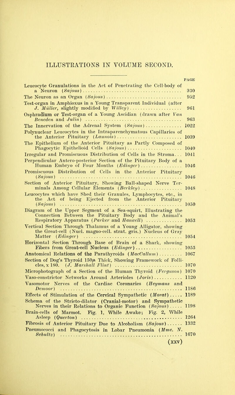 ILLUSTEATIONS IN VOLUME SECOND. PAGE Leucocyte Granulations in the Act of Penetrating the Cell-body of a Neuron (Sajous) 930 The Neuron as an Organ (Sajous) 952 Test-organ in Amphioxus in a Young Transparent Individual (after J. Mailer, slightly modified by Willey) 9G1 Osphradium or Test-organ of a Young Aseidian (drawn after Van Beneden and Julin) 963 The Innervation of the Adrenal System (Sajous) 1022 Polynuelear Leucocytes in the Intraparenchymatous Capillaries of the Anterior Pituitary (Launois) 1039 The Epithelium of the Anterior Pituitary as Partly Composed of Phagocytic Epithelioid Cells (Sajous) 1040 Irregular and Promiscuous Distribution of Cells in the Stroma. . . 1041 Perpendicular Antero posterior Section of the Pituitary Body of a Human Embryo of Four Months (Edinger) 1046 Promiscuous Distribution of Cells in the Anterior Pituitary (Sajous) 1046 Section of Anterior Pituitary, Showing Ball-shaped Nerve Ter- minals Among Cellular Elements (Berkley) 1048 Leucocytes which have Shed their Granules, Lymphocytes, etc., in the Act of being Ejected from the Anterior Pituitary iSajous) 1050 Diagram of the Upper Segment of a Sea-squirt, Illustrating the Connection Between the Pituitary Body and the Animal's Respiratory Apparatus (Parker and Haswell) 1053 Vertical Section Through Thalamus of a Young Alligator, showing the Great-cell (Nucl. magno-cell. strat. gris.) Nucleus of Gray Matter (Edinger) 1054 Horizontal Section Through Base of Brain of a Shark, showing Fibers from Great-cell Nucleus (Edinger) 1055 Anatomical Relations of the Parathyroids (MacCallum) 1067 Section of Dog's Thyroid 150/a Thick, Showing Framework of Folli- cles, x 180. (J. Marshall Flint) 1070 Micropliotograph of a Section of the Human Thyroid (Ferguson) 1070 Vaso-constrictor Networks Around Arterioles (Joris) 1120 Vasomotor Nerves of the Cardiac Coronaries (Heymans and Demoor) 1186 Effects of Stimulation of the Cervical Sympathetic (Morat) 1189 Schema of the Stricto-dilator (Cranial-motor) and Sympathetic Nerves in their Relations to Organic Function (Sajous) 1198 Brain-cells of Marmot. Fig. 1, While Awake; Fig. 2, While Asleep (Querton) 1264 Fibrosis of Anterior Pituitary Due to Alcoholism (Bajous) 1332 Pneumocoeci and Phagocytosis in Lobar Pneumonia (Mme. N. Schults) 1670