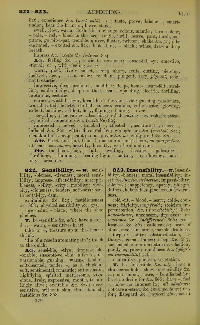 821—823. AFFECTIONS. \? 826; experience Sec. {meet xoith) 151; taste, prove; labour smart- under ; bear the brunt of, brave, stand. swell, glow, warm, flush, blush, change colour, mantle ; turn -colour, - pale, - red, - black in the face ; tingle, thrill, heave, pant, throb, pal- pitate, go pit-a-pat, tremble, quiver, flutter, twitter; shake &c. 315 ; be -agitated, - excited kc. 824; look -blue, - black; wince, draw a deep breath. impress &c. {excite the feelings) 824. Adj. I'eeling Sec. v.; sentient; sensuous; sensor-ial, -y; emo-tive, -tioual; of -, with -feeling &c. n. warm, quick, lively, smart, strong, sharp, acute, cutting, piercing, incisive; keen, - as a razor; trenchant, pungent, racy, piquant, poig- nant, caustic. _ impressive, deep, profound, indelible ; deep-, home-, heart-felt; swel- ling, soul-stirring, deep-mouthed, heart-expanding, electric, thrilling, rapturous, ecstatic. earnest, wistful, eager, breathless ; fer-veut, -vid ; gushing, passionate, warmhearted, hearty, cordial, sincere, zealous, enthusiastic, glowing, ardent, burning, red-hot, fiery, flaming; boiling, - over. pervading, penetrating, absorbing; rabid, raving, feverish, fanatical, hysterical; impetuous &c. {excitable) 2,2^. impressed -, moved -, touched -, affected -, penetrated -, seized -, imbued &c. 820- with; devoured by; wrought up &c. {excited) 824; struck all of a heap ; rapt; in a -quiver &c. n.; enraptured &c. 829. Adv. heart and soul, from the bottom of one's heart, ah imo pectore, at heart, con amore, heartily, devoutly, over head and ears. Phr. the heart -big, - full, - swelling, - beating, - pulsating, - throbbing, - thumping, - beating high, - melting, - overflowing, - burst- ing, - breaking. 822. Sensibility. — w. sensi- bility, -bleness, -tiveness; moral sensi- biUty; impress-, affect-ibility; suscepti- bleness, -bility, -vity; mobility; viva- city, -ciousness ; tender-, soft-ness ; sen- timental-ity, -ism. excitability &c. 825; fastidiousness Sec. 868; physical sensibility &c. 375. sore -point, - place ; where the shoe pinches. V. be -sensible &c. adj.; have a -ten- der, - warm, - sensitive- heart. take to -, treasure up in the- heart; shrink. ' die of a rose in aromatic pain'; touch to the quick. Adj. sensi-ble, -tive; impressi-ble, -enable ; suscepti-ve, -ble ; alive to, im- passionable, gushing; warm-, tender-, soft-hearted; tender -, as a chicken; soft, sentimental,romantic; enthusiastic, highflying, spirited, mettlesome, viva- cious, lively, expressive, mobile, tremb- lingly alive ; excitable &c. 825 ; over- sensitive, without skin, thin-skinned; fastidious &c. 868. 270 823. Insensibility.—w. insensi- bility, -bleness; moral insensibility; in- evtness,ineftia, visinertics; impassi-bility, -bleness; inappetency, apathy, phlegm, dulness, hebetude, supineness,luke warm- ness. cold -fit, - blood, - heart; cold-, cool- ness; frigidity, srt?2/7/m'rf; stoicism, im- perturbation, &c. ( inexcitahility ) 826; nonchalance, unconcern, dry eyes; in- souciance Sec. {indifference) 866; reck- lessness &c. 863 ; callousness; heart of stone, stock and stone, marble, deadness. torp-or, -idity; obstupefaction, le- thargy, coma, trance; sleep &c. 683; suspended animation ; stup-or, -efaction : paralysis, palsy; numbness &c. {physi- cal insensihility) 376. neutrality; quietism, vegetation. V. be -insensible &c. adj.: have a rhinoceros hide; show -insensibility &c. n.; not -mind, - care, - be affected by; have no desire for &c. 866 ; have -, feel -, take- no interest in ; nil admirari; not care a -straw &c. {unimportance) 643 for; disregard &c. {neglect) 460; set at