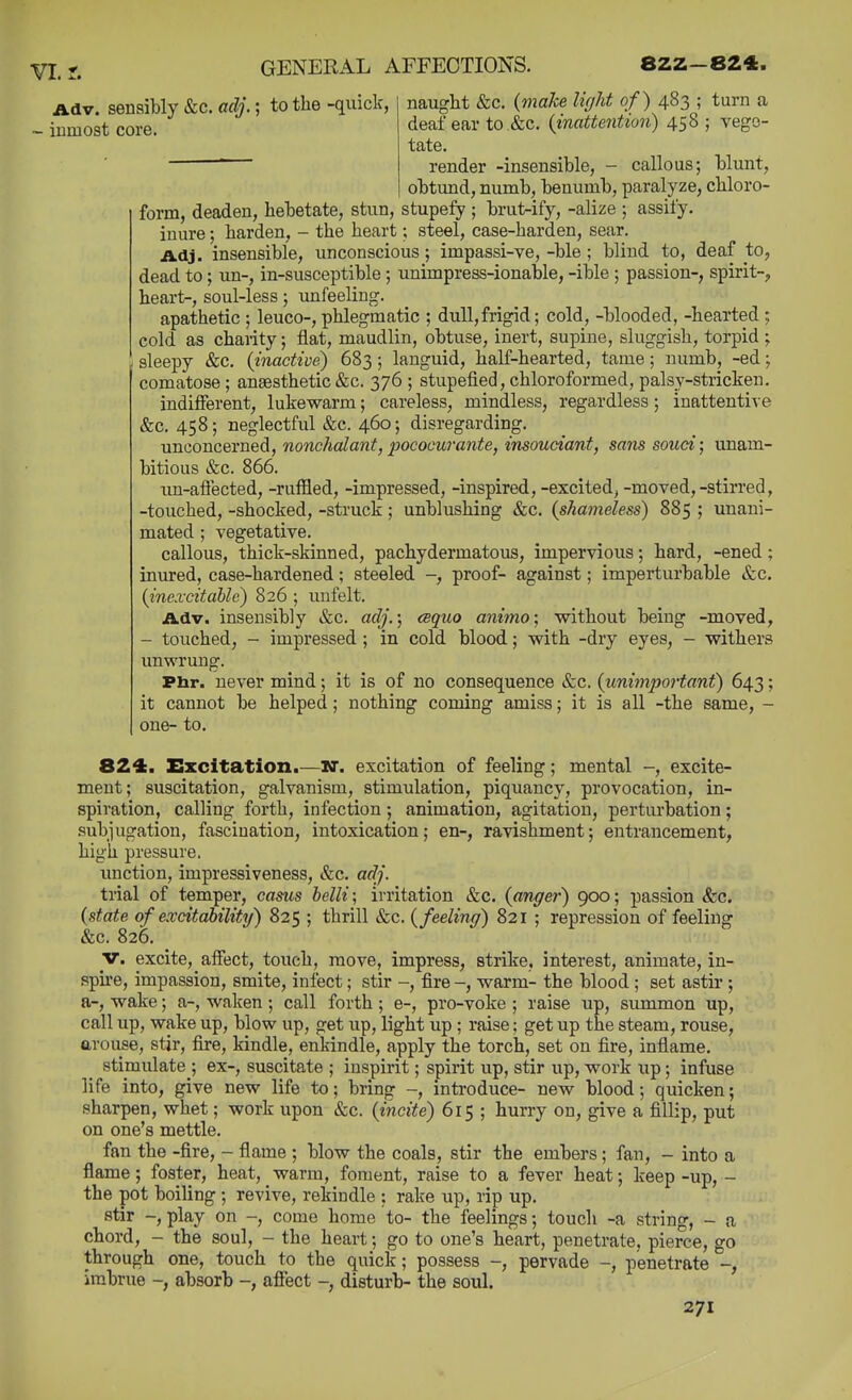 Adv. sensibly &c. adj.; to the -quick, ~ inmost core. naught &c. (make light of) 483 ; turn a deaf ear to &c. {inatte^ition) 458; vege- tate. render -insensible, - callous; blunt, obtund, numb, benumb, paralyze, chloro- form, deaden, hebetate, stun, stupefy ; brut-ify, -alize ; assify. inure; harden, - the heart; steel, case-harden, sear. Adj. insensible, unconscious; impassi-ve,-ble ; blind to, deaf to, dead to; un-, in-susceptible ; unimpress-ionable, -ible ; passion-, spirit-, heart-, soul-less; unfeeling. apathetic ; leuco-, phlegmatic ; dull,frigid; cold, -blooded, -hearted ; cold as charity; flat, maudlin, obtuse, inert, supine, sluggish, torpid ; sleepy &c. {inactive) 683; languid, haK-hearted, tame; numb, -ed; comatose; anaesthetic &c. 376 ; stupefied, chloroformed, palsy-stricken. indifferent, lukewarm; careless, mindless, regardless; inattentiv e &c. 458; neglectful &c. 460; disregarding. unconcerned, nonchalant, ^pococurante, insouciant, sans souci; unam- bitious &c. 866. un-afiected, -ruffled, -impressed, -inspired, -excited, -moved,-stirred, -touched, -shocked, -struck ; unblushing &c. {shameless) 885 ; unani- mated ; vegetative. callous, thick-skinned, pachydermatous, impervious; hard, -ened; inured, case-hardened; steeled -, proof- against; imperturbable &c. {incxcitahle) 826 ; unfelt. Adv. insensibly &c. adj.) cequo animo; without being -moved, - touched, - impressed; in cold blood; with -dry eyes, - withers unwrung. Phr. never mind; it is of no consequence &c. {unimportant) 643; it cannot be helped; nothing coming amiss; it is all -the same, - one- to. 824. Excitation.—W. excitation of feeling; mental -, excite- ment; suscitation, galvanism, stimulation, piquancy, provocation, in- spiration, calling forth, infection; animation, agitation, perturbation; subjugation, fascination, intoxication; en-, ravishment; entrancement, high pressure. unction, impressiveness, &c. adj. trial of temper, casus belli; irritation &c, {anger) 900; passion &c. {state of exeitabiliti/) 825 ; thrill &c. {feeling) 821 ; repression of feeling &c. 826. V. excite, affect, touch, move, impress, strike, interest, animate, in- spu*e, impassion, smite, infect; stir -, fire -, warm- the blood ; set astir; a-, wake; a-, waken ; call forth ; e-, pro-voke ; raise up, summon up, call up, wake up, blow up, get up, light up; raise; get up the steam, rouse, arouse, stir, fire, kindle, enkindle, apply the torch, set on fire, inflame. stimulate ; ex-, suscitate ; inspirit; spirit up, stir up, work up; infuse life into, give new life to; bring -, mtroduce- new blood; quicken; sharpen, whet; work upon &c. {incite) 615 ; hurry on, give a fillip, put on one's mettle. fan the -fire, - flame ; blow the coals, stir the embers; fan, - into a flame; foster, heat, warm, foment, raise to a fever heat; keep -up, - the pot boiling ; revive, rekindle : rake up, rip up. stir -,play on -, come home to- the feelings; touch -a string, - a chord, - the soul, - the heart; go to one's heart, penetrate, pierce, go through one, touch to the quick; possess -, pervade -, penetrate -, imbrue -, absorb -, affect disturb- the soul. 271