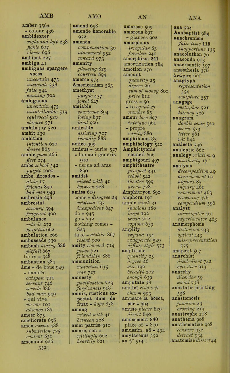 AN ANA. amter 356a - colour 436 ambidexter right and left 238 fickle 607 clever 698 ambient 227 ambigu 41 ambiguas spargere voces uncertain 475 misteach 538 false 544 cimning 702 ambiguous uncertain 475 unintelligible 519 equitwcal 520 obscure 571 ambiloquy 520 ambit 230 ambition intention 620 desire 865 amble j!?ace 266 J^<?«9* 274 ambo school 542 ]?ulpit 1000 ambo, Arcades - aZi7i(? 17 friends 890 949 ambrosia 29S ambrosial savoimj 394 fragrant 400 ambulance vehicle 272 hospital 662 ambulation 266 ambuscade 530 ambush hiding 530 pitfall 667 lie in - 528 ambustion 384 ame - de boue 949 - clamnee catsparo Til servant 746 servile 886 bad man 949 - qui vive 110 one 101 absence 187 ameer 875 ameliorate 658 amen assent 488 submission ^2$ co7itcnt 831 amenable 926 amend 658 amende honorable 952 amends compensation 30 atonement 952 reward 973 amenity pleasing 829 coxurtesy 894 amerce 974 Americanism 563 amethyst 437 jewel 847 amiable courteous 894 loving 897 Z-irtrZ 906 amicable assisting 707 friendly 888 amice 999 amicus - curite 527 - humani generis 910 - usque ad axas 890 amidst mixed witJi 41 between 228 amiss 619 come - disagree 24 mistime 135 inexpedient 647 do - 945 go - 732 nothing comes - 823 take - dislike 867 resent 900 amity concord 714 j)eace 721 fnendshij) 888 ammunition TuateHals 635 Wfl? 727 amnesty pacification 723 forgiveness 91S amnis, rusticus ex- pectat dum de- fluat - 7iOi>e 858 among mixed rvith 41 between 228 amor patriae 910 amore, con - willingly 602 heartily 821 amoroso 599 amorous 897 - glances 902 amorphous irregular 83 formless 241 amorphism 241 amortization 784 amotion 270 amount quantity 25 degree 26 «?t7« money 800 ^y-ic'c 812 gross - 50 - to equal 27 number 85 amour Zwre 897 intrigue 961 - propre vanity 880 amphibious 83 amphibology 520 Amphictyonic council 696 amphigouri 497 amphitheatre prospect 441 school 542 theatre 599 arena 728 Amphitryon 890 amphora 191 ample 7W{c7t 31 sjjacious 180 ^rye 192 broad 202 cojnous 639 amplify erpand 194 ezaggerate 549 diffuse style 573 amplitude quantity 25 degree 26 192 breadth 202 enovgh 639 amputate 38 amulet 7'i«// 247 charm 993 amusare la bocca, per - 394 amuse j9Z6Yfse 829 divert 840 amusement 840 place of - 840 amussim, ad - 494 amylaceous 352 an 7/ 514 ana 594 Anabaptist 984 anachronism false time 115 inopportune 135 anacoluthon 70 anaconda 913 anacreontic 597 anaesthesia 376 AvdyKTi 601 anaglyph representation 554 sculpture 557 anagoge metaphor 521 latency 526 anagram double seme 520 secret 533 Z6'^^<?? 561 7^^^^ 842 analecta 596 analeptic 662 analogy relation 9 similarity 17 analysis decomjjosition 49 arrangement 60 algebra, 85 inquiry 461 experiment 463 reasoning 476 compendium 596 analyst investigator 461 experimenter 463 anamorphosis distortion 243 optical 443 misrcpresentaiAon 555 anapffist 597 anarchist disobedient 742 evil-doer 913 anarchy disorder 59 social 738 anastatic printing 558 anastomosis junction 43 crossing 219 anastrophe 218 anathema 908 anathematize 908 censure 932 detract 934 anatomize dissect44