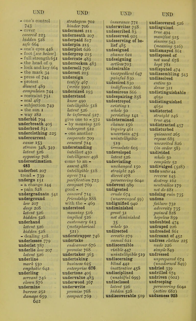 UND - one's control 743 - cover covered 223 hidden 528 safe 664 - one's eyes 446 - foot \_sce below'] - full strength 651 - the liead of 9 - lock and key 664 - the mark 34 - press of 744 - protest dissent 489 comjmUion 744 - restraint 751 - seal 467 - subjection 749 - the sun i - way 282 underbid 794 underbreath 405 underbred 851 underclothing 225 undercurrent cause 153 stream 348, 349 lateyit 526 opposing 708 underestimation 483 underfoot 207 tread - 739 undergo 151 - a change 144 - pain 828 undergraduate 541 underground low 207 deep 208 latent 526 Jddden 528 underhand latent 526 hidden 528 - dealing 528 underlessee 779 underlet 787 underlie low 207 latent 526 underline mark 550 emplmtic 642 underling servant 746 clown 876 undermine hurroiv 252 damage 659 642 stratagem 702 hinder 706 undermost 211 underneath 207 underpaid 817 underpin 215 underplot 626 underprop 215 underrate 483 underreckon 483 undersell 796 underset 215 undersign testify 467 (write 590) undersized 193 understand Jmojv 490 i?itelligible 518 latent 526 he informed 527 give one to - 572 - by meaning 516 interpret 522 - one another coojjerate jog concord 714 understanding intellect 450 intelligence 498 come to an - assent 488 intelligible 51S agree 714 jjacif cation 723 compact 769 good - concord 714 friendship 888 with the - 469 understood meaning 516 implied 526 custojnarg 613 (metaphoHcal 521) understrapper 746 undertake endeavour 676 2)rornise 768 undertaker 363 undertaking business 625 enterprise 676 undertone 405 undervalue 483 underwood 367 underwrite promise 768 co7npact 769 insurance 771 underwriter 758 undescribed 83 undeserved 925 undeserving of be- lief 485 undesigned chance 621 undesigning a/rtless 703 undesirable ineicpedicnt 647 jMinful 830 undesired 830 indifferent 866 undesirous 866 undespairing 858 undestroyed existing i wlwle 50 persisting 141 undetermined chance 156 inquiry 461 unceHain 475 unintelligible 519 iri'esolute 605 undeveloped latent 526 undeviating unchanged 150 straight 246 278 j^ersevering 604a undevout 989 undigested <?7'«//6' 674 (wnarranged 59) undignified 940 undiminished _9?'m^ 31 diminished 35 whole 50 undirected erratic 279 casual 621 undiscernible visible 447 unintelUgiile ^ig undiscerning JZirtii 442 inatteyitive 458 undisciplined (unskilful 699) undisclosed latent 526 hidden 528 undiscoverable 519 undiscovered 526 undisguised ^?'<ie 494 manifest 525 sincere 543 (meanxtig 516) undismayed 861 undisposed of not 678 /'e/?^ 781 undisputed 474 undissembling 543 undissolved entire 50 iZ^wse 321 undistinguishable 465^ undistinguished 465a undistorted straight 246 ^?v/e 494 undistracted 457 undisturbed quiescent 265 repose 685 uncxcited 826 (t» w<^^;7' 58) undivided w/wZe 50 complete 52 undivulged (528) undo 44 reverse 145 destroy 162 neutralize 179 681 undoing 735 undone failure 732 adversity 735 pained 828 hojjelcss 859 undoubted 474 undraped 226 undreaded 86r undreamt of 452 undress clotlies 225 226 simple 849 undressed unprepared. 674 (unadorned 849) undried 339 undrilled 674 undriven (602) undrooping persevering 604a (active 682) undueness 925