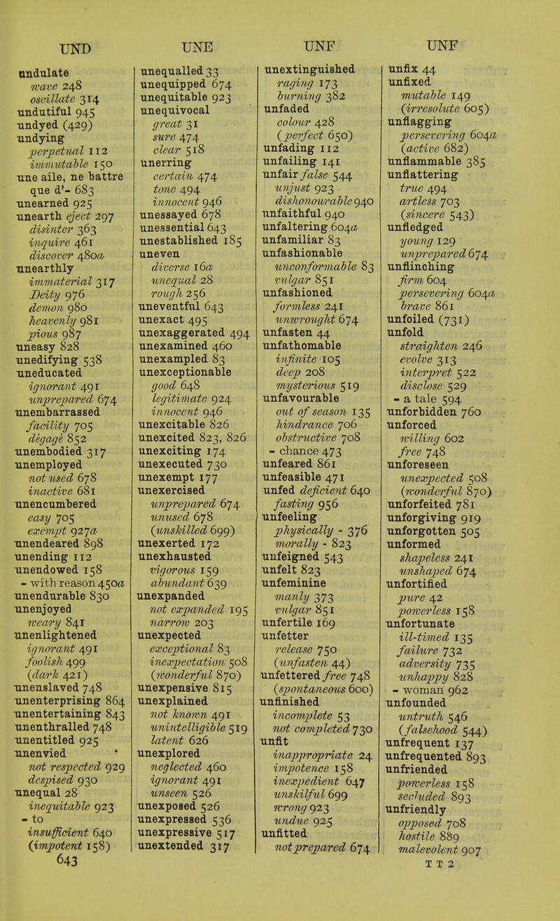 undulate nave 248 oscdllate 314 ■undutiful 945 undyed (429) undying per_petxuil 112 immutable 150 nne aile, ne battre que d'- 683 unearned 925 unearth eject 297 disinter 363 inquire 461 discover 480^ unearthly immaterial 317 Deity 976 demvn 980 Jieavenly 981 ^OTis 987 •uneasy 828 Tinedifying 538 uneducated ignorant 491 unprepared 674 unembarrassed facility 705 degage 852 nnembodied 317 unemployed ^we^^ 678 inactive 681 unencumbered 705 exempt <^2'ja nnendeared 898 unending 112 ■unendowed 158 - with reason 450^; unendurable 830 unenjoyed weary 841 unenlightened ignm'ant 491 foolish 499 {da/rli 421) unenslaved 748 unenterprising 864 unentertaining 843 unenthralled 748 unentitled 925 unenvied * not respected 929 dcsjnsed 930 unequal 28 inequitable 923 - to insufficient 640 (impotent 158) 643 unequalled 33 unequipped 674 unequitable 923 unequivocal great 31 sure 474 clear 518 unerring certain 474 tone 494 innocent 946 unessayed 678 unessential 643 unestablished 185 uneven diverse 16a unequal 28 rough 256 uneventful 643 unexact 495 unexaggerated 494 unexamined 460 unexampled 83 unexceptionable good 648 legitimate 924 innocent 946 unexcitable 826 unexcited 823, 826 unexciting 174 unexecuted 730 unexempt 177 unexercised unp7'epared 674 unused 678 ^unskilled 699) unexerted 172 unexhausted vigormis 159 abundant 639 unexpanded not expanded 195 na/rrow 203 unexpected exceptional 83 inexpectation 508 (^wonderful 870) unexpensive 815 unexplained «oi hnoivn 491 unintelligible ^ig latent 626 unexplored neglected 460 ignorant 491 unseen 526 unexposed 526 unexpressed 536 unexpressive 517 unextended 317 unextinguished m(7i/<«7 173 burning 382 unfaded colour 428 (perfect 650) unfading 112 unfailing 141 unfair /aZ^e 544 \injust 923 dishono^Lrdble 940 unfaithful 940 unfaltering 604a unfamiliar 83 unfashionable unconfoi'mable 83 vulgar 851 unfashioned formless 241 \inwrought 674 unfasten 44 unfathomable infinite 105 ^Zt'^^j* 208 mysterious 519 unfavourable OT/f of season 135 hindrance 706 obstructive 708 - chance 473 unfeared 861 unfeasible 471 unfed deficient 640 956 unfeeling physically - 376 mm'ally - 823 unfeigned 543 unfelt 823 unfeminine mawZy 373 vulgar 851 unfertile 169 unfetter release 750 {unfasten 44) unfettered /rei? 748 (spo?itaneous 600) unfinished incomplete 53 completed 730 unfit inappropriate 24 impotence 158 imxpedieiit 647 unskilful 699 wrong 923 undue 925 unfitted not prepared 674 unfix 44 unfixed mutable 149 {irresolute 605) unflagging persevering 604a {active 682) unflammable 385 unflattering 494 artless 703 {sincere 543) unfledged young 129 tmprepared 674 unflinching ^Vto 604 persevering 6o^a brave 861 unfoiled (731) unfold straighten 246 evolve 313 interpret 522 disclose 529 - a tale 594 unforbidden 760 unforced willing 602 /7re 748 unforeseen unexpected 508 {wonderful 870) unforfeited 781 unforgiving 919 unforgotten 505 unformed shapeless 241 unshaped 674 unfortified 42 powerless 158 unfortunate ill-timed 135 failure 732 adversity 735 unhappy 828 - woman 962 unfounded ttntr^ith 546 {falsehood 544) unfrequent 137 unfrequented 893 unfriended powerless 158 sechided 893 unfriendly opposed 708 hostile 8S9 malevolsiit 907 1 T 2