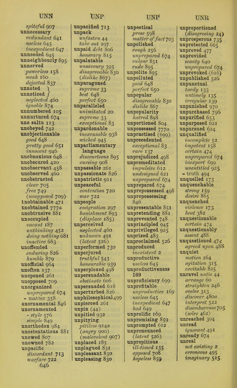 spiteful 907 unnecessary redundant 641 •useless 645 i/wxpedient 647 Tinneeded 645 unneighbourly 895 unnerved powerless 158 weak 160 dejected 837 unnoted 1 unnoticed / necjlecti'd 460 ignoble 874 unnumbered 105 unnurtured 674 uno saltu 113 unobeyed 742 unobjectionable good 648 pretty good 651 innocent 946 unobnoxious 648 unobscured 420 unobservant 458 unobserved 460 unobstructed clear 705 free 749 (^nnopposed 709) t.nobtainable 471 nnobtained 777a unobtrusive 881 unoccupied vacant 187 untMnldng 452 doing nothing 681 inactive 683 unoffended enduring 826 hmnble 879 unofficial 964 unoften 137 unopened 261 unopposed 709 unorganized unprepared 674 - matter 358 anornamental 846 unornamented - S^7/Ze 576 simple 849 unorthodox 984 unostentatious 881 unowed 807 unowned 782 unpacific discordant 713 narfare 722 646 unpacified 713 unpack unfasten 44 talie out 297 unpaid debt 806 hommiry 815 unpalatable unsavoury 395 disagreeable 830 {dislike 867) unparagoned supreme 33 648 perfect 650 unparalleled unimitated 20 supreme 33 exceptional 83 unpardonable inexcusable 938 wicked 945 unparliamentary language discouHcous 895 crorsing 908 unpassable 261 unpassionate 826 unpatriotic 911 unpeaceful contention 720 wffl?' 722 unpeople emigration 297 haniskment 893 (disjjlace 185) unperceived neglected 460 unknovn 491 (latent 526) unperformed 730 unperjured truthful 543 honourable 939 unperplexed 498 unpersuadable obstinate 606 unpersuaded 616 unperturbed 826 unphilosophical499 unpierced 261 unpin (44) unpitied 932 unpitying pitiless 914a (angry 900) (malevolent 907) unplaced 185 unplagued 831 unpleasant 830 unpleasing 830 unpoetical jjrose 598 matter of fact 703 unpolished rough 256 unprepared 674 rulga/)' 851 895 unpolite 895 unpolluted 648 jn;rfe(yt 650 unpopular disagreeable 830 dislilu} 867 unpopularity hatred 898 unportioned 804 unpossessed 777a unpractised (699) unprecedented cxcejitional 83 mr<3 137 unprejudiced 498 unpremeditated impulsive 612 undesigned 621 unprepa/red- 674 unprepared 674 unprepossessed 498 unprepossessing 846 unpresentable 851 unpretending 881 unprevented 748 unprincipled 945 unprivileged 925 unprized 483 unproclaimed 526 unproduced incxistent 2 unproductive useless 645 unproductiveness 169 unproficiency 699 unprofitable unproductive 169 useless 645 inexpedient 647 649 unprolific 169 unpromising 859 unprompted 612 unpronounced (latent 526) unpropitious ill-timed 135 opposed 708 hopeless 859 unproportioned (disagreeing 24) unprosperous 735 unprotected 665 unproved 477 unprovided scanty 640 unprepared 674 unprovoked (616) unpublished 526 unpunctual 133 untimely 135 irregula/)' 139 unpunished 970 unpurchased 796 unpurified 653 unpurposed 621 unpursued 624 unqualified incomplete 52 impotent 158 certain 474 unprepan'ed 674 inexpert 699 unentitled 925 - truth 494 unquelled 173 unquenchable strong 159 desire 865 unquenched violence 175 382 unquestionable certain 474 unquestionably assent 488 unquestioned 474 agreed ujwn 48S unquiet motion 264 agitation 315 excitable 825 unravel 44 arrange 60 straighteii 246 evolve 313 discover 480(7. interpret 522 disembarrass 705 (soZi'<! 462) unreached 304 unread ignorant 491 unready 674 unreal nc^ existing 2 erroneous 495 imaginary 515