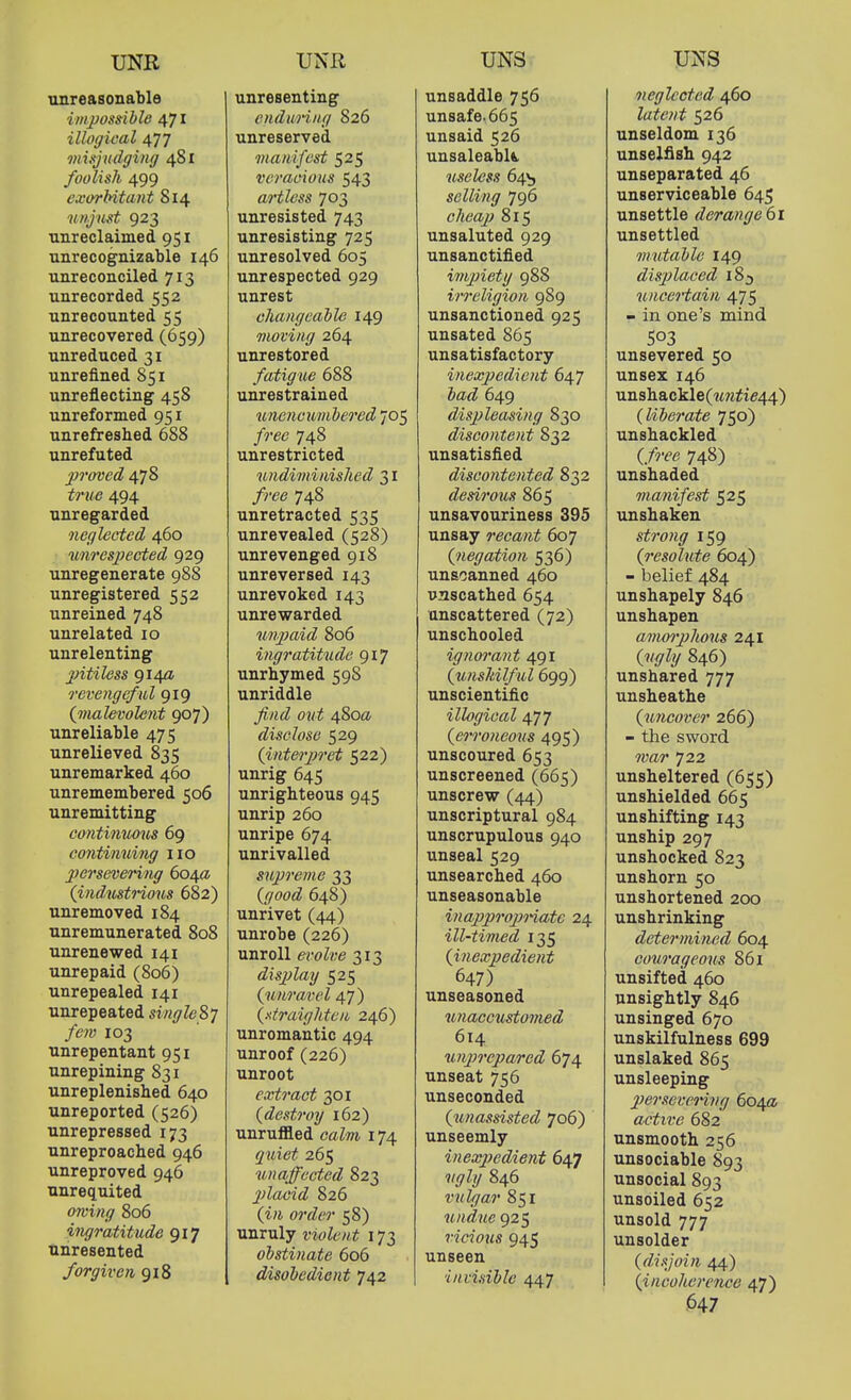 unreasonable impossihle 471 illogical 477 misjudging 481 foolish 499 exorbitant 814 unjust 923 ■anreclaimed 95 x unrecognizable 146 unreconciled 713 unrecorded 552 unrecounted 55 unrecovered (659) unreduced 31 unrefined 851 unreflecting 458 unreformed 951 unrefreshed 688 unrefuted proved 478 true 494 unregarded neglected 460 unresjfected 929 unregenerate 988 unregistered 552 unreined 748 unrelated 10 unrelenting pitiless 914a revengef ul 919 {malevolent 907) unreliable 475 unrelieved 835 unremarked 460 unremembered 506 unremitting cantinuous 69 eo7itimmig no jiersevering 604(1 (industnous 682) unremoved 184 unremunerated 808 unrenewed 141 unrepaid (806) unrepealed 141 unrepeated singleSy few 103 unrepentant 951 unrepining 831 unreplenished 640 unreported (526) unrepressed 173 unreproached 946 unreproved 946 unrequited oning 806 ingratitude 917 tinresented forgiven 918 unresenting endunng 826 unreserved manifest 525 veracious 543 artless 703 unresisted 743 unresisting 725 unresolved 605 unrespected 929 unrest changeable 149 moving 264 unrestored fatigue 688 unrestrained unencumbered 705 free 748 unrestricted undiminished 31 //•ee 748 unretracted 535 unrevealed (528) unrevenged 918 unreversed 143 unrevoked 143 unrewarded unpaid 806 ingratitude 917 unrhymed 59S unriddle find out 480a disclose 529 {interpret 522) unrig 645 unrighteous 945 unrip 260 unripe 674 unrivalled supreme 33 {good 648) unrivet (44) unrobe (226) unroll evolve 313 disjjlay 525 {unravel 47) {xtraightcn 246) unromantic 494 unroof(226) unroot extract 301 {destroy 162) unruflled c«Zm 174 quiet 265 unaffected 823 2)lacid 826 (i« o?yZct- 58) unruly violent 173 obstinate 606 disobedient 742 unsaddle 756 unsafe. 665 unsaid 526 unsaleable useless 64V, selling 796 cheap 815 unsaluted 929 unsanctified impiety 988 irreligion 989 unsanctioned 925 unsated 865 unsatisfactory inexpedient 647 649 displeasing 830 discontent 832 unsatisfied discontented 832 desiroiis 865 unsavouriness 395 unsay recant 607 {negation 536) unsoanned 460 uascatbed 654 unscattered (72) unschooled ignorant 491 {unskilful 699) unscientific illogical 477 {erroneous 495) unsecured 653 unscreened (665) unscrew (44) unscriptural 984 unscrupulous 940 unseal 529 unsearched 460 unseasonable inappropiiate 24 ill-timed 135 {inexpedient 647) unseasoned unaccustomed 614 unprepared 674 unseat 756 unseconded {unassisted 706) unseemly inexpedie?it 647 846 vtilgar 851 undue 925 vicious 945 unseen invisible 447 neglected 460 latent 526 unseldom 136 unselfish 942 unseparated 46 unserviceable 645 unsettle derange 61 unsettled mutable 149 displaced 18^ uncertain 475 - in one's mind 503 unsevered 50 unsex 146 unshackle(M?rfie44) {liberate 750) unshackled (/rd'e 748) unshaded manifest 525 unshaken strong 159 {resolute 604) - belief 484 unshapely 846 unshapen amorphous 241 (?//7Zy 846) unshared 777 unsheathe {uncover 266) - the sword 722 unsheltered (655) unshielded 665 unshifting 143 unship 297 unshocked 823 unshorn 50 unshortened 200 unshrinking determined 604 courageous 861 unsifted 460 unsightly 846 unsinged 670 unskilfulness 699 unslaked 865 unsleeping persevering 604a active 682 unsmooth 256 unsociable 893 unsocial 893 unsoiled 652 unsold 777 unsolder {disjoin 44) {incoherence 47)