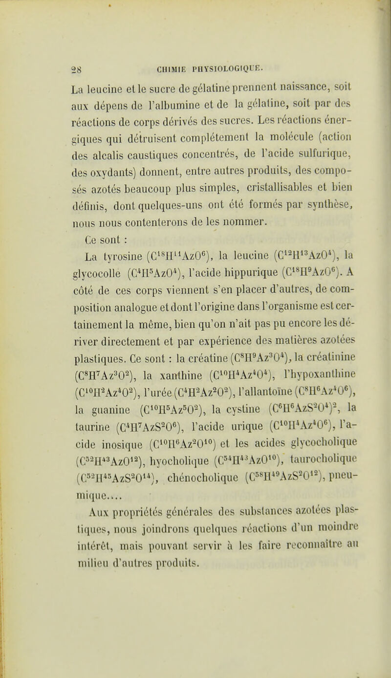La leucine elle sucre de gélatine prennent naissance, soit aux dépens de l'albumine et de la gélatine, soit par des réactions de corps dérivés des sucres. Les réactions éner- giques qui détruisent complètement la molécule (action des alcalis caustiques concentrés, de l'acide sulfurique, des oxydants) donnent, entre autres produits, des compo- sés azotés beaucoup plus simples, cristallisables et bien définis, dont quelques-uns ont été formés par synthèse, nous nous contenterons de les nommer. Ce sont : La tyrosine [mi^'AzO^], la leucine {C''-R'''kzO^), la glycocolle (C^H^AzO^), l'acide hippurique (C^^H^AzO'^). A côté de ces corps viennent s'en placer d'autres, de com- position analogue et dont l'origine dans l'organisme est cer- tainement la même, bien qu'on n'ait pas pu encore les dé- river directement et par expérience des matières azotées plastiques. Ce sont : la créatine (C^H^Az^O*), la créatinine {Cm^zW), la xanthine (C^UPAz^O*), l'hypoxanlhine (C^^r^Az^O^), l'urée (C*H-2Az20-2), l'allantoïne (Cni^Az^Û^), la guanine (C^oiPAz^O'-), la cystine (CeH^AzS'-O*)--, la taurine (C^H'AzS^O*^), l'acide urique (C^°II*Az*0«), l'a- cide inosique (C^^PAz^O^^) et les acides glycocholique (C^2H*3AzOi2), hyocholique (C^^lP-'AzO^^*), taurocholique (C^II^^AzS^O), chénocholique (C^^H^^AzS^Oi^), pneu- mique.... Aux propriétés générales des substances azotées plas- tiques, nous joindrons quelques réactions d'un moindre intérêt, mais pouvant servir à les faire reconnaître au milieu d'autres produits.