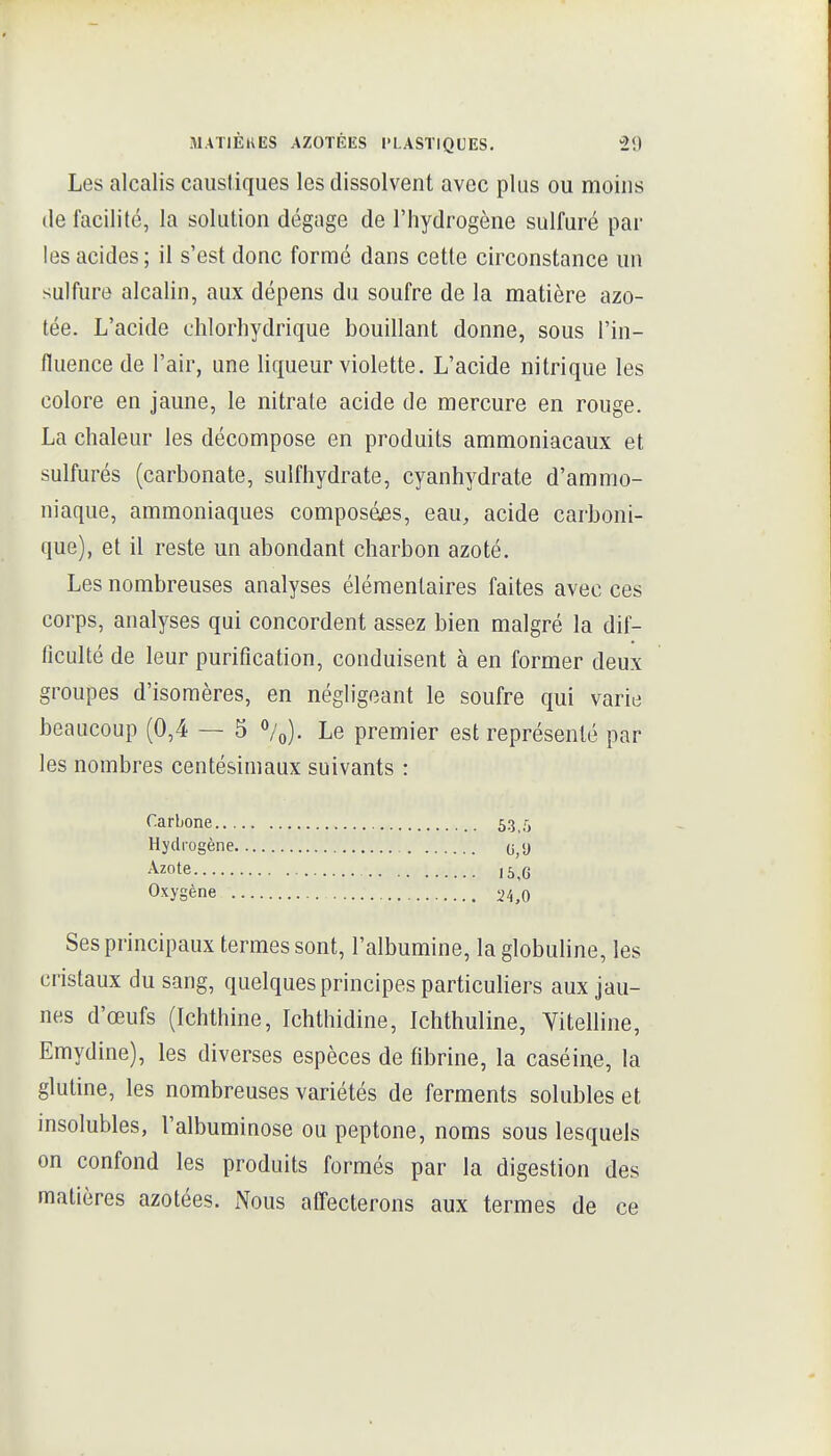 Les alcalis caustiques les dissolvent avec plus ou moins de facilité, la solution dégage de l'hydrogène sulfuré par les acides; il s'est donc formé dans cette circonstance un sulfure alcalin, aux dépens du soufre de la matière azo- tée. L'acide chlorhydrique bouillant donne, sous l'in- fluence de l'air, une liqueur violette. L'acide nitrique les colore en jaune, le nitrate acide de mercure en rouge. La chaleur les décompose en produits ammoniacaux et sulfurés (carbonate, sulfhydrate, cyanhydrate d'ammo- niaque, ammoniaques composées, eau, acide carboni- que), et il reste un abondant charbon azoté. Les nombreuses analyses élémentaires faites avec ces corps, analyses qui concordent assez bien malgré la dif- ficulté de leur purification, conduisent à en former deux groupes d'isomères, en négligeant le soufre qui varie beaucoup (0,4 — 5 %). Le premier est représenté par les nombres centésimaux suivants : Ses principaux termes sont, l'albumine, la globuline, les cristaux du sang, quelques principes particuliers aux jau- nes d'œufs (Ichthine, Ichthidine, Ichthuline, Yitelline, Emydine), les diverses espèces de fibrine, la caséine, la glutine, les nombreuses variétés de ferments solubles et insolubles, l'albuminose ou peptone, noms sous lesquels on confond les produits formés par la digestion des matières azotées. Nous affecterons aux termes de ce Carbone... Hydrogène, Azote Oxygène . 53,.'> 24,0