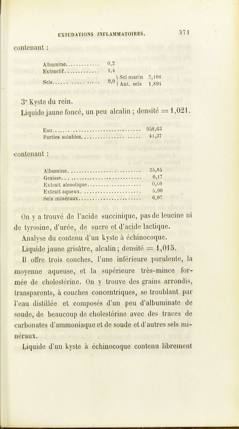 contenant : Albumine f.2 Extractif 1.4 \ Sel marin 7,106' Sels ^'^lAut. sels 1,894 3 Kyste du rein. Liquide jaune foncé, un peu alcalin ; densité = 1,021. Eau 958,63 Parties solubles. 41,37 contenant : Albumine 25,85 Graisse Oi'''^ Extrait alcoolique 0,C0 Extrait aqueux 5,90 Sels minéraux 6,07 On y a trouvé de l'acide succinique, pas de leucine ni de tyrosine, d'urée, de sucre et d'acide lactique. Analyse du contenu d'un kyste à échinocoque. Liquide jaune grisâtre, alcalin; densité = 1,015. 11 offre trois couches, l'une inférieure purulente, la moyenne aqueuse, et la supérieure très-mince for- mée de cholestérine. On y trouve des grains arrondis, transparents, à couches concentriques, se troublant par l'eau distillée et composés d'un peu d'albuminate de soude, de beaucoup de cholestérine avec des traces de carbonates d'ammoniaque et de soude et d'autres sels mi- néraux. Liquide d'un kyste à échinocoque contenu librement