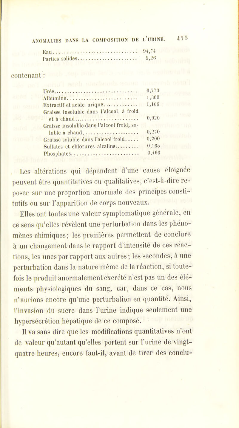 Eau Purlies solides i>,-(> contenant : Urée Albumine Extraclif et acide ui ique Graisse insoluble dans l'alcool, à froid 0,773 1,300 1,16G 0,920 et à chaud Graisse insoluble dans l'alcool froid, so- luble à chaud Graisse soluble dans l'alcool froid Sulfates et chlorures alcalins.... Phosphates 0,270 0,200 0,165 0,466 Les altérations qui dépendent d'une cause éloignée peuvent être quantitatives ou qualitatives, c'est-à-dire re- poser sur une proportion anormale des principes consti- tutifs ou sur l'apparition de corps nouveaux. Elles ont toutes une valeur symptomatique générale, en ce sens qu'elles révèlent une perturbation dans les phéno- mènes chimiques; les premières permettent de conclure à un changement dans le rapport d'intensité de ces réac- tions, les unes par rapport aux autres ; les secondes, à une perturbation dans la nature même de la réaction, si toute- fois le produit anormalement excrété n'est pas un des élé- ments physiologiques du sang, car, dans ce cas, nous n'aurions encore qu'une perturbation en quantité. Ainsi, l'invasion du sucre dans l'urine indique seulement une hypersécrétion hépatique de ce composé. Il va sans dire que les modifications quantitatives n'ont de valeur qu'autant qu'elles portent sur l'urine de vingt- quatre heures, encore faut-il, avant de tirer des conclu-
