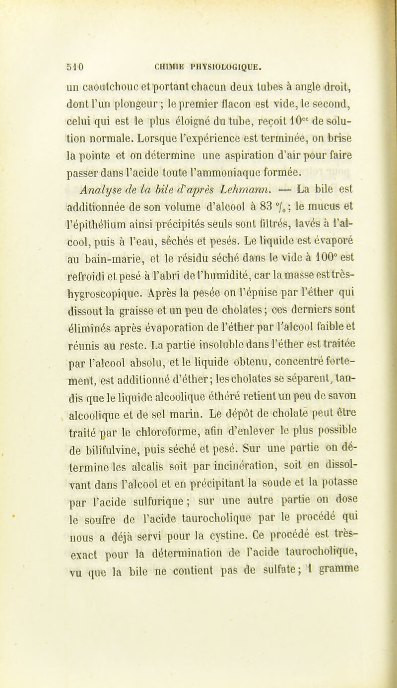 un caoutchouc et portant chacun deux tubes à angle droit, dont l'un plongeur ; le premier flacon est vide, le second, celui qui est le plus éloigné du tube, reçoit 10 de solu- tion normale. Lorsque l'expérience est terminée, on brise la pointe et on détermine une aspiration d'air pour faire passer dans l'acide toute l'ammoniaque formée. Analyse de la bile d'après Lehmann. — La bile est additionnée de son volume d'alcool à 83 7o; le mucus et l'épithélium ainsi précipités seuls sont filtrés, lavés à l'al- cool, puis à l'eau, séchés et pesés. Le liquide est évaporé au bain-marie, et le résidu séché dans le vide à 100° est refroidi et pesé à l'abri de l'humidité, car la masse est très- hygroscopique. Après la pesée on l'épuisé par l'éther qui dissout la graisse et un peu de cholates ; ces derniers sont éliminés après évaporation de l'éther par Talcool faible et réunis au reste. La partie insoluble dans l'éther est traitée par l'alcool absolu, et le liquide obtenu, concentré forte- ment, est additionné d'éther; les cholates se séparent, tan- dis que le liquide alcoolique éthéré retient un peu de savon alcoolique et de sel marin. Le dépôt de cholate peut être traité par le chloroforme, afin d'enlever le plus possible de bilifulvine, puis séché et pesé. Sur une partie on dé- termine les alcalis soit par incinération, soit en dissol- vant dans l'alcool et en précipitant la soude et la potasse par l'acide sulfurique ; sur une autre partie on dose le soufre de l'acide taurocholique par le procédé qui nous a déjà servi pour la cystine. Ce procédé est très- exact pour la détermination de l'acide taurocholique, vu que la bile ne contient pas de sulfate; 1 gramme