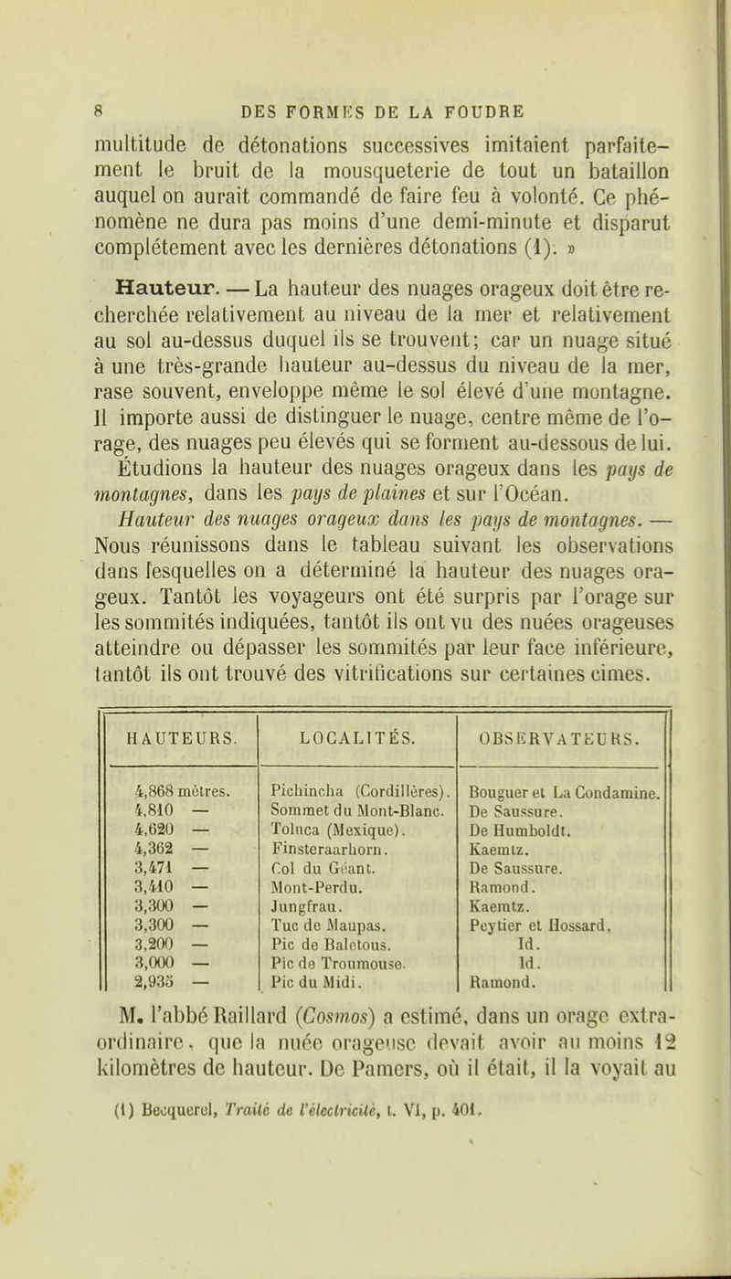 multitude de détonations successives imitaient parfaite- ment le bruit de la mousqueterie de tout un bataillon auquel on aurait commandé de faire feu à volonté. Ce phé- nomène ne dura pas moins d'une demi-minute et disparut complètement avec les dernières détonations (1). » Hauteur. — La hauteur des nuages orageux doit être re- cherchée relativement au niveau de la mer et relativement au sol au-dessus duquel ils se trouvent; car un nuage situé à une très-grande hauteur au-dessus du niveau de la mer, rase souvent, enveloppe même le sol élevé d'une montagne. Il importe aussi de distinguer le nuage, centre même de l'o- rage, des nuages peu élevés qui se forment au-dessous de lui. Étudions la hauteur des nuages orageux dans les pays de montagnes, dans les pays de plaines et sur l'Océan. Hauteur des nuages orageux dans les pays de montagnes. — Nous réunissons dans le tableau suivant les observations dans lesquelles on a déterminé la hauteur des nuages ora- geux. Tantôt les voyageurs ont été surpris par l'orage sur les sommités indiquées, tantôt ils ont vu des nuées orageuses atteindre ou dépasser les sommités par leur face inférieure, tantôt ils ont trouvé des vitrifications sur certaines cimes. HAUTEURS. LOCALITÉS. OBSERVATEURS. 4,868 mctres. Pichincha (Cordillères). Bouguer et La Condamine. 4,810 — Sommet du Mont-Blanc. De Saussure. 4,620 — Toliica (Mexique). De Humboldt. 4,362 — Finsteraarhorn. Kaemlz. 3,471 — r.ol du Géant. De Saussure. 3,410 — Mont-Perdu. Ramond. 3,300 — Jungfrau. Kaeratz. 3,300 — Tue de Maupas. Peylier et Hossard. 3,200 — Pic de Balotous. Id. 3,000 — Pic de Troumouse. Id. 2,933 — Pic du Midi. Ramond. M. l'abbé Rail lard (Cosmos) a estimé, dans un orage extra- ordinaire, que la nuée orageuse devait avoir au moins 12 kilomètres de hauteur. De Paniers, oii il était, il la voyait au (l) Beoquorol, Trailé de l'éleclrkilé, l. VI, p. 401.