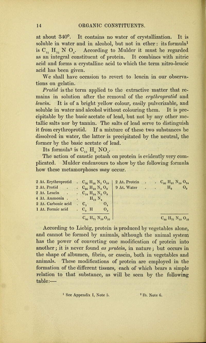 at about 340°. It contains no water of crystallization. It is soluble in water and in alcoliol, but not in etber: its formula^ is N O^. According to Mulder it must be regarded as an integral constituent of protein. It combines witli nitric acid and forms a crystalline acid to which the term nitro-leucic acid has been given. We shall have occasion to revert to leucin in our observa- tions on gelatin. Protid is the term applied to the extractive matter that re- mains in solution after the removal of the erythroprotid and leucin. It is of a bright yellow colour, easily pulverizable, and soluble in water and alcohol without colouring them. It is pre- cipitable by the basic acetate of lead_, but not by any other me- tallic salts nor by tannin. The salts of lead serve to distinguish it from erythroprotid. If a mixture of these two substances be dissolved in water, the latter is precipitated by the neutral, the former by the basic acetate of lead. Its formulas is NO^. The action of caustic potash on protein is evidently very com- plicated. Mulder endeavours to show by the following formula how these metamorphoses may occur. 2 At. Erythroprotid Hi6 Oio 2 At. Protein . 2 At. Protid Hi8 N, Os 9 At. Water H, 2 At. Leucin H24 Os 4 At. Ammonia . H12 2 At. Carbonic acid • c, O4 1 At. Formic acid H O3 ^80 H71 N10O33 ^80 1^71 N,o O33 According to Liebig, protein is produced by vegetables alone, and cannot be formed by animals, although the animal system has the power of converting one modification of protein into another; it is never found as protein, in nature; but occurs in the shape of albumen, fibrin, or casein, both in vegetables and animals. These modifications of protein are employed in the formation of the different tissues, each of which bears a simple relation to that substance, as will be seen by the following table:—