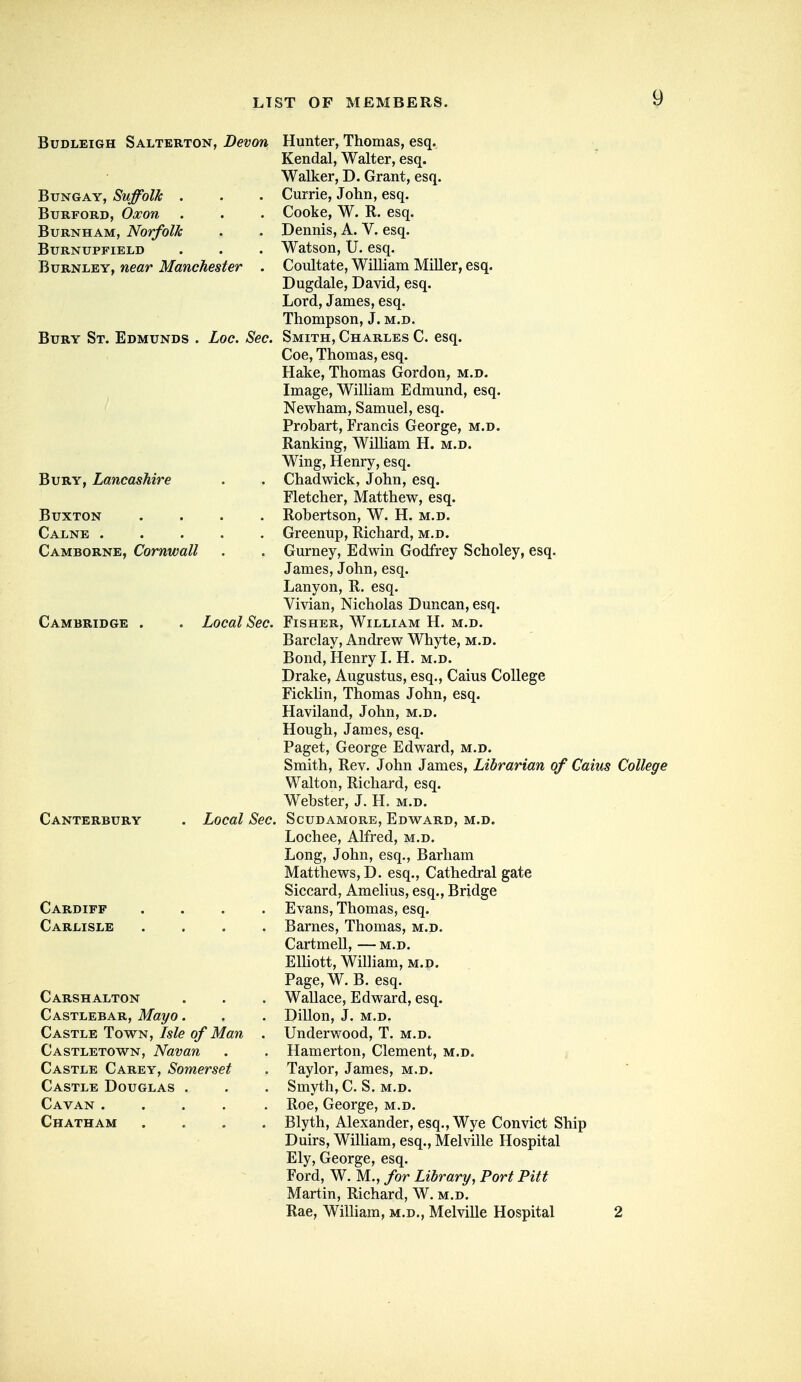 BuDLEiGH Salterton, Devou Hunter, Thomas, esq. Kendal, Walter, esq. Walker, D. Grant, esq. 'Rvi^iGAY, Suffolk , . . Currie, John, esq. BuRFORD, Oicon . . . Cooke, W. R. esq. BuRNHAM, Norfolk . . Dennis, A. V. esq. BuRNUPFiELD . . . Watson, U. esq. Burnley, near Manchester . Coultate, William MiUer, esq. Dugdale, David, esq. Lord, James, esq. Thompson, J. m.d. Bury St. Edmunds . Loc. Sec. Smith, Charles C. esq. Coe, Thomas, esq. Hake, Thomas Gordon, m.d. Image, William Edmund, esq. Newham, Samuel, esq. Probart, Francis George, m.d. Ranking, William H. m.d. Wing, Henry, esq. Bury, Lancashire . . Chadwick, John, esq. Fletcher, Matthew, esq. Buxton .... Robertson, W. H. m.d. Calne Greenup, Richard, m.d. Camborne, Cornwall . . Gurney, Edwin Godfrey Scholey, esq. James, John, esq. Lanyon, R. esq. Vivian, Nicholas Duncan, esq. Cambridge . . Local Sec. Fisher, William H. m.d. Barclay, Andrew Whyte, m.d. Bond, Henry I. H. m.d. Drake, Augustus, esq., Caius College Ficklin, Thomas John, esq. Haviland, John, m.d. Hough, James, esq. Paget, George Edward, m.d. Smith, Rev. John James, Librarian of Caius College Walton, Richard, esq. Webster, J. H. m.d. Canterbury . Local Sec. Scudamore, Edward, m.d. Lochee, Alfred, m.d. Long, John, esq., Barham Matthews, D. esq., Cathedral gate Siccard, Amelius, esq.. Bridge Cardiff .... Evans, Thomas, esq. Carlisle .... Barnes, Thomas, m.d. Cartmell, — m.d. Elliott, William, m.d. Page, W. B. esq. Carshalton . . . Wallace, Edward, esq. Castlebar, Mayo. . . Dillon, J. m.d. Castle Town, Isle of Man . Underwood, T. m.d. Castletown, Navan . . Hamerton, Clement, m.d. Castle Carey, Somerset . Taylor, James, m.d. Castle Douglas . . . Smyth, C. S. m.d. Cavan ..... Roe, George, m.d. Chatham .... Blyth, Alexander, esq.. Wye Convict Ship Duirs, William, esq., Melville Hospital Ely, George, esq. Ford, W. M., for Library, Port Pitt Martin, Richard, W. m.d. Rae, William, m.d., Melville Hospital 2