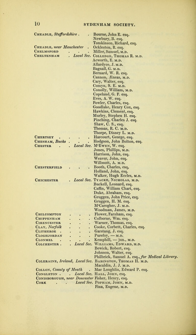 Cheadle, Staffordshire . Cheadle, near Manchester Chelmsford Cheltenham Bourne, John E. esq. Newbury, B. esq. Tomkinson, Richard, esq. Oekleston, R. esq. . Miller, Samuel, M.D. . Local Sec. Colledge, Thomas R. m.d. Acworth, E. m.d. AUardyce, J. m.d. Bagnall, G. m.d. Bernard, W. R. esq. Cannon, iEneas, m.d. Gary, Walter, esq. Comyn, S. E. m.d. Gonolly, William, m.d. Gopeland, G. F. esq. Eves, A. W. esq. Fowler, Charles, esq. Goodlake, Henry Cox, esq. Hawkins, Clement, esq. Murley, Stephen H. esq. Pinching, Charles J. esq. Shaw, C. S., esq. Thomas, R. C. m.d. Thorpe, Disney L. m.d. . Harcourt, George, esq. . Hodgson, John Bolton, esq. . Local Sec. M'Ewen, W. esq. Jones, Phillips, m.d. Harrison, John, esq. Weaver, John, esq. Willmott, A. M.D. . Booth, Charles, esq, Holland, John, esq. Walker, Hugh Eccles, m.d. . Local Sec. Tyacke, Nicholas, m.d. Buckell, Leonard, esq. Caffin, William Chart, esq. Duke, Abraham, esq. Gruggen, John Price, esq. Gruggen, H. M. esq. M'Carogher, J. m.d. Woodman, James, m.d. Flower, Farnham, esq. Colborne, Wm. esq. Warner, Thomas, esq. Cooke, Corbett, Charles, esq. Garstang, J. esq. Purefoy, — m.d. Kemphill, — jun., m.d. Local Sec. Williams, Edward, m.d. Bewick, Robert, esq. Johnson, Walter, esq. Philbrick, Samuel A. esq.,/or Medical Library. Coleraine, Ireland, Local Sec. Babington, Thomas H. m.d. Macaldin, J. J. m.d. CoLLON, County of Meath . Mac Loughlin, Edward P. esq. CoNGLETON . . Local Scc. Hall, John, esq. Conisborough, near Doncaster Fisher, Henry, esq. Cork . . Local Sec. Popham, John, m.d. Finn, Eugene, m.d. Chertsey Chesham, Bucks Chester Chesterfield Chichester Chilcompton Chippenham Cirencester Clay, Norfolk Clitheroe . Cloghjordan Clonmel Colchester .