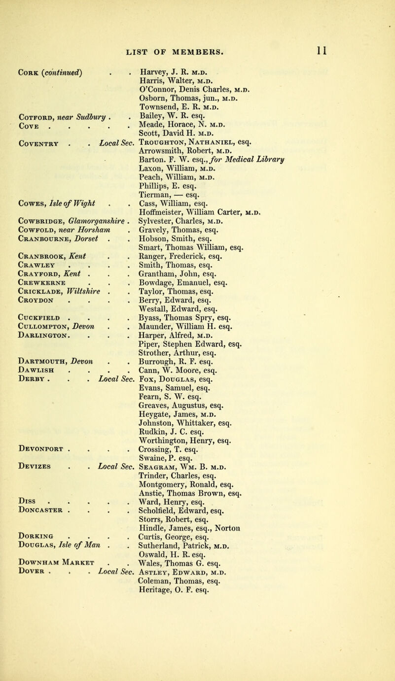 Cork {continued) CoTFORD, near Sudbury . Cove .... Coventry . Local Sec. CowES, Isle of Wight CowBRiDGE, Glamorganshire CowFOLD, near Horsham Cranbourne, Dorset . Cranbrook, Kent Crawley Crayford, Kent . Crewkerne Cricklade, Wiltshire Croydon cuckfield . CuLLOMPTON, Devon Darlington. Dartmouth, Devon Dawlish .... Derby . . . Local Sec. Devonport .... Devizes . . Local Sec. Diss Doncaster . Dorking .... Douglas, Isle of Man . Downham Market Dover . . . Local Sec. Harvey, J. R. m.d. Harris, Walter, m.d. O'Connor, Denis Charles, m.d. Osborn, Thomas, jun., m.d. Townsend, E. R. m.d. Bailey, W. R. esq. Meade, Horace, N. m.d. Scott, David H. m.d. Troughton, Nathaniel, esq. Arrowsmith, Robert, m.d. Barton. F. W. esq.,/or Medical Library Laxon, William, m.d. Peach, William, m.d. Phillips, E. esq. Tierman, — esq. Cass, William, esq. Hoffmeister, William Carter, m.d, Sylvester, Charles, m.d. Gravely, Thomas, esq. Hobson, Smith, esq. Smart, Thomas William, esq. Ranger, Frederick, esq. Smith, Thomas, esq. Grantham, John, esq. Bowdage, Emanuel, esq. Taylor, Thomas, esq. Berry, Edward, esq. Westall, Edward, esq. Byass, Thomas Spry, esq. Maunder, William H. esq. Harper, Alfred, m.d. Piper, Stephen Edward, esq, Strother, Arthur, esq. Burrough, R. F. esq. Cann, W. Moore, esq. Fox, Douglas, esq. Evans, Samuel, esq. Fearn, S. W. esq. Greaves, Augustus, esq. Heygate, James, m.d. Johnston, Whittaker, esq. Rudkin, J. C. esq. Worthington, Henry, esq. Crossing, T. esq. Swaine, P. esq. Seagram, Wm. B. m.d. Trinder, Charles, esq. Montgomery, Ronald, esq. Anstie, Thomas Brown, esq. Ward, Henry, esq. Scholfield, Edward, esq. Storrs, Robert, esq. Hindle, James, esq., Norton Curtis, George, esq. Sutherland, Patrick, m.d. Oswald, H. R. esq. Wales, Thomas G. esq. Astley, Edward, m.d. Coleman, Thomas, esq. Heritage, 0. F. esq.