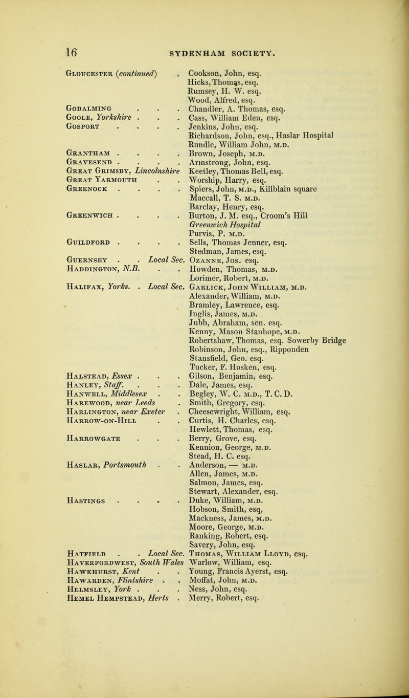 Gloucester {continued) GODALMING GooLE, Yorkshire . GOSPORT Grantham .... Gravesend .... Great Grimsby, Lincolnshire Great Yarmouth Greenock . . . . Greenwich . Guildford .... Guernsey . . Local Sec. Haddington, N.B. Halifax, YorJks. . Local Sec. Halstead, Essex . Hanley, Sta^. Hanv/ell, Middlesex Harewood, near Leeds Harlington, near Exeter Harrow-on-Hill Harrowgate Haslar, Portsmouth Hastings Hatfield . . Local Sec. Haverfordwest, South Wales Hawkhurst, Kent Hawarden, Flintshire . Helmsley, York . Hemel Hempstead, Herts . Cookson, John, esq. Hicks, Thomas, esq. Rumsey, H. W. esq. Wood, Alfred, esq. Chandler, A. Thomas, esq. Cass, William Eden, esq. Jenkins, John, esq. Richardson, John, esq., Haslar Hospital Rundle, William John, m.d. Brown, Joseph, m.d. Armstrong, John, esq. Keetley, Thomas Bell, esq. Worship, Harry, esq. Spiers, John, m.d., Killblain square Maccall, T. S. m.d. Barclay, Henry, esq. Burton, J. M. esq.. Groom's Hill Greenwich Hospital Purvis, P. M.D. Sells, Thomas Jenner, esq. Stedman, James, esq. Ozanne, Jos. esq. Howden, Thomas, m.d. Lorimer, Robert, m.d. Garlick, John William, m.d. Alexander, William, m.d. Bramley, Lawrence, esq. Inglis, James, m.d. Jubb, Abraham, sen. esq. Kenny, Mason Stanhope, m.d. Robertshaw, Thomas, esq. Sowerby Bridge Robinson, John, esq., Ripponden Stansfield, Geo. esq. Tucker, F. Hosken, esq. Gilson, Benjamin, esq. Dale, James, esq. Begley, W. C. m.d., T. C. D. Smith, Gregory, esq. Cheesewright, William, esq. Curtis, H. Charles, esq. Hewlett, Thomas, esq. Berry, Grove, esq. Kennion, George, m.d. Stead, H. C. esq. Anderson, — m.d. Allen, James, m.d. Salmon, James, esq. Stewart, Alexander, esq. Duke, William, m.d. Hobson, Smith, esq, Mackness, James, m.d. Moore, George, m.d. Ranking, Robert, esq. Savery, John, esq. Thomas, William Lloyd, esq. Warlow, Wilham, esq. Young, Francis Ayerst, esq. Moffat, John, m.d. Ness, John, esq. Merry, Robert, esq.