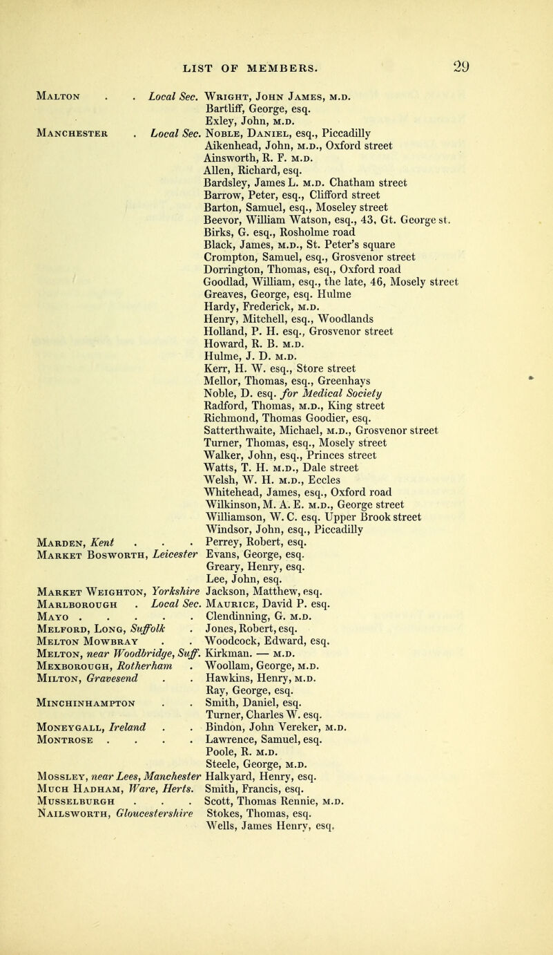 Malton . . Local Sec. Wright, John James, m.d. BartlifF, George, esq. Exley, John, m.d. Manchester . Local Sec. Noble, Daniel, esq., Piccadilly Aikenhead, John, m.d., Oxford street Ainsworth, R. F. m.d. Allen, Richard, esq. Bardsley, James L. m.d. Chatham street Barrow, Peter, esq., Clifford street Barton, Samuel, esq., Moseley street Beevor, William Watson, esq., 43, Gt. George st, Birks, G. esq., Rosholme road Black, James, m.d., St. Peter's square Crompton, Samuel, esq., Grosvenor street Dorrington, Thomas, esq., Oxford road Goodlad, William, esq., the late, 46, Mosely street Greaves, George, esq. Hulme Hardy, Frederick, m.d. Henry, Mitchell, esq., Woodlands Holland, P. H. esq., Grosvenor street Howard, R. B. m.d. Hulme, J. D. m.d. Kerr, H. W. esq., Store street Mellor, Thomas, esq., Greenhays Noble, D. esq. for Medical Society Radford, Thomas, m.d.. King street Richmond, Thomas Goodier, esq. Satterthwaite, Michael, m.d., Grosvenor street Turner, Thomas, esq., Mosely street Walker, John, esq.. Princes street Watts, T. H. M.D., Dale street Welsh, W. H. M.D., Eccles Whitehead, James, esq., Oxford road Wilkinson, M. A. E. m.d., George street Williamson, W. C. esq. Upper Brook street Windsor, John, esq., Piccadilly Marden, Kent . . . Perrey, Robert, esq. Market Bos worth, Leicester Evans, George, esq. Greary, Henry, esq. Lee, John, esq. Market Weighton, Yorkshire Jackson, Matthew, esq. Marlborough . Local Sec. Maurice, David P. esq. Mayo Clendinning, G. m.d. Melford, Long, Suffolk . Jones, Robert, esq. Melton Mowbray . . Woodcock, Edward, esq. Melton, near Woodbridge, Suff. Kirkman. — m.d. Mexborough, Rotherham . WooUam, George, m.d. Milton, Gravesend . . Hawkins, Henry, m.d. Ray, George, esq. Minchinhampton . . Smith, Daniel, esq. Turner, Charles W. esq. Moneygall, Ireland . . Bindon, John Vereker, m.d. Montrose .... Lawrence, Samuel, esq. Poole, R. M.D. Steele, George, m.d. MossLEY, near Lees, Manchester Halkyard, Henry, esq. Much Hadham, Ware, Herts. Smith, Francis, esq. Musselburgh . . . Scott, Thomas Rennie, m.d. Nailsworth, Gloucestershire Stokes, Thomas, esq. Wells, James Henry, esq.