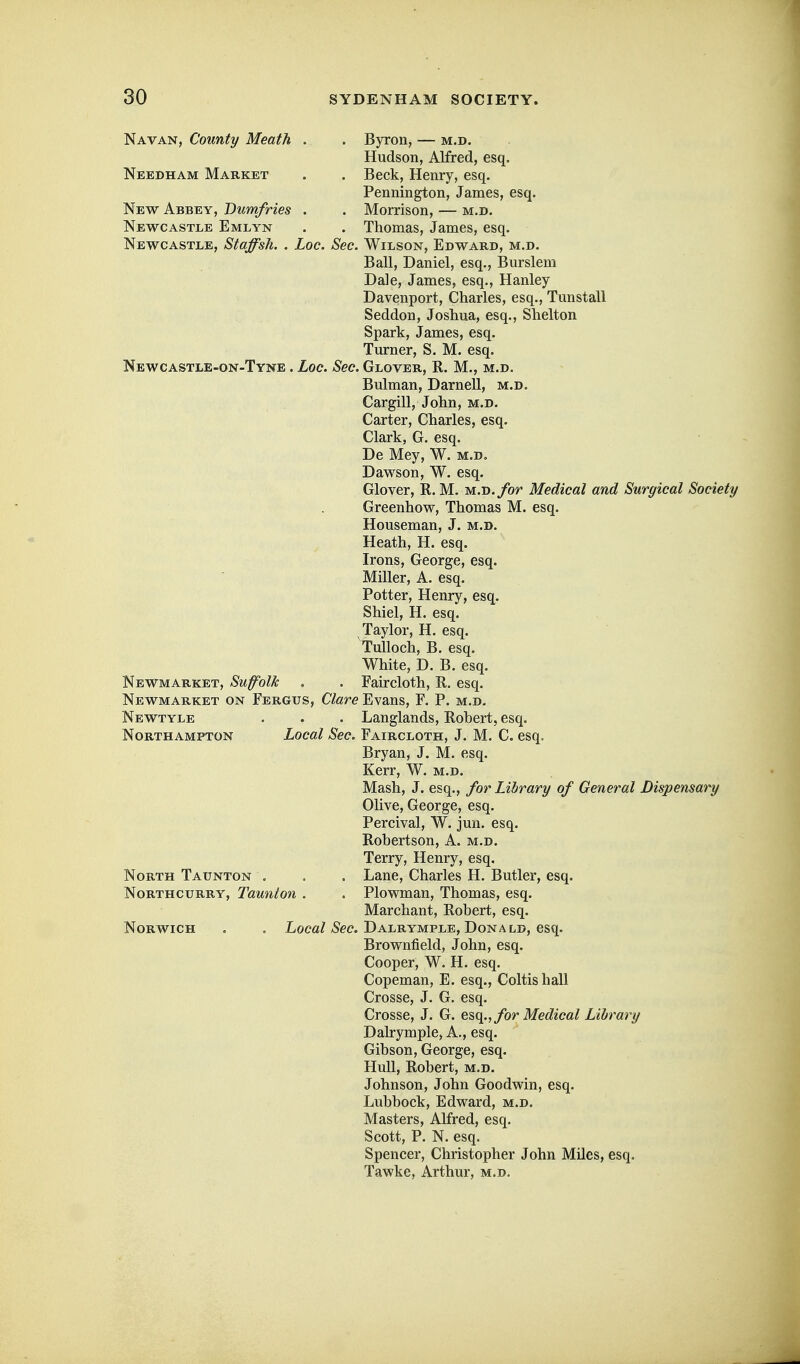 Navan, County Meath . . Byron, — m.d. Hudson, Alfred, esq. Needham Market . . Beck, Henry, esq. Pennington, James, esq. New Abbey, Dumfries . . Morrison, — m.d. Newcastle Emlyn . . Thomas, James, esq. Newcastle, Staffsh. . Loc, See. Wilson, Edward, m.d. Ball, Daniel, esq., Burslem Dale, James, esq., Hanley Davenport, Charles, esq., Tunstall Seddon, Joshua, esq., Shelton Spark, James, esq. Turner, S. M. esq. Newcastle-on-Tyne . Loc. Sec. Glover, R. M., m.d. Bulman, Darnell, m.d. Cargill, John, m.d. Carter, Charles, esq. Clark, G. esq. De Mey, W. m.d. Dawson, W. esq. Glover, R. M. m.d./or Medical and Surgical Society Greenhow, Thomas M. esq. Houseman, J. m.d. Heath, H. esq. Irons, George, esq. Miller, A. esq. Potter, Henry, esq. Shiel, H. esq. Taylor, H. esq. Tulloch, B. esq. White, D. B. esq. Newmarket, Suffolk . . Faircloth, R. esq. Newmarket on Fergus, Clare Evans, F. P. m.d. Newtyle . . . Langlands, Robert, esq. Northampton Local Sec. Faircloth, J. M. C. esq. Bryan, J. M. esq. Kerr, W. m.d. Mash, J. esq., for Library of General Dispensary Olive, George, esq. Percival, W. jun. esq. Robertson, A. m.d. Terry, Henry, esq. North Taunton . . . Lane, Charles H. Butler, esq. NoRTHCURRY, Tttunton . . Plowman, Thomas, esq. Marchant, Robert, esq. Norwich . . Loca/Dalrymple, Donald, esq. Brownfield, John, esq. Cooper, W. H. esq. Copeman, E. esq., Coltishall Crosse, J. G. esq. Crosse, J. G. for Medical Library Dah-ymple, A., esq. Gibson, George, esq. Hull, Robert, m.d. Johnson, John Goodwin, esq. Lubbock, Edward, m.d. Masters, AKred, esq. Scott, P. N. esq. Spencer, Christopher John MUes, esq. Tawke, Arthur, m.d.