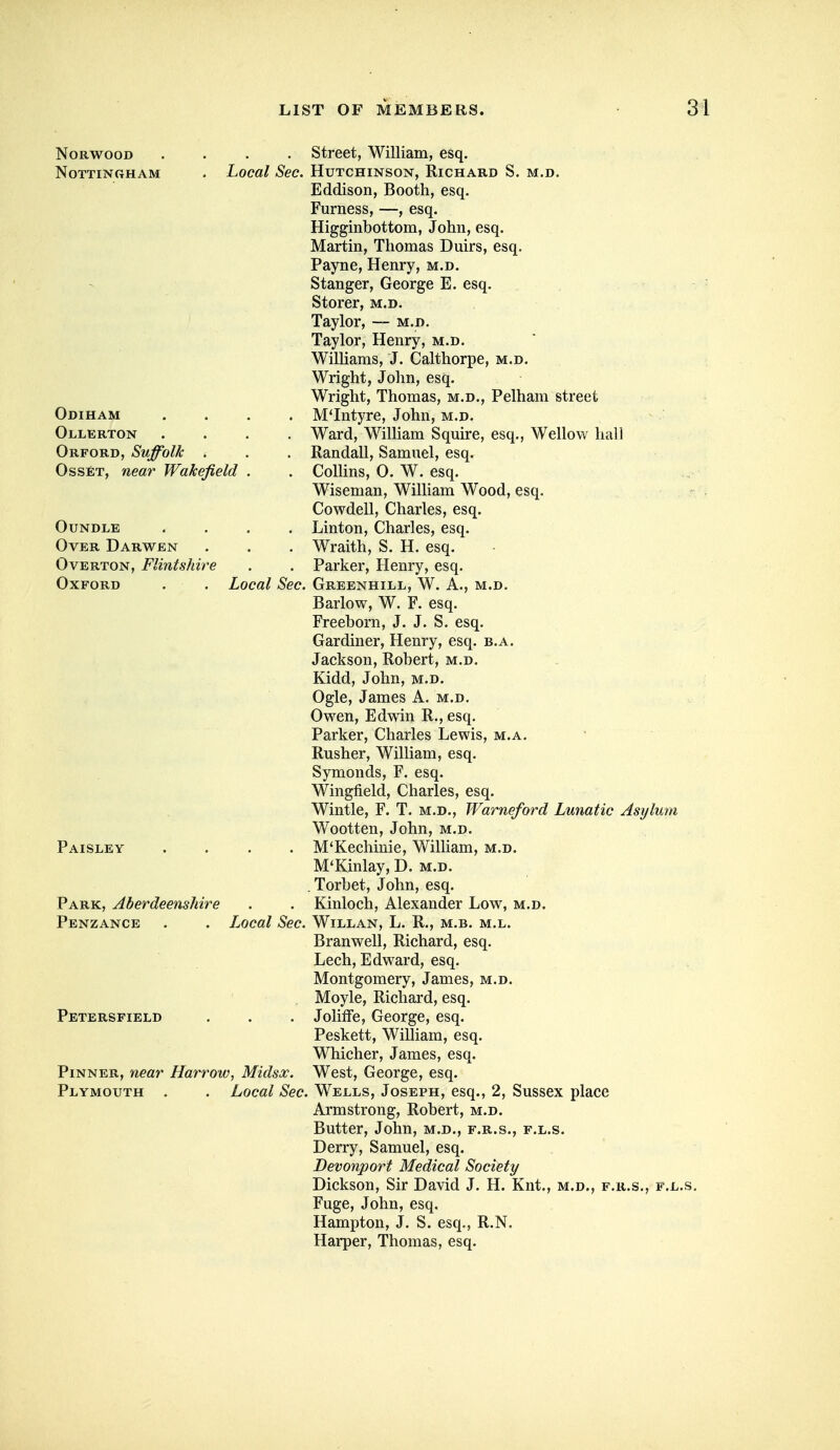 Norwood .... Street, William, esq. Nottingham . Local Sec. Hutchinson, Richard S. m.d. Eddison, Booth, esq. Furness, —, esq. Higginbottom, John, esq. Martin, Thomas Duirs, esq. Payne, Henry, m.d. Stanger, George E. esq. Storer, m.d. Taylor, — m.d. Taylor, Henry, m.d. Williams, J. Calthorpe, m.d. Wright, John, esq. Wright, Thomas, m.d., Pelham street Odiham .... M'Intyre, John, m.d. Ollerton .... Ward, William Squire, esq., Wellow hall Orford, Suffolk . . . Randall, Samuel, esq. OssET, near Wakefield . . Collins, 0. W. esq. Wiseman, William Wood, esq. Cowdell, Charles, esq. OuNDLE .... Linton, Charles, esq. Over Darwen . . . Wraith, S. H. esq. Overton, Flintshire . . Parker, Henry, esq. Oxford . . Local See. Greenhill, W. A., m.d. Barlow, W. F. esq. Freeborn, J. J. S. esq. Gardiner, Henry, esq. b.a. Jackson, Robert, m.d. Kidd, John, m.d. Ogle, James A, m.d. Owen, Edwin R., esq. Parker, Charles Lewis, m.a. Rusher, William, esq. Symonds, F. esq. Wingfield, Charles, esq. Wintle, F. T. m.d., Warneford Lunatic Asylum Wootten, John, m.d. Paisley .... M'Kechinie, William, m.d. M'Kinlay, D. m.d. . Torbet, John, esq. Park, Aberdeenshire . . Kinloch, Alexander Low, m.d. Penzance . . Local Sec. Willan, L. R., m.b. m.l. Branwell, Richard, esq. Lech, Edward, esq. Montgomery, James, m.d. , Moyle, Richard, esq. Petersfield . . . JolifFe, George, esq. Peskett, William, esq. Whicher, James, esq. Pinner, near Harrow, Midsx. West, George, esq. Plymouth . . Local Sec. Wells, Joseph, esq., 2, Sussex place Armstrong, Robert, m.d. Butter, John, m.d., f.r.s., f.l.s. Derry, Samuel, esq. Devonport Medical Society Dickson, Sir David J. H. Knt., m.d., f.r.s., f.l.s. Fuge, John, esq. Hampton, J. S. esq., R.N. Harper, Thomas, esq.